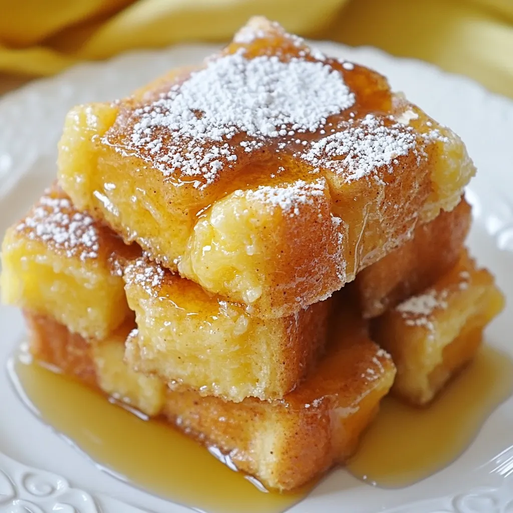- 1 loaf of challah bread, cut into 1-inch cubes - 6 large eggs - 2 cups whole milk - 1/2 cup heavy cream - 1 tablespoon ground cinnamon - 1/4 cup granulated sugar - 1/2 cup packed brown sugar - 1 tablespoon pure vanilla extract - 1/4 cup unsalted butter, melted - 1/4 teaspoon salt - Optional garnishes: powdered sugar, maple syrup Gather these ingredients for a cozy breakfast treat. I love using challah bread because it soaks up the egg mixture well. The eggs and dairy make the casserole creamy. The brown and granulated sugars give it a sweet crunch on top. Ground cinnamon adds warmth and spice, while vanilla gives it a lovely aroma. Melted butter helps combine the brown sugar for a perfect topping. Don't forget the salt; it enhances all the flavors. You can top your finished dish with powdered sugar and drizzle maple syrup for extra sweetness. {{ingredient_image_2}} Preheating your oven is key for a great bake. Set it to 350°F (175°C). This helps the casserole cook evenly. Next, lightly grease a 9x13 inch baking dish with cooking spray or butter. This step prevents sticking and makes serving easy. Now, let’s mix the wet ingredients. In a large bowl, crack six large eggs. Whisk them well. Add two cups of whole milk, half a cup of heavy cream, one tablespoon of pure vanilla extract, one tablespoon of ground cinnamon, a quarter cup of granulated sugar, and a pinch of salt. Mix until smooth and creamy. This blend creates a rich base for your casserole. It’s time to combine! Gently fold in the cubed challah bread. Ensure all cubes get coated with the egg mixture. This step is important for flavor. Let the mixture sit for about 15 minutes. This allows the bread to soak up all those yummy flavors. In a small bowl, mix half a cup of packed brown sugar with a quarter cup of melted unsalted butter. Stir until it’s well blended and crumbly. The goal is a thick, sandy texture. This mixture adds sweetness and a nice crunch on top. Start layering your casserole. Pour half of the soaked bread mixture into the greased dish. Drizzle half of the brown sugar mixture over it. Then, add the rest of the bread mixture. Finally, drizzle the remaining brown sugar mixture on top. This layered approach gives the casserole great texture. Cover the baking dish with aluminum foil. This helps to keep moisture in while baking. Place it in the preheated oven and bake for 30 minutes. After that, remove the foil and bake for another 15-20 minutes. It’s done when the top is golden brown and the center is set. When it’s out of the oven, let the casserole cool for a few minutes. This makes it easier to cut. Lightly dust the top with powdered sugar for a sweet touch. Serve warm slices drizzled with maple syrup. Enjoy this delightful dish at breakfast or brunch! Using challah bread gives a soft and rich flavor to the casserole. Its eggy texture absorbs the custard well. This bread makes every bite delightful. If you do not have challah, try brioche or French bread. Both options work well and add nice sweetness. To avoid sogginess, let the bread soak only for 15 minutes. This allows it to absorb the liquid without getting too wet. If you prefer a firmer texture, reduce the soaking time. Adjust baking time for your taste. If you want a crispier top, bake it longer without the foil for a few extra minutes. Cut the casserole into even squares. Stack them neatly on a plate for a great look. Dust the top lightly with powdered sugar for elegance. Fresh berries like strawberries or blueberries add color too. This makes the dish even more appealing and tasty. Pro Tips Use Stale Bread: For the best texture, use day-old challah or bread. This will absorb the custard mixture better without becoming too soggy. Customize the Spices: Feel free to experiment with spices like nutmeg or cardamom for a unique flavor twist in your casserole. Overnight Option: Prepare the casserole the night before and refrigerate. This allows the bread to soak up the custard overnight for enhanced flavor. Serving Suggestions: Pair with fresh fruits like berries or banana slices and a dollop of whipped cream for a delightful brunch presentation. {{image_4}} You can add fun fruits to your casserole. Berries like strawberries and blueberries work great. Bananas also add a nice sweetness. They give a fresh taste too! You can switch up spices for more flavor. Try nutmeg for warmth or cardamom for a hint of spice. Each choice gives a new twist to the dish. If you need gluten-free options, use gluten-free bread. Many stores sell good options now. For dairy-free, swap whole milk and cream with almond or oat milk. You can also use coconut milk for a richer taste. These changes keep the dish tasty while meeting your needs. Think about what to serve with your casserole. Crispy bacon or sausage can make it heartier. You can also add fresh fruit on the side for brightness. This dish works well as breakfast or dessert. Drizzle it with maple syrup for breakfast or add whipped cream for dessert. Each way makes it special. To keep your baked cinnamon sugar French toast casserole fresh, refrigerate it. Place it in an airtight container. You can also freeze it. Cut the casserole into slices. Wrap each slice in plastic wrap, then place it in a freezer bag to avoid freezer burn. In the fridge, the casserole lasts about 3 to 4 days. If you freeze it, aim to use it within 2 to 3 months for the best taste. For reheating, the oven works best. Preheat it to 350°F (175°C). Place the casserole slices in a baking dish. Cover them with foil to keep the moisture. Heat for about 15 to 20 minutes. You can also microwave individual slices for quick servings. Just make sure to watch the time. After reheating, serve with a drizzle of maple syrup. This adds a sweet touch to each slice. Enjoy your flavorful breakfast or brunch! Yes, you can prep this casserole in advance. To do this, follow these tips: - Prepare the casserole up to the baking step. - Cover it well and store it in the fridge overnight. - When ready to bake, remove it from the fridge. Let it sit for about 30 minutes at room temperature. - Bake as directed, adding a few extra minutes if needed. This way, you save time on busy mornings. You can enjoy a warm, tasty meal without stress. If you want to replace eggs, here are some great options: - Use 1/4 cup of unsweetened applesauce for each egg. - Try 1/4 cup of mashed banana. - Use a commercial egg replacer according to the package. These changes may alter the texture and flavor a bit, but they work well. Applesauce adds moisture and sweetness, while banana gives a fruity taste. Look for these signs to check if the casserole is ready: - The top should be a golden brown color. - The center should feel firm, not jiggly. To test doneness, insert a toothpick into the center. If it comes out clean, the casserole is done. If it has wet batter on it, bake a little longer. This way, you ensure every piece is fully cooked and delicious. You learned how to make a tasty challah French toast casserole. We covered key ingredients, like eggs and milk, plus essential steps for mixing and baking. Remember to layer well for great flavor and texture. You can customize with fruits or spices, and adjust for diets too. Follow my tips to store and reheat leftovers correctly. Enjoy this dish for breakfast or dessert. Get creative with garnishes, and make it your own!