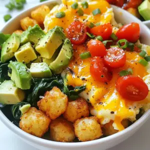 To make a tasty Tater Tot Breakfast Bowl, gather these simple ingredients: - 2 cups frozen tater tots - 4 large eggs - 1 cup shredded cheddar cheese - 1 cup fresh spinach, chopped - 1/2 cup cherry tomatoes, halved - 1/4 cup green onions, sliced - 1/2 avocado, diced - 1 tablespoon olive oil - Salt and pepper to taste - Optional: Salsa for garnish Each ingredient plays a role in the dish's flavor and texture. The tater tots give a crispy base that contrasts with the soft eggs and creamy avocado. Fresh spinach adds a healthy touch, while cherry tomatoes bring sweetness and color. Green onions add a nice crunch and a bit of bite. You can adjust these ingredients based on your taste or what you have at home. Enjoy the fun of mixing flavors and colors! {{ingredient_image_2}} - Preheat your oven to 425&deg;F. - Prepare a baking sheet with parchment paper. This helps with cleanup. - Spread the frozen tater tots in a single layer. Bake until golden brown, about 20-25 minutes. Turn them halfway through for even crispiness. - Heat one tablespoon of olive oil in a skillet over medium heat. - Add one cup of chopped spinach. Cook for 2-3 minutes until it wilts. - Season the spinach lightly with salt and pepper. Transfer it to a bowl and set aside. - Crack four large eggs directly into the same skillet. - Cook the eggs to your liking: scrambled, sunny-side up, or fried. - Season them with salt and pepper. For a cheesy touch, add one cup of shredded cheddar cheese just before they finish cooking. This will melt beautifully. To get crispy tater tots, turn them halfway through baking. This helps both sides get golden brown. Check the doneness based on the brand instructions. Most tater tots take about 20-25 minutes at 425&deg;F. You can cook the eggs in many ways. Try scrambled, sunny-side up, or fried. Each style offers a different taste. Don&rsquo;t forget to add spices or herbs for extra flavor. A pinch of paprika or fresh herbs can make a big difference. When serving, arrange the ingredients in bowls. Start with a layer of tater tots. Next, add spinach and eggs. Top with tomatoes, avocado, and green onions. This makes it look appealing. For a nice touch, add garnishes like sliced green onions or a side of salsa. Enjoy the vibrant colors as you dig in! Pro Tips Use Fresh Ingredients: Opt for fresh spinach and ripe avocado for the best flavor and nutrition. Fresh ingredients will elevate the overall taste of your breakfast bowl. Customize Your Toppings: Feel free to add or substitute ingredients based on your preferences. Consider adding cooked bacon, sausage, or different types of cheese for variety. Perfectly Cooked Eggs: For perfectly cooked eggs, consider using a lid on your skillet while frying or scrambling. This helps to cook the tops evenly and keep them fluffy. Make It Ahead: You can prepare the tater tots and saut&eacute;ed spinach ahead of time. Store them separately in the fridge and assemble your bowls in minutes for a quick breakfast. {{image_4}} You can easily make a vegetarian Tater Tot Breakfast Bowl. Try using tofu scramble instead of eggs. Tofu absorbs flavors well. Just saut&eacute; it with spices like turmeric and garlic powder. You can also add more veggies. Bell peppers work great for color and crunch. Mix them in with the spinach for a hearty meal. If you enjoy meat, add bacon or sausage to your bowl. Cook the bacon until crispy, then chop it up. Sausage can be crumbled and browned in the skillet. Both add rich flavors and protein. Pair them with your eggs for a satisfying start to your day. Need a gluten-free option? Look for gluten-free tater tot brands. They taste just as good! You can also swap tater tots for hash browns. Just prepare them in the same way. Both options provide a crispy base for your bowl. Enjoy these alternatives without worry! After enjoying your tater tot breakfast bowl, you may have some leftovers. Store them in the fridge. Use an airtight container to keep them fresh. This helps prevent moisture loss and keeps flavors intact. Reheat your tater tots in the oven for best results. Set the oven to 375&deg;F (190&deg;C). Spread the tots on a baking sheet. Heat for about 10 minutes or until they crisp up again. To keep your eggs tasty, reheat them gently in a skillet. Use low heat to avoid overcooking. Stir gently to maintain their shape and flavor. You can freeze components separately for later use. Freeze cooked tater tots and eggs in different containers. This way, they stay fresh longer. When you want to enjoy them again, thaw the items in the fridge overnight. Reheat the tater tots in the oven and the eggs in a skillet. This method works well to keep everything tasty. To make your tater tots crispy, follow these tips: - Bake at high heat: Preheat your oven to 425&deg;F (220&deg;C). This high heat helps them crisp up fast. - Use parchment paper: Line your baking sheet with parchment paper. It prevents sticking and makes cleanup easier. - Spread in a single layer: Arrange the tater tots flat on the baking sheet. Crowding them can lead to sogginess. - Turn halfway: Flip the tater tots halfway through baking. This ensures even crispiness on all sides. - Try an air fryer: If you have one, air fryers work wonders for crisping. Cook at the same temperature and check often. Yes, you can prepare parts of this dish in advance. Here are some best practices: - Prep the tater tots: You can bake them ahead of time. Just reheat them in the oven for a few minutes before serving. - Cook the spinach: Saut&eacute; the spinach and store it in the fridge. It stays fresh for up to three days. - Make the eggs later: Eggs taste best when fresh. Cook them right before serving to keep them fluffy. - Assemble just before eating: Layering the bowls ahead of time can lead to soggy ingredients. Build your bowls just before serving for the best texture. If you want to replace eggs, here are some great options: - Tofu scramble: Crumble firm tofu and saut&eacute; it like eggs. Add spices for flavor. - Chickpea flour: Mix chickpea flour with water. Cook it like scrambled eggs for a vegan option. - Aquafaba: Use the liquid from canned chickpeas. It can bind and add moisture to dishes. - Flaxseed meal: Mix 1 tablespoon of flaxseed meal with 2.5 tablespoons of water. Let it sit for a few minutes to thicken. - Silken tofu: Blend silken tofu until smooth to use in place of eggs in recipes. These substitutes work well and keep your meal tasty! This recipe combines tater tots, eggs, and fresh veggies for a tasty meal. You learned how to prepare each ingredient and cook them step-by-step. Remember, you can customize this dish with proteins or more veggies. Store any leftovers properly and enjoy them later. With these tips, you can make a perfect breakfast or brunch anytime. Get creative and have fun with this dish!