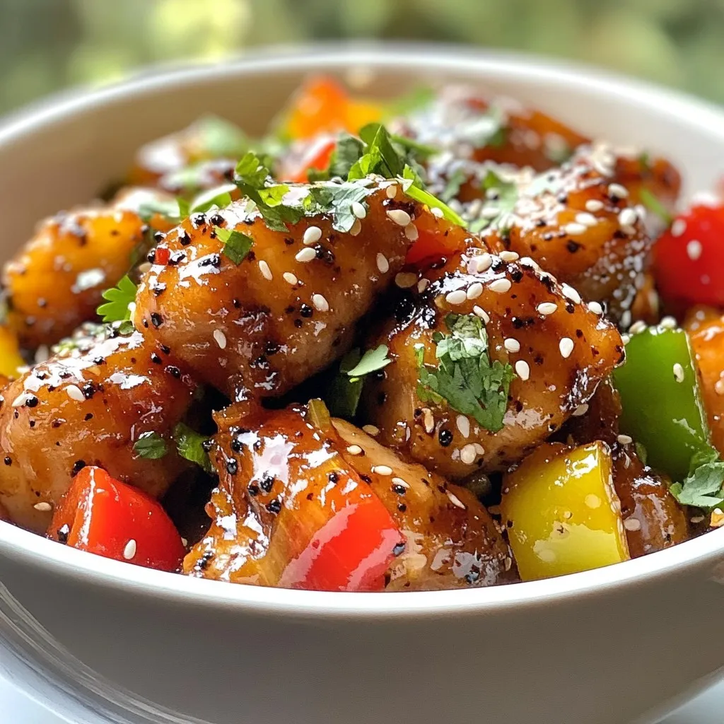 To make Sticky Black Pepper Chicken, you will need these key ingredients: - 500g boneless, skinless chicken thighs, cut into bite-sized pieces - 2 tablespoons soy sauce - 1 tablespoon oyster sauce - 1 tablespoon hoisin sauce - 1 tablespoon brown sugar - 2 teaspoons freshly cracked black pepper - 2 cloves garlic, finely minced - 1-inch piece of ginger, finely grated - 2 tablespoons vegetable oil - 1 red bell pepper, roughly chopped - 1 green bell pepper, roughly chopped - 1 small onion, thinly sliced These ingredients work together to create a rich and tasty dish. To make your dish look great, consider these garnishes: - Sesame seeds - Fresh cilantro These add color and flavor, making your meal pop! Pair your Sticky Black Pepper Chicken with these side dishes: - Steamed rice - Noodles These sides soak up the sauce and balance the meal. Enjoy the mix of flavors! {{ingredient_image_2}} First, grab a large mixing bowl. Add the chicken thighs to the bowl. Next, pour in the soy sauce, oyster sauce, and hoisin sauce. Sprinkle in the brown sugar and cracked black pepper. Then, add the minced garlic and grated ginger. Now, mix everything well. Use your hands or a spoon to coat the chicken evenly. Cover the bowl with plastic wrap. Let it sit for at least 20 minutes. This step makes the chicken flavorful. Heat the vegetable oil in a large skillet or wok. Use medium-high heat until the oil shimmers. Carefully add the marinated chicken to the pan. Make sure not to overcrowd it. Sear the chicken for about 3 to 4 minutes. Don’t stir it; let it get a golden-brown color. This is key for great texture. Once the chicken is seared, stir-fry it for 5 to 7 minutes. Make sure the chicken is fully cooked. The internal temperature should reach 75°C (165°F). Now, add the chopped red and green bell peppers and sliced onion. Stir-fry the mix for another 3 to 4 minutes. This step keeps the veggies crunchy and colorful. If you like more heat, add extra cracked black pepper now. Toss everything well until it’s heated through. To get the best flavor, use fresh ingredients. Fresh garlic and ginger make a big difference. I recommend marinating the chicken for at least 20 minutes. This step helps the chicken soak up all the tasty sauces. You can even marinate it overnight for deeper flavor. Just remember to keep it in the fridge. For a crispy texture, sear the chicken well. Heat the oil until it's shimmering. Place the chicken in a single layer, and don’t stir too soon. Let it brown for 3-4 minutes. After that, stir-fry it to mix in the flavors. If you like softer chicken, cook it longer while stirring. Timing is key in this recipe. Marinate the chicken for a minimum of 20 minutes. If you have time, let it sit for up to 24 hours. When cooking, sear the chicken for 3-4 minutes, then stir-fry for 5-7 minutes. Always check the internal temperature. It should reach 75°C (165°F) to ensure safety. Pro Tips Marinate for Maximum Flavor: Allow the chicken to marinate for at least 20 minutes, or even overnight in the fridge, for deeper flavor absorption. Perfect Searing Technique: Ensure the skillet or wok is hot enough before adding the chicken. This helps achieve a crispy, golden-brown exterior. Customize Your Spice Level: Adjust the amount of black pepper or add red pepper flakes for a spicier kick to suit your taste. Serve Fresh: Serve the dish immediately after cooking to maintain the vibrant colors and textures of the vegetables. {{image_4}} If you want more spice, add extra black pepper. You can also try red pepper flakes. A splash of hot sauce can boost the heat. Just remember to taste as you go. This way, you can find the right level of spice for your palate. You can easily swap chicken for other meats. Pork or beef works well. Just cut them into small pieces like the chicken. For seafood lovers, shrimp is a tasty option too. Cook them until they turn pink and opaque. This keeps the dish just as yummy. For a vegetarian twist, use tofu. Press it to remove extra water, then cut it into cubes. You can also use tempeh or seitan for a hearty meal. Both soak up flavor well. Add your favorite veggies, like mushrooms or broccoli. This way, you keep the dish colorful and nutritious. To keep your sticky black pepper chicken fresh, store it in an airtight container. Let it cool to room temperature first. Place the container in the fridge for up to three days. This helps keep the chicken juicy and the flavors intact. If you want to freeze it, make sure the chicken is completely cool. Use a freezer-safe container or a heavy-duty freezer bag. Label it with the date. You can freeze it for up to three months. When ready to eat, just thaw it in the fridge overnight. For reheating, use a skillet over medium heat. Add a splash of water or broth to keep it moist. Stir occasionally until heated through. You can also use a microwave. Heat in short bursts, stirring often, to avoid drying it out. Enjoy your meal just as fresh as the first time! Sticky Black Pepper Chicken is a savory dish made with chicken thighs. The chicken marinates in a mix of soy sauce, oyster sauce, hoisin sauce, brown sugar, garlic, ginger, and black pepper. After marinating, you sear and stir-fry the chicken with colorful bell peppers and onions. The result is a sticky, flavorful dish that bursts with umami goodness. You serve it hot, topped with sesame seeds and fresh cilantro. Yes, you can prepare Sticky Black Pepper Chicken in advance. Marinate the chicken up to 24 hours ahead. This will deepen the flavors. Once cooked, you can store the chicken in an airtight container in the fridge for up to three days. Reheat it in a skillet for the best texture. The spice level of Sticky Black Pepper Chicken is mild to medium. It gets its heat from freshly cracked black pepper. If you enjoy a spicier kick, add more black pepper during cooking. You can also serve it with chili flakes on the side for those who like more heat. Sticky Black Pepper Chicken pairs well with many sides. Here are some tasty options: - Steamed rice - Noodles - Stir-fried vegetables - Simple salad - Crusty bread These sides balance the dish and complete your meal. Enjoy experimenting with your favorites! In this post, we explored Sticky Black Pepper Chicken, covering key ingredients, marination, and cooking steps. I shared tips for flavor and cooking methods that change texture. You learned variations for spice and proteins, plus how to store leftovers safely. Try these ideas and make this dish your own. Enjoy the cooking journey!