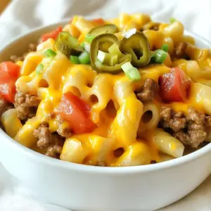 - Pasta options: You can choose between elbow macaroni or rotini pasta. Elbow macaroni is small and easy to eat. Rotini has twists that hold sauce well, making every bite tasty. - Recommended beef blend for flavor: I suggest using an 80/20 ground beef blend. This mix has 80% lean meat and 20% fat. The fat adds great flavor and keeps the beef juicy. - Additional seasonings and their roles: You will need onion powder and garlic powder. These spices add depth to the dish. Salt and black pepper enhance all the flavors. Don't forget the diced tomatoes and beef broth for a rich base. Lastly, cream cheese, cheddar, and mozzarella create a creamy texture. The dill pickles, mustard, and ketchup give that classic cheeseburger taste. {{ingredient_image_2}} To cook the pasta, start by boiling salted water. Once it bubbles, add the elbow macaroni or rotini. Follow the package instructions, but aim for al dente. This means the pasta should be firm but not hard. After cooking, drain the pasta in a colander. Rinsing is not needed, as the starch helps the sauce stick. For the beef, use medium heat. This heat level helps the meat cook evenly. Add the ground beef to the pot after draining the pasta. Break it apart with a spatula as it cooks. Make sure to crumble it well for even cooking. Cook until it is no longer pink, about 5-7 minutes. After browning, drain any excess fat to keep the dish from being greasy. Once you brown the beef, it's time to add flavor. Sprinkle onion powder, garlic powder, salt, and pepper over the meat. Stir well so that the spices mix in. Next, add diced tomatoes and beef broth. Stir again and let it simmer for 2-3 minutes. This allows the flavors to blend nicely. Now, lower the heat to a gentle simmer. Add the softened cream cheese next. Stir constantly until it's melted. Then, mix in the shredded cheddar and mozzarella. This creates a creamy sauce. Finally, gently fold in the drained pasta. Make sure every piece gets coated in that cheesy goodness. Add diced pickles, yellow mustard, and ketchup last. Stir well to combine everything. This step adds a tangy twist that makes it taste just like a cheeseburger! For seasoning, you can swap onion powder for fresh onions. Fresh onions give a nice crunch and flavor. If you like garlic, fresh minced garlic works well too. To enhance the cheese sauce, add a splash of Worcestershire sauce. It adds a rich umami taste that makes each bite special. When melting cheese, keep the heat low. High heat can cause the cheese to clump. Stir it slowly until smooth. To avoid a greasy dish, drain the excess fat after cooking the ground beef. This keeps your pasta creamy, not oily. Garnish your loaded cheeseburger pasta with chopped green onions. They add color and freshness. For family meals, serve in large bowls with a side salad. This makes it easy for everyone to dig in and enjoy. Pro Tips Choose the Right Pasta: Opt for elbow macaroni or rotini to better hold the creamy sauce and meat mixture, ensuring every bite is flavorful. Ingredient Temperature: Make sure the cream cheese is at room temperature before adding it to the pot for easier melting and a smoother sauce. Mix Up the Cheeses: Feel free to experiment with different cheeses, like pepper jack for a spicy kick or gouda for a smoky flavor. Add Fresh Herbs: Consider adding chopped fresh herbs like parsley or chives at the end for an extra layer of flavor and freshness. {{image_4}} You can change proteins in this dish. Use ground turkey for a leaner option. If you want a vegetarian twist, try lentils or a meat substitute. They work well and keep the meal hearty. For cheese lovers, consider dairy-free cheese. Many brands offer great options. This keeps the taste while catering to different diets. Adding veggies can boost nutrition and taste. Chop bell peppers, spinach, or zucchini. These veggies add color and crunch. They fit right in with the pasta and beef. If you like heat, consider adding jalapeños or crushed red pepper. This gives your dish a spicy kick. Adjust the amount based on your taste. For a fun twist, try baked cheeseburger pasta. Just mix your ingredients in a baking dish. Top with more cheese and bake until bubbly. This adds a crispy layer on top that everyone loves. You can also make this a one-pot meal. Cook your pasta, beef, and sauce in one pot. This cuts down on clean-up time. Plus, it keeps all the flavors together. To keep your loaded cheeseburger pasta fresh, use airtight containers. Glass or plastic containers with tight lids work best. This helps prevent air and moisture from spoiling your meal. You can store it in the fridge for up to three days. Make sure the pasta is cool before sealing the container. This keeps it from getting soggy. When reheating, you want to keep that creamy goodness. The best way is to use a skillet on low heat. Add a splash of beef broth or water to help bring back the creaminess. Stir well to mix everything. If you want to refresh your leftovers, add a little extra cheese or pickles. This brings back flavor and adds a fun twist. You can also toss in some fresh herbs for a burst of color. Enjoy your delicious comfort food again! Can I use whole wheat or gluten-free pasta? Yes, you can use whole wheat or gluten-free pasta. Both options work well in this recipe. Whole wheat pasta adds fiber and nutrients. Gluten-free pasta gives those with gluten sensitivity a tasty choice. How can I make this pasta dish spicier? To spice it up, add red pepper flakes or diced jalapeños. You can also use spicy mustard instead of yellow mustard. These changes will give the dish a nice kick without losing its cheeseburger flavor. Caloric information per serving Each serving of loaded cheeseburger pasta has about 600 calories. This number can vary based on the cheese and beef you choose. Always check the product labels for precise details. Tips for making it lighter or healthier To make this dish lighter, swap ground beef for turkey or chicken. Use low-fat cheese and cream cheese. Adding more vegetables can also boost nutrition while keeping flavors strong. How to make this dish appealing to children Make it fun by adding colorful toppings, like green onions or cheese. Use shapes of pasta that kids enjoy. They love elbow macaroni or rotini for their fun twists. Ways to incorporate vegetables without them noticing Chop spinach or zucchini very finely and mix it into the pasta. The cheese sauce hides the veggies well. Kids won’t even know they are eating healthy foods! This blog post covered how to make loaded cheeseburger pasta from start to finish. We explored the best pasta types, like elbow macaroni and rotini. We looked at choosing the right beef and seasonings for great flavor. I shared tips for cooking the pasta, browning the meat, and creating a creamy sauce. You can swap ingredients for variety and store leftovers correctly. Remember, this dish can be tailored to fit any diet or preference. Enjoy making this meal your own and savor the flavors. Happy cooking!