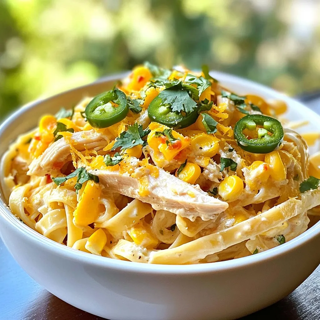 To create a tasty Southwest Alfredo Pasta, you need a few key ingredients. These will make your dish rich and flavorful. Here’s what you will need: - 8 oz fettuccine pasta - 1 tablespoon olive oil - 1 cup cooked chicken, shredded (or black beans for a vegetarian option) - 1 cup heavy cream - 1 cup freshly grated Parmesan cheese - 1/2 cup corn kernels (canned or frozen work great) - 1/2 cup diced bell peppers (use a mix of colors for fun) - 1 tablespoon taco seasoning - Salt and black pepper, to taste - Fresh cilantro, finely chopped (for a lovely garnish) If you want to kick up the flavor, add some extras. Here are a few options: - Sliced jalapeños for heat - Extra cheese for a creamier texture - A squeeze of lime for brightness You can easily swap ingredients to fit your needs or tastes. Here are some ideas: - Use gluten-free pasta instead of fettuccine if you need a gluten-free option. - Replace chicken with black beans for a vegetarian dish. - For a dairy-free version, try coconut cream and nutritional yeast instead of heavy cream and cheese. These tips help you customize the recipe to make it your own. Enjoy mixing and matching! {{ingredient_image_2}} Start by boiling water in a large pot. Add a pinch of salt to the water. Once the water boils, add 8 oz of fettuccine pasta. Cook it for about 8 to 10 minutes. Always check the package for the exact time. You want the pasta to be al dente, or firm but tender. After cooking, drain the pasta in a colander. Set it aside to let excess moisture evaporate. In a large skillet, pour 1 tablespoon of olive oil. Heat the skillet over medium heat. Once hot, add 1 cup of diced bell peppers. Sauté the peppers for 3 to 4 minutes. They should soften and smell sweet. Next, add 1 cup of shredded chicken or black beans for a vegetarian option. Stir in 1/2 cup of corn kernels and 1 tablespoon of taco seasoning. Cook for another 2 to 3 minutes. Make sure everything is heated through and well mixed. Now, pour in 1 cup of heavy cream into the skillet. Stir gently as it heats. Wait until the mixture starts to simmer. Gradually add 1 cup of freshly grated Parmesan cheese. Keep stirring until the sauce becomes creamy and smooth. Once ready, add the cooked fettuccine to the skillet. Toss the pasta in the sauce until it is well-coated. Season with salt and black pepper to your taste. If you want a spicy kick, add sliced jalapeños now. Serve hot, garnished with freshly chopped cilantro for a bright touch. To cook fettuccine pasta just right, follow these steps: - Use a big pot with lots of water. - Salt the water well before adding the pasta. - Cook until it is al dente. This means it should be firm when you bite it. - Drain the pasta but leave some steam in it for a creamy sauce. To boost the taste of your Southwest Alfredo Pasta, try these ideas: - Use fresh herbs like cilantro for a bright flavor. - Add lime juice for a zesty kick. - Mix in different types of cheese like cheddar for extra richness. - Consider roasted garlic for depth. It gives a sweet, smoky taste that pairs well. Here are some pitfalls to steer clear of when making this dish: - Overcooking the pasta can make it mushy. Keep an eye on the timer! - Forgetting to season the sauce can lead to blandness. Taste as you cook. - Not stirring the sauce can cause clumps of cheese. Stir well for a smooth finish. - Skipping the garnish can miss a chance for a fresh pop. Always top with cilantro and extra cheese! Pro Tips Use Fresh Ingredients: Opt for fresh bell peppers and high-quality Parmesan cheese to enhance the flavors of your Alfredo sauce. Adjust the Creaminess: If you prefer a lighter sauce, you can substitute half of the heavy cream with low-fat milk or a non-dairy alternative. Add Extra Protein: For a more filling meal, consider adding cooked shrimp or sautéed mushrooms along with the chicken or black beans. Garnish for Flavor: Fresh cilantro not only adds a pop of color but also complements the Southwest flavors beautifully—don’t skip it! {{image_4}} You can easily make this dish vegetarian or vegan. For a vegetarian option, just swap the chicken for black beans. They add protein and flavor. If you want a vegan version, use plant-based cream and vegan cheese. These swaps keep the meal rich and creamy without dairy. If you love heat, add sliced jalapeños when cooking. You can also increase the taco seasoning for more spice. If you prefer mild flavors, skip the jalapeños and use less seasoning. This way, you control the spice level to fit your taste. You can change the protein in this dish to suit your preferences. Use shrimp, beef, or tofu as alternatives. Each option will give a unique flavor. For a quick meal, pre-cooked proteins work well. Just heat them in the skillet with the veggies before adding the sauce. Store your Southwest Alfredo Pasta in an airtight container. Make sure it cools down first. This keeps it fresh for up to three days in the fridge. If you want to keep it longer, freezing is a great option. Just remember, the pasta may change texture after freezing. To reheat, use a microwave or a skillet. For the microwave, heat in short intervals. Stir between each interval to avoid hot spots. If using a skillet, add a splash of cream or water. This helps keep the sauce creamy as you warm it up. To freeze, let the pasta cool completely. Portion it into freezer-safe bags or containers. Remove as much air as possible before sealing. Label the bags with the date. You can freeze it for up to three months. When ready to eat, thaw it overnight in the fridge before reheating. Southwest Alfredo Pasta combines creamy Alfredo sauce with bold Southwest flavors. It uses fettuccine pasta, chicken, or black beans. Toss in corn, bell peppers, and taco seasoning for a unique taste. This dish is both rich and comforting, perfect for any meal. Yes, you can prepare Southwest Alfredo Pasta ahead of time. Cook the pasta and sauce separately. Store them in airtight containers in the fridge. When you're ready to eat, reheat each part and combine them. This way, your dish stays fresh and tasty. To add heat, try these tips: - Mix in sliced jalapeños when cooking the sauce. - Use spicy taco seasoning instead of regular. - Add a pinch of cayenne pepper for extra kick. These changes will give your dish a fiery flavor that many will love. This blog post covered how to make tasty Southwest Alfredo Pasta. You learned about the main and optional ingredients. We discussed cooking steps and tips for great flavor. I shared variations for dietary needs and how to store leftovers properly. Try this dish for your family or friends. With these tips, you can make pasta your way. Enjoy creating your own version of Southwest Alfredo Pasta!