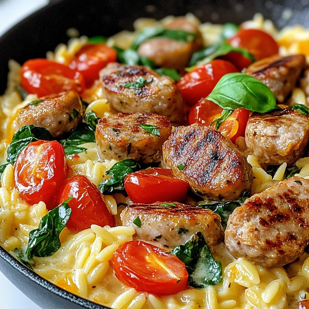 - 1 lb chicken sausage, sliced into half-moons - 1 cup orzo pasta - 4 cups chicken broth (preferably low-sodium) - 1 cup heavy cream - 1 cup baby spinach, roughly chopped - 1 cup cherry tomatoes, halved - 1 small onion, finely diced - 2 cloves garlic, minced - 1 teaspoon Italian seasoning blend - 2 tablespoons olive oil - Salt and black pepper to taste - Fresh basil leaves for garnish In this recipe, I like to keep things simple and fresh. The chicken sausage provides great flavor and protein. The orzo pasta is a fun twist that cooks quickly. You’ll love how it absorbs the chicken broth. For the veggies, baby spinach and cherry tomatoes add color and nutrients. The onion and garlic give a nice base flavor. I always use fresh garlic for the best taste. The Italian seasoning ties all the flavors together. Don’t forget the heavy cream! It makes the dish creamy and rich. I find that using low-sodium chicken broth helps balance the creaminess. You can garnish with fresh basil for a pop of color and taste. This dish is not just easy to make; it’s also packed with flavor. Get your ingredients ready, and you’ll see how simple it is to whip up this delicious meal! {{ingredient_image_2}} 1. Heat 2 tablespoons of olive oil in a large skillet over medium heat. 2. Add 1 small diced onion to the skillet. Sauté it for 3-4 minutes. The onion should be soft and fragrant. 3. Then, add 2 minced garlic cloves and 1 pound of sliced chicken sausage. Cook for 5-6 minutes. Stir often until the sausage is browned. 1. Stir in 1 cup of orzo pasta. Next, pour in 4 cups of low-sodium chicken broth. 2. Add 1 teaspoon of Italian seasoning. Increase the heat until the mixture boils. 3. Once boiling, reduce the heat to low and cover. Let it simmer for 10-12 minutes. Stir occasionally to prevent sticking. The orzo should be tender and absorb most of the broth. 1. Pour in 1 cup of heavy cream. Gently fold in 1 cup of chopped baby spinach and 1 cup of halved cherry tomatoes. 2. Cook for an additional 2-3 minutes. The spinach should wilt and the tomatoes should warm up. 3. Season with salt and freshly cracked black pepper to taste. Stir everything well to mix the flavors. 4. Serve the orzo skillet right away. Add fresh basil leaves on top for a burst of color and flavor. - Heat olive oil in a large skillet over medium heat. - Sauté onion until soft and clear, about 3-4 minutes. - Add garlic and sausage, cooking until browned, about 6 minutes. - Stir often to prevent burning. - Keep the heat steady; too high can burn ingredients. - Add a pinch of red pepper flakes for heat. - Stir in grated Parmesan for a cheesy kick. - Garnish with fresh basil for bright flavor. - Consider fresh herbs like parsley or chives for extra taste. - If orzo is mushy, reduce cooking time next time. - If too dry, add more broth or cream slowly. - For creaminess, mix in more cream or cheese if needed. - Taste and adjust salt and pepper to your liking. Pro Tips Use Quality Sausage: Select high-quality chicken sausage for the best flavor. Look for options made with fresh herbs and spices for added depth. Customize the Veggies: Feel free to add other vegetables like bell peppers or zucchini for extra nutrition and color. Just ensure they are chopped into bite-sized pieces for even cooking. Perfect Creaminess: For a lighter version, substitute half of the heavy cream with low-fat milk or a non-dairy alternative. This will still give you a creamy texture without all the calories. Leftover Storage: Store any leftovers in an airtight container in the fridge for up to 3 days. Reheat gently on the stove with a splash of broth to prevent drying out. {{image_4}} You can mix things up with your protein choice. Turkey sausage works great if you want a leaner option. For a vegetarian twist, try using plant-based sausage or even chickpeas. They add protein and flavor. Switching the pasta can also change the dish. Try using whole wheat or gluten-free orzo. You can even substitute with rice or quinoa if you prefer. Each option gives a new texture and taste. Seasonal vegetables can take this dish to a new level. In spring, add fresh peas or asparagus. In summer, zucchini or bell peppers shine. Fall brings squash or kale, while winter can use root veggies like carrots or sweet potatoes. They all add color and nutrition. Adjusting flavors for the seasons can enhance your meal. Use fresh herbs like basil in summer. In winter, try rosemary or thyme to warm up the dish. A splash of lemon in spring can brighten the flavors, too. If you need a gluten-free option, look for gluten-free orzo. Many brands offer varieties made from rice or corn. They cook similarly and taste great in this recipe. For a dairy-free version, substitute the heavy cream with coconut milk or a nut-based cream. These alternatives keep the dish creamy while catering to dietary needs. You can still enjoy a rich flavor without the dairy. To store leftovers, place the orzo skillet in an airtight container. Let it cool before sealing. Store it in the fridge for up to three days. For longer storage, freeze it in a freezer-safe container. It can last up to three months in the freezer. When reheating, the best method is to use the stove. Pour the orzo into a skillet over low heat. Add a splash of chicken broth or cream to keep it moist. Stir often until it's heated through. You can also use the microwave. Heat in short bursts, stirring in between, to avoid dryness. In the fridge, the orzo skillet lasts about three days. In the freezer, it can last around three months. Look for signs of spoilage, like off smells or mold. If it smells bad or looks weird, throw it away. Always trust your senses to keep your food safe. To make Creamy Chicken Sausage Orzo Skillet healthier, you can: - Use turkey sausage instead of chicken sausage for fewer calories. - Swap heavy cream for Greek yogurt or a low-fat cream alternative. - Add more vegetables, like zucchini or bell peppers, to boost nutrients. - Use whole grain orzo for added fiber. These changes help lower calories and increase health benefits without losing flavor. You still get a creamy dish while enjoying better nutrition. Yes, you can meal prep Creamy Chicken Sausage Orzo Skillet. Here are some best practices: - Cook the dish fully and let it cool before storing. - Divide it into airtight containers for easy serving. - Store in the fridge for up to 4 days or freeze for up to 3 months. - Reheat in the microwave or on the stove with a splash of broth to keep it creamy. Meal prepping makes weeknight dinners quick and easy. For side dishes, consider these options: - A simple green salad with vinaigrette for crunch. - Garlic bread for a comforting touch. - Steamed broccoli or asparagus for a fresh flavor. - Roasted vegetables for extra nutrients. These sides complement the creamy dish and round out your meal nicely. This blog post covered a tasty Creamy Chicken Sausage Orzo Skillet. We explored key ingredients, step-by-step instructions, and helpful tips. You can experiment with various proteins and seasonal veggies to match your preferences. Storing leftovers and reheating properly helps keep the dish fresh. With these insights, you can create a dish your family will love. Enjoy the cooking process and feel free to get creative!