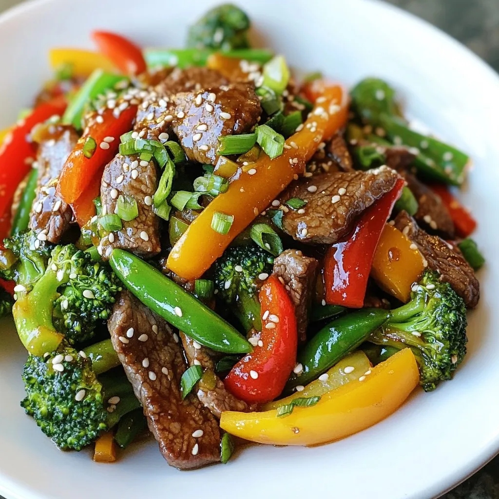- 1 pound beef sirloin, thinly sliced against the grain - 1 cup bell peppers (a mix of red and green), sliced into strips - 1 cup fresh broccoli florets, cut into bite-sized pieces - 1 cup snap peas, ends trimmed The main ingredients set the stage for a great stir fry. Beef sirloin gives a nice flavor and texture. Fresh vegetables add color and crunch. I love using a mix of bell peppers, broccoli, and snap peas for variety. They not only taste great but also look beautiful in the dish. - 2 tablespoons soy sauce - 1 tablespoon sesame oil - 3 cloves garlic, finely minced - 1 tablespoon fresh ginger, finely grated The marinade is vital for flavor. Soy sauce brings saltiness and umami. Sesame oil adds a nutty hint. Garlic and ginger give that warm, spicy taste. Marinating the beef for 10 minutes helps these flavors soak in. - 2 green onions, finely chopped (for garnish) - Sesame seeds, lightly toasted (optional, for garnish) Garnishes elevate the dish. Green onions add a fresh bite, while sesame seeds bring a nice crunch. You can skip them, but they make your stir fry look fancy. Plus, they enhance the flavors. {{ingredient_image_2}} First, let's marinate the beef sirloin. In a medium bowl, mix the sliced beef with soy sauce, sesame oil, garlic, and ginger. Make sure to coat the beef well. Let it sit for about 10 minutes. This step enhances the flavor of the beef. For slicing, always cut against the grain. This means slicing the beef in the opposite direction of the muscle fibers. It helps create tender pieces that cook evenly. Aim for thin slices, about 1/4 inch thick, for quick cooking. Next, we prepare the vegetables. Start by slicing the bell peppers into strips. Cut them evenly to ensure they cook at the same rate. For the broccoli, break it into small florets. This size helps it cook quickly and keeps it vibrant. When you trim the snap peas, make sure to remove both ends. This small step helps keep the peas tender. To preserve color and nutrition, avoid overcooking the veggies. Cook them just until they are bright and slightly tender. Now, heat a large skillet or wok over medium-high heat. Add about a tablespoon of vegetable oil, like canola or peanut oil. Wait until the oil shimmers before adding the beef. This ensures a good sear. Add the marinated beef in a single layer. Allow it to cook without stirring for 2-3 minutes. This helps develop a nice brown crust. After that, stir occasionally until it's cooked through. This step adds great flavor to the beef. With the beef cooked, it's time for the vegetables. Remove the beef from the skillet and set it aside. In the same pan, add the sliced bell peppers, broccoli, and snap peas. Stir-fry the vegetables for about 3-4 minutes. Keep them moving to cook evenly. They should be bright in color and still crisp. This timing is key for a great texture. Finally, add the cooked beef back to the skillet. Mix everything well and stir-fry for another 2 minutes. This allows the flavors to meld together. Add salt and pepper to taste, and your stir-fry is ready to serve. - For the best stir-fry, keep your ingredients ready. Cut beef and veggies before cooking. - Use high heat. This helps cook food fast and keeps it crisp. - To prevent sticking, use a non-stick skillet or wok. Heat oil until hot before adding food. - Add a pinch of red pepper flakes for heat. It can boost your dish's flavor. - Use fresh herbs like basil or cilantro to add brightness. This makes the dish pop. - Balance flavors with salt and freshly ground pepper. Taste as you go to get it just right. - Serve the stir-fry in a large bowl or plate. This makes it look inviting. - Use bright garnishes like green onions and sesame seeds for color. They add a nice touch. - For a complete meal, serve over steamed rice or noodles. This creates a satisfying dish. Pro Tips Marinate for Flavor: Allow the beef to marinate for at least 10 minutes to enhance its flavor. If time permits, marinating for an hour or more will yield even better results. High Heat is Key: Ensure your skillet or wok is very hot before adding the beef. This helps achieve a nice sear and keeps the meat tender. Prep Veggies Ahead: To streamline the cooking process, chop all your vegetables before you start cooking. This will help you maintain a quick cooking pace. Customize Your Veggies: Feel free to swap in your favorite vegetables or whatever you have on hand. Carrots, zucchini, or mushrooms can add great flavor and texture! {{image_4}} You can easily swap beef for chicken or tofu. Both options taste great in this dish. If you use chicken, cut it into thin strips like the beef. For tofu, use firm or extra-firm tofu for the best texture. Cooking times will change slightly. Chicken needs about 5-7 minutes to cook through. Tofu should be cooked until it’s golden, about 4-6 minutes. Always ensure the protein is cooked to a safe temperature. Feel free to change up the veggies based on what you have. Seasonal vegetables like zucchini or asparagus can add freshness. Frozen vegetables work too. They are convenient and often just as nutritious. Adding different veggies gives you new flavors and textures. This keeps every stir fry exciting and nutritious. Aim for a mix of colors for a beautiful dish. You can change the sauce to give your stir fry a new twist. Teriyaki sauce adds a sweet flavor, while oyster sauce gives a savory depth. Both are great choices. If you like heat, add chili paste or red pepper flakes. This will spice things up nicely. Adjust the amount based on your taste. The sauce is key to making this dish flavorful and fun! To store leftovers, let the stir fry cool to room temperature. Place it in an airtight container. This keeps it fresh and safe. I recommend using glass or plastic containers with tight lids. They help keep out air and moisture. For meal prep, you can freeze the stir fry. Divide it into portions and use freezer-safe bags or containers. Squeeze out as much air as you can before sealing. To thaw, move the stir fry to the fridge overnight. You can also microwave it on low power for quick thawing. Reheat it in a skillet on low heat until it’s warm. In the fridge, the stir fry lasts about 3 to 4 days. Check for signs of spoilage. If it smells off or has a slimy texture, throw it away. Always trust your senses to keep your meals safe. The beef needs about 10 minutes to marinate. This time helps the beef soak up all the flavors from the soy sauce, sesame oil, garlic, and ginger. Marinating adds depth to the beef's taste and makes it tender. You can leave it longer if you want even more flavor, but 10 minutes works well for a quick meal. Yes, you can make this stir-fry vegetarian! Simply replace the beef with tofu or seitan. Both options work great. You can also add more veggies like carrots or mushrooms to boost the dish. Use soy sauce or a vegetarian stir-fry sauce to keep the flavors rich. Serve this stir-fry with steamed rice or noodles for a complete meal. You could also pair it with a simple salad for some extra crunch. If you want to add more flavor, try a side of garlic bread or spring rolls. To keep your stir-fry from getting soggy, make sure not to overcrowd the pan. Cook in batches if needed. Use high heat and cook quickly to keep the veggies crisp. Stir-frying them for just a few minutes helps maintain their vibrant color and texture. In this blog post, we explored how to make a delicious beef veggie stir-fry. We covered the main ingredients, from beef sirloin to fresh vegetables. Marinating the beef enhances flavor, while fast cooking keeps veggies crisp. Use our tips to improve your stir-frying skills and experiment with variations. Store leftovers properly to enjoy them later. Remember, stir-frying is a fun and quick way to prepare meals. With these steps, you can create a tasty dish that’s perfect for any night!