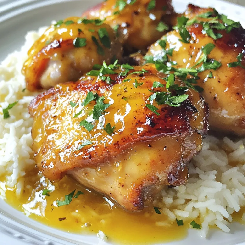 To make Sticky Honey Butter Chicken, you need fresh and simple ingredients. Here’s what you will need: - 4 boneless skinless chicken thighs - 1/4 cup honey - 1/4 cup unsalted butter - 3 cloves garlic, minced - 1 tablespoon soy sauce - 1 tablespoon apple cider vinegar - 1/2 teaspoon smoked paprika - 1/2 teaspoon black pepper - Salt to taste - Fresh parsley, chopped (for garnish) These ingredients work together to create a sweet and savory dish. The chicken thighs are juicy and tender. Honey adds a sweet touch, while butter gives a rich flavor. Garlic brings warmth, and soy sauce adds depth. Apple cider vinegar cuts through the sweetness, balancing the taste. Smoked paprika gives a hint of smokiness, and black pepper adds a gentle kick. Salt enhances all the flavors. Finally, parsley adds a fresh pop of color when you serve the dish. By gathering these ingredients, you set the stage for a delightful meal that’s easy to prepare and full of flavor. {{ingredient_image_2}} 1. First, melt the unsalted butter in a small saucepan over medium heat. 2. When it starts to melt, add the minced garlic. Sauté it for about one minute. 3. Make sure the garlic is fragrant and golden, but don’t let it burn. 4. Next, stir in the honey, soy sauce, apple cider vinegar, smoked paprika, and black pepper. 5. Mix everything well. Let the sauce simmer for 2-3 minutes. This helps it thicken and coat the back of a spoon. 1. While the sauce cooks, season both sides of the chicken thighs generously with salt. 2. Heat a splash of oil in a large skillet over medium-high heat. Wait until it shimmers. 3. Carefully add the chicken thighs to the skillet. Cook them for 5-7 minutes on each side. 4. Look for a golden brown color and check that they reach an internal temperature of 165°F (75°C). 1. After the chicken is cooked, pour the honey butter sauce over the thighs in the skillet. 2. Gently stir to coat the chicken thoroughly. 3. Continue cooking for an additional 2-3 minutes. This allows the sauce to caramelize and cling to the chicken beautifully. - Checking chicken doneness: Use a meat thermometer. The chicken should reach 165°F (75°C). This ensures it is safe to eat. If you don't have one, cut into the thickest part. The juices should run clear, not pink. - Optimal sautéing techniques: Heat your skillet until it shimmers. This helps the chicken brown nicely. Don’t overcrowd the pan; cook in batches if needed to keep the heat steady. - Additional spices to try: Add a pinch of cayenne for heat. You can also try Italian herbs for a different twist. Each spice will change the dish's profile, making it unique. - Suggestions for adjusting sweetness: If you prefer less sweet, reduce honey. You can also add more soy sauce for a savory touch. Balancing flavors is key to your taste. - Serving with sides: This dish pairs well with plain rice or quinoa. Try serving it with roasted veggies for color and nutrition. The contrast makes your plate pop. - Garnishing ideas: Fresh parsley adds a nice touch. You can also sprinkle sesame seeds for crunch. A slice of lime on the side can brighten the dish and add freshness. Pro Tips Use Fresh Ingredients: Fresh garlic and high-quality honey will elevate the flavor of your sticky honey butter chicken significantly. Let It Rest: Allowing the chicken to rest after cooking helps retain its juices, resulting in a more tender and flavorful dish. Adjust Sweetness: If you prefer a less sweet sauce, reduce the amount of honey or add a splash more soy sauce to balance the flavors. Garnish for Flavor: Fresh parsley not only adds color but also enhances the overall flavor profile—don’t skip this step! {{image_4}} You can swap chicken thighs for chicken breasts. Chicken breasts are leaner and cook quickly. They will still soak up the honey butter sauce nicely. Another option is using tofu. Tofu absorbs flavors well. It’s a great choice for plant-based diets. Firm tofu works best. Just press it to remove excess water before cooking. You can also try other plant-based alternatives like tempeh or seitan. To add a twist to your sticky honey butter chicken, try adding citrus zest. Lemon or orange zest can brighten the dish. Just a little zest goes a long way in boosting flavor. Herbs can change the taste, too. Fresh thyme, rosemary, or basil can add depth. Mix in a few herbs as you cook the chicken. They will enhance the overall flavor profile. For a family-style presentation, serve the chicken on a large platter. Drizzle the extra honey butter sauce over the chicken. Add some fresh parsley for color. This makes for a lovely centerpiece at the table. Individual plating is a great option for gatherings. Place each chicken thigh on a plate. Add a scoop of rice or veggies. Drizzle with sauce and top with parsley for a polished look. Enjoy the smiles as you serve this delicious dish! After you enjoy your sticky honey butter chicken, let it cool first. This helps keep the chicken from getting soggy. Store your leftovers in an airtight container. Glass or plastic containers work well. Try to eat it within three days to keep it fresh. You can freeze sticky honey butter chicken for later. Make sure it cools down completely. Then, place it in a freezer-safe bag or container. Squeeze out as much air as you can to avoid freezer burn. When you're ready to eat, thaw it in the fridge overnight. To reheat, use the microwave or a skillet until hot. Keep track of how long your chicken lasts. In the fridge, it stays good for about three days. If you freeze it, it can last up to three months. Check for changes in smell or color. If it looks or smells off, it's best to throw it away. You can serve this dish with many tasty sides. Here are some great options: - Fluffy rice: White or brown rice works well. It soaks up the sauce. - Roasted vegetables: Carrots, broccoli, or bell peppers add color and crunch. - Mashed potatoes: Creamy potatoes balance the sweet and savory chicken. - Salad: A fresh green salad cools down the meal and adds freshness. For flavors, pair the chicken with: - Sweet corn: It complements the honey well. - Coleslaw: The crunch adds texture and balances sweetness. - Garlic bread: Perfect for scooping up that sticky sauce. Yes, you can prepare this dish in advance. Here are some tips: - Cook the chicken: You can cook the chicken and let it cool. - Make the sauce: Prepare the honey butter sauce and store it separately. When you’re ready to serve: 1. Reheat the chicken in a skillet over medium heat. 2. Add the sauce to the chicken as it warms up. 3. Cook until it’s heated through and the sauce is bubbly. No, this dish is not spicy. It offers a sweet and savory flavor. The smoked paprika adds depth but not heat. If you want a kick, try these tips: - Add red pepper flakes: Sprinkle some on while cooking. - Use spicy honey: It adds sweetness with a bit of heat. Adjust the flavor to your taste. Enjoy the mix of sweet and savory! This blog post covers how to make Sticky Honey Butter Chicken, from ingredients to cooking tips. You learned about the key ingredients, like chicken thighs, honey, and garlic. We walked through the steps for sauce prep and chicken cooking. I shared tips on flavor and presentation, plus storage info for leftovers. Enjoy experimenting with variations that suit your taste. This dish is easy to customize and serve. Now you can impress others with your cooking skills and enjoy delicious meals!
