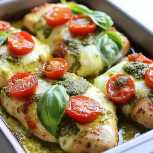 - 4 boneless, skinless chicken breasts - 1 cup fresh basil pesto - 1 cup cherry tomatoes, halved - 1/2 cup mozzarella cheese, shredded - 1/4 cup grated Parmesan cheese - 2 tablespoons olive oil - Salt and pepper to taste - Fresh basil leaves for garnish To make a great pesto chicken, choose fresh ingredients. The chicken breasts should be boneless and skinless for quick cooking. The basil pesto gives a rich flavor. I love using fresh pesto, but store-bought is fine too. Cherry tomatoes add a bright pop of color and taste. Mozzarella cheese melts well and becomes gooey. Parmesan cheese adds a nice salty touch. Olive oil keeps the chicken moist during cooking. Don't forget to season with salt and pepper. Finally, fresh basil leaves look pretty and enhance the dish's flavor. {{ingredient_image_2}} - Preheat the oven to 375&deg;F (190&deg;C). - Season chicken with salt and pepper. To start, I always preheat my oven first. This step helps the chicken cook evenly. While the oven warms, I season the chicken breasts. I use salt and pepper on both sides. This simple seasoning adds great flavor. - Heat olive oil in a skillet. - Sear chicken breasts for 3-4 minutes on each side. Next, I heat olive oil in a skillet over medium heat. I wait until the oil shimmers before adding the chicken. Searing the chicken creates a nice golden crust. I cook each side for about 3-4 minutes. This locks in moisture and flavor. - Transfer seared chicken to a baking dish. - Spread pesto and add cherry tomatoes, cheese. After searing, I move the chicken to a baking dish. I spread a generous layer of basil pesto on top. Then, I add halved cherry tomatoes. I press them gently so their juices mix with the pesto. Finally, I sprinkle shredded mozzarella and Parmesan cheese over everything. - Cover with aluminum foil and bake. - Remove foil to brown cheese and finish baking. Now it&rsquo;s time to bake! I cover the dish with aluminum foil to keep it moist. I bake it for 20 minutes. After that, I remove the foil. This lets the cheese brown nicely. I bake for another 10-15 minutes until the chicken is fully cooked. The ideal internal temperature is 165&deg;F (75&deg;C). To get that perfect golden crust on your chicken, use medium heat. Sear the chicken for 3-4 minutes on each side. This browning step adds flavor and a nice look. Always make sure the chicken is cooked through. It should reach 165&deg;F (75&deg;C) inside. Use a meat thermometer for accuracy. If you don't have one, cut into the thickest part. The juices should run clear, not pink. Serve the pesto chicken directly from the baking dish for a rustic feel. This keeps it warm and ready to eat. To make it look fancy, garnish with fresh basil leaves. You can also drizzle more pesto on top for added flavor. This will impress your guests and make the dish pop with color. Pro Tips Rest the Chicken: Allow the chicken to rest for a few minutes after baking. This helps the juices redistribute, ensuring moist and tender meat. Customize Your Pesto: Experiment with different types of pesto, such as sun-dried tomato or arugula pesto, for a unique flavor profile. Use Fresh Ingredients: Fresh basil and ripe cherry tomatoes will elevate the flavor of this dish. Opt for high-quality ingredients for the best results. Cheese Variations: Feel free to mix and match cheeses. Adding a bit of goat cheese or feta can introduce a wonderful tangy flavor to the dish. {{image_4}} You can mix up this recipe by using different cheeses. Instead of mozzarella, try gouda or feta. Both will add unique flavors to your dish. You can also use cream cheese for a creamy twist. When it comes to veggies, the cherry tomatoes shine. However, you can add bell peppers or zucchini for more color. Spinach or arugula can also give a fresh kick. Don't be afraid to experiment with what you have on hand! To boost flavor, add spices or herbs. A pinch of red pepper flakes adds heat. Dried oregano or thyme will give depth. Fresh herbs like parsley or cilantro can brighten the dish. Choosing between homemade and store-bought pesto is key. Homemade pesto packs a punch, but store-bought is quick and easy. If you choose store-bought, look for brands with good ingredients. This choice can still lead to a tasty meal! Store leftover pesto chicken in an airtight container. Make sure the chicken cools down before sealing it. Place it in the fridge within two hours of cooking. This keeps the meal fresh and safe. You can enjoy the leftovers for up to 3 days. To freeze pesto chicken, first, let it cool completely. Cut the chicken into portions for easy use. Wrap each piece in plastic wrap, then place them in a freezer-safe bag. Squeeze out excess air to prevent freezer burn. This will keep your pesto chicken fresh for up to 3 months. When you&rsquo;re ready to eat, take the chicken out of the freezer. Thaw it in the fridge overnight. To reheat, place it in the oven at 375&deg;F (190&deg;C) until hot. This usually takes about 20 minutes. Enjoy your meal! It takes about 45 minutes to cook pesto chicken. First, you prep the dish in 15 minutes. Then, bake it for 30 minutes. This time helps the chicken get fully cooked and the cheese melt nicely. Yes, you can use frozen chicken breasts. However, make sure to thaw them first. This ensures they cook evenly. You can thaw them overnight in your fridge or use the microwave. The best way to reheat pesto chicken is in the oven. Preheat it to 350&deg;F (175&deg;C). Place the chicken in a baking dish and cover it with foil. Heat for about 15-20 minutes until it&rsquo;s warm throughout. Yes, you can make this dish in advance. Prepare the chicken and assemble it with pesto and cheese. Cover and refrigerate it for up to 24 hours. Just bake it when you&rsquo;re ready to eat! Pesto chicken pairs well with many sides. Here are some ideas: - Simple green salad - Garlic bread - Roasted vegetables - Pasta with olive oil and lemon - Quinoa or rice dishes These sides complement the flavors of the chicken and make a complete meal! Pesto chicken is a tasty dish that&rsquo;s easy to make. We covered the key ingredients, step-by-step cooking, and tips to perfect it. Remember, searing the chicken adds flavor, and fresh basil makes it pop. You can mix things up with different cheeses and vegetables or try homemade pesto. Store leftovers well, and enjoy them for days. With these tips, you&rsquo;ll impress everyone at the table. Cooking can be fun and simple, so dive in and enjoy every bite.