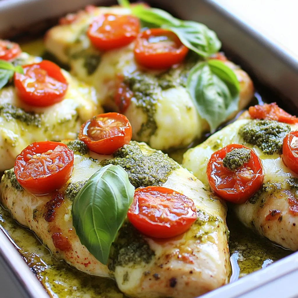 - 4 boneless, skinless chicken breasts - 1 cup fresh basil pesto - 1 cup cherry tomatoes, halved - 1/2 cup mozzarella cheese, shredded - 1/4 cup grated Parmesan cheese - 2 tablespoons olive oil - Salt and pepper to taste - Fresh basil leaves for garnish To make a great pesto chicken, choose fresh ingredients. The chicken breasts should be boneless and skinless for quick cooking. The basil pesto gives a rich flavor. I love using fresh pesto, but store-bought is fine too. Cherry tomatoes add a bright pop of color and taste. Mozzarella cheese melts well and becomes gooey. Parmesan cheese adds a nice salty touch. Olive oil keeps the chicken moist during cooking. Don't forget to season with salt and pepper. Finally, fresh basil leaves look pretty and enhance the dish's flavor. {{ingredient_image_2}} - Preheat the oven to 375°F (190°C). - Season chicken with salt and pepper. To start, I always preheat my oven first. This step helps the chicken cook evenly. While the oven warms, I season the chicken breasts. I use salt and pepper on both sides. This simple seasoning adds great flavor. - Heat olive oil in a skillet. - Sear chicken breasts for 3-4 minutes on each side. Next, I heat olive oil in a skillet over medium heat. I wait until the oil shimmers before adding the chicken. Searing the chicken creates a nice golden crust. I cook each side for about 3-4 minutes. This locks in moisture and flavor. - Transfer seared chicken to a baking dish. - Spread pesto and add cherry tomatoes, cheese. After searing, I move the chicken to a baking dish. I spread a generous layer of basil pesto on top. Then, I add halved cherry tomatoes. I press them gently so their juices mix with the pesto. Finally, I sprinkle shredded mozzarella and Parmesan cheese over everything. - Cover with aluminum foil and bake. - Remove foil to brown cheese and finish baking. Now it’s time to bake! I cover the dish with aluminum foil to keep it moist. I bake it for 20 minutes. After that, I remove the foil. This lets the cheese brown nicely. I bake for another 10-15 minutes until the chicken is fully cooked. The ideal internal temperature is 165°F (75°C). To get that perfect golden crust on your chicken, use medium heat. Sear the chicken for 3-4 minutes on each side. This browning step adds flavor and a nice look. Always make sure the chicken is cooked through. It should reach 165°F (75°C) inside. Use a meat thermometer for accuracy. If you don't have one, cut into the thickest part. The juices should run clear, not pink. Serve the pesto chicken directly from the baking dish for a rustic feel. This keeps it warm and ready to eat. To make it look fancy, garnish with fresh basil leaves. You can also drizzle more pesto on top for added flavor. This will impress your guests and make the dish pop with color. Pro Tips Rest the Chicken: Allow the chicken to rest for a few minutes after baking. This helps the juices redistribute, ensuring moist and tender meat. Customize Your Pesto: Experiment with different types of pesto, such as sun-dried tomato or arugula pesto, for a unique flavor profile. Use Fresh Ingredients: Fresh basil and ripe cherry tomatoes will elevate the flavor of this dish. Opt for high-quality ingredients for the best results. Cheese Variations: Feel free to mix and match cheeses. Adding a bit of goat cheese or feta can introduce a wonderful tangy flavor to the dish. {{image_4}} You can mix up this recipe by using different cheeses. Instead of mozzarella, try gouda or feta. Both will add unique flavors to your dish. You can also use cream cheese for a creamy twist. When it comes to veggies, the cherry tomatoes shine. However, you can add bell peppers or zucchini for more color. Spinach or arugula can also give a fresh kick. Don't be afraid to experiment with what you have on hand! To boost flavor, add spices or herbs. A pinch of red pepper flakes adds heat. Dried oregano or thyme will give depth. Fresh herbs like parsley or cilantro can brighten the dish. Choosing between homemade and store-bought pesto is key. Homemade pesto packs a punch, but store-bought is quick and easy. If you choose store-bought, look for brands with good ingredients. This choice can still lead to a tasty meal! Store leftover pesto chicken in an airtight container. Make sure the chicken cools down before sealing it. Place it in the fridge within two hours of cooking. This keeps the meal fresh and safe. You can enjoy the leftovers for up to 3 days. To freeze pesto chicken, first, let it cool completely. Cut the chicken into portions for easy use. Wrap each piece in plastic wrap, then place them in a freezer-safe bag. Squeeze out excess air to prevent freezer burn. This will keep your pesto chicken fresh for up to 3 months. When you’re ready to eat, take the chicken out of the freezer. Thaw it in the fridge overnight. To reheat, place it in the oven at 375°F (190°C) until hot. This usually takes about 20 minutes. Enjoy your meal! It takes about 45 minutes to cook pesto chicken. First, you prep the dish in 15 minutes. Then, bake it for 30 minutes. This time helps the chicken get fully cooked and the cheese melt nicely. Yes, you can use frozen chicken breasts. However, make sure to thaw them first. This ensures they cook evenly. You can thaw them overnight in your fridge or use the microwave. The best way to reheat pesto chicken is in the oven. Preheat it to 350°F (175°C). Place the chicken in a baking dish and cover it with foil. Heat for about 15-20 minutes until it’s warm throughout. Yes, you can make this dish in advance. Prepare the chicken and assemble it with pesto and cheese. Cover and refrigerate it for up to 24 hours. Just bake it when you’re ready to eat! Pesto chicken pairs well with many sides. Here are some ideas: - Simple green salad - Garlic bread - Roasted vegetables - Pasta with olive oil and lemon - Quinoa or rice dishes These sides complement the flavors of the chicken and make a complete meal! Pesto chicken is a tasty dish that’s easy to make. We covered the key ingredients, step-by-step cooking, and tips to perfect it. Remember, searing the chicken adds flavor, and fresh basil makes it pop. You can mix things up with different cheeses and vegetables or try homemade pesto. Store leftovers well, and enjoy them for days. With these tips, you’ll impress everyone at the table. Cooking can be fun and simple, so dive in and enjoy every bite.