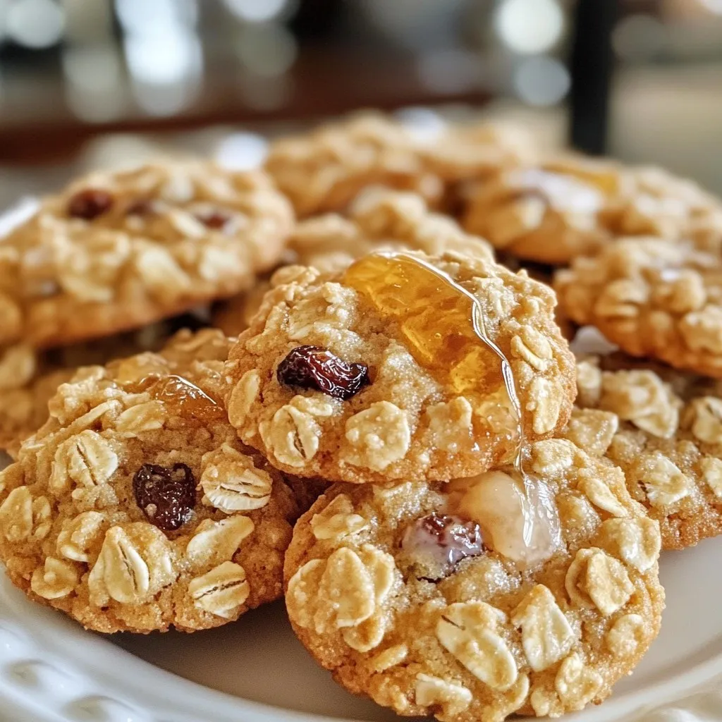 To make soft honey oatmeal cookies, gather these simple ingredients: - 1 cup rolled oats - 1 cup all-purpose flour - 1/2 teaspoon baking soda - 1/2 teaspoon ground cinnamon - 1/4 teaspoon salt - 1/2 cup unsalted butter, softened - 1/2 cup honey - 1/4 cup brown sugar - 1 large egg - 1 teaspoon vanilla extract - Optional mix-ins: raisins or chocolate chips Each ingredient plays a key role in making these cookies soft and sweet. The rolled oats give texture, while the honey adds moisture. The butter keeps them soft, and the egg helps bind everything together. Using brown sugar adds a rich flavor that balances the sweetness of honey. You can also add raisins or chocolate chips for extra fun! {{ingredient_image_2}} - Preheat your oven to 350°F (175°C). - Prepare your baking sheet by lining it with parchment paper. This helps the cookies not to stick. - In a medium bowl, whisk together the rolled oats, all-purpose flour, baking soda, ground cinnamon, and salt. - Make sure they are well mixed. Set this dry mixture aside for later. - In a large mixing bowl, cream together the softened butter, honey, and brown sugar. - Use an electric mixer on medium speed for 2-3 minutes until smooth and creamy. - Beat in one large egg and one teaspoon of vanilla extract. Mix just until combined. - Gradually add the dry mixture to the wet mixture. Stir gently with a spatula. - If you like, fold in raisins or chocolate chips at this stage. - Use a cookie scoop or tablespoon to drop rounded spoonfuls of dough onto the baking sheet. - Space each blob about 2 inches apart for spreading. - Bake in the preheated oven for 10-12 minutes. Watch for the edges to turn lightly golden. - Let the cookies rest on the baking sheet for about 5 minutes. This helps them set. - Then, carefully transfer them to a wire rack to cool completely. - Monitor baking time: Keep an eye on your cookies as they bake. They should bake for 10-12 minutes. I like to set a timer, so I don’t lose track. - Identifying doneness: Look for lightly golden edges. The centers should still feel soft. If they look a bit underbaked, that’s okay! They will firm up as they cool. - Avoid overmixing: When you combine wet and dry ingredients, mix just until blended. Overmixing can make your cookies tough. You want them soft and chewy, so be gentle! - Arrange cookies attractively: Place your cookies on a nice plate. This makes them look more inviting. - Use a honey drizzle: A light drizzle of honey on top adds a sweet touch. A sprinkle of cinnamon can enhance the look and flavor too. Enjoy presenting your delightful cookies! Pro Tips Use Fresh Ingredients: Always opt for fresh ingredients, especially the honey and spices, to enhance the flavor of your cookies. Chill the Dough: For thicker cookies, chill the dough for about 30 minutes before baking. This helps prevent spreading and results in a chewier texture. Experiment with Mix-ins: Feel free to customize your cookies by adding nuts, dried fruits, or different types of chocolate chips for varied flavors and textures. Storage Tips: Store your cookies in an airtight container at room temperature for up to a week to keep them soft and fresh. {{image_4}} You can make these cookies even better! Here are some fun ideas: - Add nuts: Try walnuts or pecans for crunch. Chop them up and fold them in the dough. - Dried fruits: Toss in dried cranberries or apricots. They add a sweet and chewy touch. These flavors make your cookies special. Mix and match to find your favorite combo. Maybe you have some dietary needs? No problem! Here are some easy swaps: - Gluten-free option: Use oat flour instead of all-purpose flour. It keeps the cookies soft. - Vegan adaptations: Swap the butter for coconut oil. Replace the egg with a flax egg (1 tbsp flaxseed meal + 2.5 tbsp water). This keeps the cookies moist. These substitutions help everyone enjoy these soft honey oatmeal cookies. You still get all the yummy flavor! Store your soft honey oatmeal cookies in an airtight container. This keeps them fresh and soft. Place them at room temperature. They will stay good for up to a week. If you want to keep them longer, freezing is the way to go. You can freeze cookie dough or baked cookies. To freeze dough, scoop it onto a baking sheet. Freeze until solid, then transfer the dough balls into a freezer bag. This way, you can bake fresh cookies whenever you want. For baked cookies, let them cool completely first. Then, wrap them tightly in plastic wrap and place them in a freezer bag. They can last up to three months in the freezer. When reheating, you want to keep the cookies soft. The best way is to use the microwave. Heat them for about 10-15 seconds. Check if they are warm but still soft. If you prefer the oven, set it to 300°F (150°C) and warm for about 5-7 minutes. This method helps bring back the fresh-baked taste. Enjoy your cookies just like they came out of the oven! These cookies stay soft because of their key ingredients. First, we use unsalted butter, which creates a tender texture. Honey adds moisture and sweetness, while the brown sugar contributes to that soft, chewy bite. The rolled oats also help keep the cookies from being too dry. They absorb some moisture and make the cookies feel soft. Yes, you can easily swap some ingredients. If you need a gluten-free option, try oat flour instead of all-purpose flour. For sweeteners, you can use maple syrup or agave syrup in place of honey. If you want a dairy-free version, use coconut oil or a plant-based butter. Each swap may change the flavor and texture a bit, but they will still taste good! These cookies can last about a week at room temperature. Keep them in an airtight container to stay fresh. If you want them to last longer, store them in the fridge. They can also be frozen for up to three months. Just make sure to wrap them well to prevent freezer burn. Absolutely! You can mix in a lot of fun ingredients. Add ½ cup of chopped nuts like walnuts or pecans for extra crunch. You can also throw in dried fruits like cranberries or apricots for a chewy texture. If you love chocolate, use chocolate chips or chunks. These mix-ins can take your cookies to a whole new level! You learned how to make soft, delicious cookies with simple ingredients. We covered each step, from mixing to baking, ensuring you bake with confidence. Remember to check for doneness and store cookies properly for the best taste. You can also try fun variations, like adding nuts or making them vegan. With these tips in hand, you're ready to impress everyone with your baking skills. Enjoy sharing your tasty treats and have fun in the kitchen!