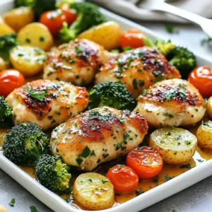 - 4 boneless, skinless chicken breasts - 1 cup baby potatoes, halved - 2 cups broccoli florets - 1 cup cherry tomatoes, whole - 4 tablespoons unsalted butter, melted - 4 cloves garlic, finely minced - 1 teaspoon dried thyme - 1 teaspoon dried rosemary - 1 teaspoon paprika - Salt and pepper to taste - Fresh parsley, finely chopped (for garnish) Choose fresh, high-quality chicken. Look for chicken breasts that are pink and firm. Fresh veggies add flavor and crunch. Select bright green broccoli and firm potatoes. For garlic, use whole cloves and mince them yourself. This gives a stronger flavor. Use unsalted butter to control salt levels. Fresh herbs work best, but dried will do in a pinch. You can swap chicken breasts for thighs if you prefer dark meat. Sweet potatoes can replace baby potatoes for a different taste. If you dislike broccoli, try green beans or zucchini. Cherry tomatoes can be replaced with bell peppers for a sweeter flavor. Use olive oil instead of butter for a lighter option. If you need to avoid garlic, try shallots for a milder taste. {{ingredient_image_2}} 1. Start by preheating your oven to 400&deg;F (200&deg;C). This step is vital for a good roast. 2. In a small bowl, mix together the melted butter, minced garlic, thyme, rosemary, paprika, salt, and pepper. This mix makes a tasty garlic butter sauce. 3. Grab a large baking sheet. Place the chicken breasts in the middle. Leave space around them for veggies. 4. Pour half of the garlic butter sauce over the chicken. Make sure it covers the chicken well. 5. Next, add the halved baby potatoes, broccoli florets, and whole cherry tomatoes around the chicken. This adds color and flavor. 6. Drizzle the rest of the garlic butter sauce over the veggies. This helps them soak up all the tasty flavors. 1. Slide the baking sheet into your preheated oven. Roast for 25-30 minutes. 2. Check that the chicken is fully cooked. It should reach an internal temperature of 165&deg;F (75&deg;C). 3. The veggies should be tender and slightly caramelized. This gives them a great taste and texture. 4. Once done, take the baking sheet out of the oven. Let it rest for 5 minutes. This helps the chicken stay juicy. 5. Before serving, sprinkle fresh parsley on top. It adds a nice color and a fresh taste. - Use a meat thermometer to check the chicken's internal temperature. A reading of 165&deg;F (75&deg;C) means it's safe to eat. - Look for clear juices when you cut into the chicken. If the juices run pink, it needs more time. - For veggies, they should be soft but still a bit crisp. If they look brown, they are perfectly roasted. To boost flavor, use fresh garlic. Fresh garlic gives a strong taste. You can also add lemon juice for a zesty kick. A squeeze of lemon brightens up the dish. If you want more herbs, consider fresh thyme or rosemary. They add a lovely aroma. For a spicy twist, add a pinch of red pepper flakes. For tender chicken, start with even-sized breasts. This helps them cook evenly. Brining the chicken in salt water for 30 minutes helps too. It makes the meat juicy and flavorful. Use a meat thermometer to check doneness. Aim for 165&deg;F (75&deg;C) for safe eating. Let the chicken rest after cooking. This keeps it moist and tasty. This dish is great on its own, but you can add more. Consider serving it with rice or quinoa. These grains soak up the garlic butter sauce well. You can also add a salad on the side for freshness. Mix greens, cucumber, and a light vinaigrette. This adds crunch and balance to the meal. Pro Tips Resting the Chicken: Allow the chicken to rest for at least 5 minutes after baking. This step is crucial for keeping the meat juicy and tender. Choosing Veggies: Feel free to mix and match your vegetables! Carrots, bell peppers, or zucchini can be great alternatives to add variety and color to your dish. Butter Substitutions: If you&rsquo;re looking for a healthier option, consider using olive oil instead of butter. It will still provide great flavor and help with roasting. Flavor Enhancements: For an extra flavor boost, marinate the chicken in the garlic butter sauce for at least 30 minutes before cooking. This allows the herbs to penetrate the meat deeply. {{image_4}} You can swap out vegetables in this dish. Try using carrots, bell peppers, or zucchini. Each brings a new taste and texture. For example, carrots add sweetness, while bell peppers add crunch. You can also use asparagus for a fresh, spring flavor. Just make sure to cut them into similar sizes for even cooking. Chicken is great, but other proteins work too. You can use turkey breasts or even shrimp. If you choose shrimp, remember they cook faster. Cook shrimp for about 10-15 minutes. For a vegetarian option, use firm tofu. Just press it to remove excess water and cut it into cubes. Coat it well in the garlic butter sauce for extra flavor. Get creative with seasoning! If you want a spicy kick, add chili powder or cayenne pepper. For an Italian twist, use oregano and basil. You can even try a curry blend for a unique flavor. Mix and match spices to find your favorite combination. The garlic butter sauce is versatile, so let your taste buds guide you! After your meal, let the leftovers cool for about 30 minutes. Place the chicken and veggies in an airtight container. This keeps them fresh. Store them in the fridge for up to 3 days. When ready to eat, you can enjoy them cold or warm them up. To freeze, first, let the dish cool completely. Then, pack the chicken and veggies in a freezer-safe bag. Remove as much air as possible to prevent freezer burn. You can freeze this meal for up to 3 months. When you want to eat it, thaw it overnight in the fridge before reheating. To reheat, place the chicken and veggies on a baking sheet. Preheat your oven to 350&deg;F (175&deg;C). Warm them for about 15-20 minutes, or until they are hot throughout. You can also use a microwave. Heat in 1-minute intervals, stirring in between, until they are warm. This keeps the chicken juicy and the veggies nice. You can serve this dish with many sides. Rice or quinoa are great choices. They soak up the garlic butter sauce nicely. A simple salad goes well too, adding fresh crunch. You might also enjoy garlic bread for a fun twist. It will complement the chicken's flavor perfectly. Yes, you can use bone-in chicken. Bone-in chicken adds flavor and keeps the meat juicy. Just adjust the cooking time. It may need an extra 10-15 minutes to cook through. Always check the internal temperature. It should reach 165&deg;F (75&deg;C) for safety. You can make this dish healthier in a few ways. Swap out the butter for olive oil. This reduces saturated fat while adding healthy fats. Use more vegetables, like carrots or bell peppers. You can also choose skinless chicken thighs for more flavor with less fat. This recipe for Sheet Pan Garlic Butter Chicken offers simple steps and tasty results. I shared key tips on choosing quality ingredients, cooking methods, and creative variations. You can make this dish fit your taste and needs by adjusting flavor and protein choices. Remember to store leftovers safely and follow reheating tips for the best flavor. With these insights, you can enjoy a satisfying meal every time. Happy cooking!