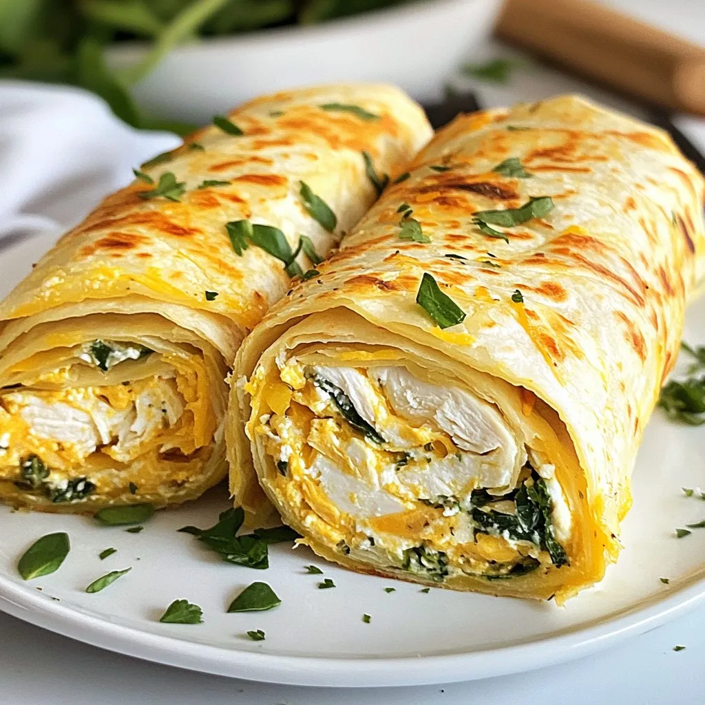 - 2 cups cooked chicken, shredded - 1 cup shredded mozzarella cheese - 1 cup softened cream cheese - 3 cloves garlic, minced - 1 teaspoon dried oregano - 1 teaspoon paprika - 4 large tortilla wraps - 1 cup fresh spinach leaves - 1 tablespoon olive oil - Salt and pepper, to taste - Optional: Sliced jalapeños for a spicy kick Gather all these ingredients before you start. This makes cooking easier and more fun. You want your chicken to be shredded nicely. Use rotisserie chicken for quick prep. The cream cheese adds a rich, creamy texture. Mozzarella gives you that melty goodness. Garlic brings a nice punch of flavor. If you enjoy heat, sliced jalapeños are a great addition. Just remember to adjust the amount based on your taste. Fresh spinach adds color and nutrition. It wilts perfectly in the skillet, which keeps the wrap light. Use good-quality tortillas for the best results. They should be large enough to hold all the filling. Make sure to have salt and pepper ready for extra seasoning. Fresh herbs for garnish add a nice touch when serving. With these ingredients, you set yourself up for a delicious meal. {{ingredient_image_2}} - In a large bowl, combine the shredded chicken, mozzarella, and cream cheese. - Add the minced garlic, oregano, paprika, salt, and pepper. - Stir well to coat each piece. This ensures every bite is packed with flavor. - Heat a non-stick skillet over medium heat and add the olive oil. - Once warm, add the fresh spinach leaves. - Sauté for about 30 seconds. This keeps the spinach bright and tasty. - Take a tortilla and place about 1/2 cup of the chicken mixture in the center. - If you like spice, add a few slices of jalapeños. - Fold the sides of the tortilla in, then roll tightly from the bottom up. This seals the filling inside. - Place the wraps seam-side down in the hot skillet. - Cook for about 3-4 minutes on each side. - Look for a golden brown color and melted cheese to know they’re ready. - After cooking, let the wraps rest for a minute. - Slice each wrap in half diagonally for serving. - For a nice touch, arrange them on a board and garnish with fresh herbs. Enjoy with a spicy dip or salsa! - Do use fresh ingredients. Fresh chicken and cheese boost flavor. - Don’t skip the garlic. It adds a rich, savory taste. - Do check your tortillas. Look for large, soft ones for easy wrapping. - Don’t overfill the wraps. Keep the filling balanced for tight rolls. - Try adding Italian seasoning for extra depth. - Fresh herbs, like basil or cilantro, can brighten the dish. - Serve with spicy salsa or ranch dip for a tasty twist. - Guacamole pairs great, adding creaminess. - You can grill the wraps for a smoky flavor. - Bake them in the oven at 375°F for about 15 minutes. - Adjust cooking times: thinner wraps cook faster. - Always watch for that golden brown color for perfect crunch. Pro Tips Perfectly Shredded Chicken: For the best flavor and texture, use leftover rotisserie chicken or poach your chicken breasts in seasoned broth for added depth. Cheese Variations: Experiment with different cheeses like cheddar or pepper jack for a unique twist on the classic flavor while keeping it melty. Wrapping Technique: Ensure the filling is evenly distributed and don’t overfill to avoid spillage while rolling your wraps tightly. Resting Period: Allowing the wraps to rest for a minute after cooking helps the cheese set slightly, making them easier to slice and serve. {{image_4}} You can swap out cheeses for different flavors in your Melty Garlic Chicken Cheese Wraps. Here are some ideas: - Use gouda or cheddar for a bolder taste. - Try cream cheese with herbs for a fresh twist. - For a lighter option, consider ricotta cheese. If you want to change the protein, here are some tasty substitutes: - Turkey offers a leaner alternative to chicken. - Tofu works well for a plant-based option. - Use cooked shrimp for a seafood version. For those needing gluten-free options, look for these tortillas: - Corn tortillas are a great choice for a gluten-free wrap. - Check the labels on store-bought wraps for gluten-free options. If you want to make a vegan version, consider these swaps: - Use vegan cream cheese instead of regular. - Replace chicken with jackfruit for a meaty texture. - Choose plant-based cheese to keep it dairy-free. You can jazz up your wraps with different spices or sauces. Here are some fun ideas: - Add chili powder for a smoky kick. - Try Italian seasoning for a fresh herb flavor. - Use buffalo sauce for a spicy twist. Feel free to add more veggies for extra crunch and nutrition: - Bell peppers give a nice color and taste. - Onions add sweetness when sautéed. - Mushrooms lend a hearty texture to the filling. Experiment with these variations to make the wraps your own! To keep your Melty Garlic Chicken Cheese Wraps fresh, store them in an airtight container. Place a piece of parchment paper between each wrap to prevent sticking. Refrigerate them right away. They stay good for about 3 days in the fridge. To maintain freshness, avoid adding any sauces or dips until you are ready to eat. This keeps the wraps from getting soggy. When reheating, you want to keep that melty cheese and crispy wrap. The best methods are using a skillet or an oven. For a skillet, heat it over medium-low heat. Place the wrap in the skillet and cover it. Heat for about 3-4 minutes on each side until warm. If using an oven, preheat it to 350°F (175°C). Wrap the cheese wraps in foil to keep them moist. Bake for about 10-15 minutes. This way, the wrap stays crisp, and the cheese melts perfectly. If you want to freeze your wraps, make sure they are completely cool first. Wrap each one in plastic wrap and then place them in a freezer bag. Remove as much air as possible to prevent freezer burn. When you are ready to eat, take them out of the freezer and let them thaw in the fridge overnight. For quick thawing, you can use the microwave for about 2-3 minutes on the defrost setting. After thawing, follow the reheating instructions above to enjoy your cheesy wraps! Melty Garlic Chicken Cheese Wraps last about 3 to 4 days in the fridge. Store them in an airtight container. This helps keep them fresh and tasty. If you notice any change in smell or texture, it’s best to toss them out. Yes, you can make these wraps ahead of time. Prepare the filling and store it in the fridge for up to 2 days. When you're ready to eat, fill the tortillas and cook them. For easy reheating, wrap them in foil and heat in the oven at 350°F for 10-15 minutes. This keeps them warm and melty. These wraps pair well with many sides. Try serving them with a fresh salad for crunch. You can also add some spicy salsa or guacamole for dipping. Chips and a light dip make a great side too. Feel free to get creative with your pairings! This post shared a tasty recipe for Melty Garlic Chicken Cheese Wraps. You learned the right ingredients, mixing and cooking steps. We explored helpful tips, fun variations, and smart storage methods too. As you try this recipe, remember to adjust flavors and enjoy your meals. Cooking is fun, and these wraps make for great sharing with friends or family. Have fun in the kitchen!