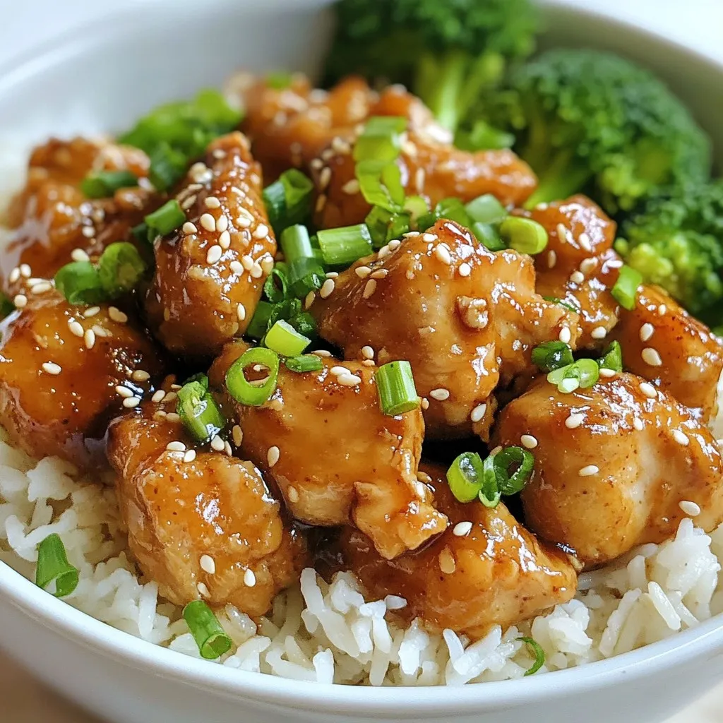 To make Sticky Honey Chicken Rice Bowls, you need these key ingredients: - 2 cups jasmine rice - 1 pound boneless, skinless chicken thighs, cut into bite-sized pieces - 1/3 cup honey - 1/4 cup soy sauce - 2 tablespoons rice vinegar - 3 cloves garlic, minced - 1 tablespoon fresh ginger, grated - 2 tablespoons sesame oil These ingredients create that sweet and savory flavor profile everyone loves. To boost the taste, consider adding: - 1 teaspoon red chili flakes (for heat) - 1/4 cup green onions, chopped (for garnish) - Sesame seeds (for garnish) - Steamed broccoli or stir-fried mixed vegetables (for serving) These extras add texture and color to your meal. You can swap some ingredients if needed: - For jasmine rice, use basmati or brown rice. - Instead of chicken thighs, try chicken breast or even tofu for a vegetarian option. - If you need a soy sauce alternative, use tamari for a gluten-free version. These substitutions keep the dish tasty and adaptable to your needs. {{ingredient_image_2}} To cook jasmine rice, start by measuring out 2 cups. Rinse the rice under cold water until the water runs clear. This step helps remove excess starch. Next, follow the package instructions for cooking. Usually, this means combining the rice with water in a pot, bringing it to a boil, then covering and simmering on low heat. After about 15 minutes, check if the rice is tender. Once cooked, fluff it gently with a fork and set it aside to keep warm. For the honey sauce, grab a medium mixing bowl. Add 1/3 cup honey, 1/4 cup soy sauce, and 2 tablespoons rice vinegar. Next, mince 3 cloves of garlic and grate 1 tablespoon of fresh ginger. Stir these into the bowl. If you like heat, toss in 1 teaspoon of red chili flakes. Whisk everything together until well mixed. Set the sauce aside for later. Now, heat 2 tablespoons of sesame oil in a large skillet or wok over medium-high heat. Cut 1 pound of boneless, skinless chicken thighs into bite-sized pieces. Add the chicken to the hot skillet. Cook for about 5 to 7 minutes, turning frequently. You want the chicken to brown and cook all the way through. Once done, pour the honey sauce over the chicken. Stir well to coat the chicken evenly. Let it simmer for 3 to 4 minutes. This thickens the sauce and makes it sticky. To serve, take individual bowls. Add a generous portion of jasmine rice to the bottom of each bowl. Spoon the sticky honey chicken over the rice. Make sure to drizzle any extra sauce on top for added flavor. Finally, it’s time to garnish. Sprinkle chopped green onions and sesame seeds over the honey chicken. This adds a nice crunch and fresh taste. For extra color and nutrition, serve the rice bowls with steamed broccoli or stir-fried mixed vegetables. Enjoy your delicious meal! To get the perfect sticky sauce, focus on the timing. When you cook the chicken, add the sauce at the right moment. Wait until the chicken turns golden brown. Then, pour the sauce over the chicken. Let it simmer for 3-4 minutes. This allows the sauce to thicken and coat the chicken well. If the sauce is too thin, cook it longer. If it gets too thick, add a splash of water. I prefer using chicken thighs for this recipe. They have more fat, which makes them tender and juicy. Chicken breasts can dry out if not cooked carefully. If you choose breasts, cook them on lower heat for longer. Cut them into smaller pieces to help with even cooking. Either way, make sure to cook the chicken until it reaches 165°F for safety. Leftover chicken and rice are perfect for this dish. If you have cooked chicken, just cut it into bite-sized pieces. Heat the chicken in a skillet with a bit of sesame oil. Pour the sticky sauce over the heated chicken. For the rice, you can use any leftover rice. Just heat it in the microwave or on the stovetop. This makes a quick meal without starting from scratch. Pro Tips Use Day-Old Rice: For the best texture, use day-old jasmine rice. It’s drier and will hold its shape better when combined with the sticky sauce. Marinate the Chicken: For an extra layer of flavor, consider marinating the chicken pieces in the sauce for 30 minutes before cooking. Adjust the Sweetness: Feel free to adjust the amount of honey in the sauce to suit your taste. Add more for a sweeter dish or less for a savory kick. Experiment with Vegetables: Mix and match your favorite vegetables for added nutrition and color. Bell peppers, snap peas, or carrots work wonderfully! {{image_4}} You can easily switch the chicken for tofu. Use firm tofu for the best texture. Start by pressing the tofu to remove excess water. Cut it into bite-sized cubes. Then, marinate the tofu in the same honey sauce. Cook it in sesame oil until golden brown. This gives you a tasty and satisfying vegetarian meal. Serve it over the jasmine rice, just like the chicken version. If you love heat, add more chili! Use fresh chili or more red chili flakes. Mix the extra chili into your honey sauce for a fiery kick. You can also add sliced jalapeños when cooking the chicken. This will boost the flavor and heat. Adjust the spice level to your taste. This variation is perfect for spice lovers! For a fun twist, throw in some pineapple. Use fresh or canned pineapple chunks. Add them to the skillet while cooking the chicken. The sweet and tangy fruit pairs well with the honey sauce. This adds a bright flavor to your rice bowl. It also makes the dish colorful and vibrant. Enjoy this tropical twist for a burst of sunshine in your meal! To keep your Sticky Honey Chicken Rice Bowls fresh, start with proper storage. Allow the dish to cool down first. Then, place the chicken and rice in an airtight container. You can also add the veggies in a separate container. This helps keep them crisp. Store everything in the fridge for up to 3 days. Make sure to label your containers with the date. This way, you know when to eat them. When reheating, I recommend using the microwave for quick results. Place the rice and chicken in a microwave-safe bowl. Add a splash of water to prevent drying out. Cover the bowl with a microwave-safe lid or plate. Heat in 30-second intervals, stirring in between. This helps heat it evenly. You can also reheat in a skillet over low heat. Just add a little water or oil to keep it moist. Freezing is a great way to save time. You can freeze the chicken and rice separately or together. Use freezer-safe bags or containers. Make sure to remove as much air as possible. This prevents freezer burn. The dish can last up to 3 months in the freezer. When ready to eat, let it thaw in the fridge overnight. Reheat as mentioned above for the best taste. To prepare Sticky Honey Chicken Rice Bowls in under 20 minutes, use quick-cook jasmine rice. This rice cooks faster than regular rice. Start cooking the rice while you prepare the sauce and chicken. Use a large skillet for the chicken. This allows for even cooking and quick sauce thickening. If you want alternatives to quinoa or rice, try cauliflower rice or farro. Cauliflower rice is a low-carb option and cooks quickly. Farro gives a nutty flavor and chewy texture. Both pair well with the sticky chicken. Yes, you can use chicken breast instead of thighs. Chicken breast is leaner and will cook faster. Cut the chicken breast into small pieces for even cooking. Just watch the cooking time, as it may take less time than thighs. To make Sticky Honey Chicken Rice Bowls gluten-free, use tamari instead of soy sauce. Tamari is a gluten-free soy sauce alternative. Be sure to check the label on rice vinegar. Most are gluten-free, but it's good to confirm. Great vegetable options include steamed broccoli, bell peppers, and snap peas. These veggies add color and crunch to the dish. You can also stir-fry a mix of your favorites for extra flavor. You learned how to make Sticky Honey Chicken Rice Bowls with simple steps. We covered essential and optional ingredients, along with substitutions. I detailed the cooking process and shared tips for the best results. You can also explore variations like vegetarian or spicy options and learned how to store leftovers. These bowls are fun to make and treat to enjoy. Experiment with flavors and find your favorite twist! Now, go cook and enjoy a delicious meal!