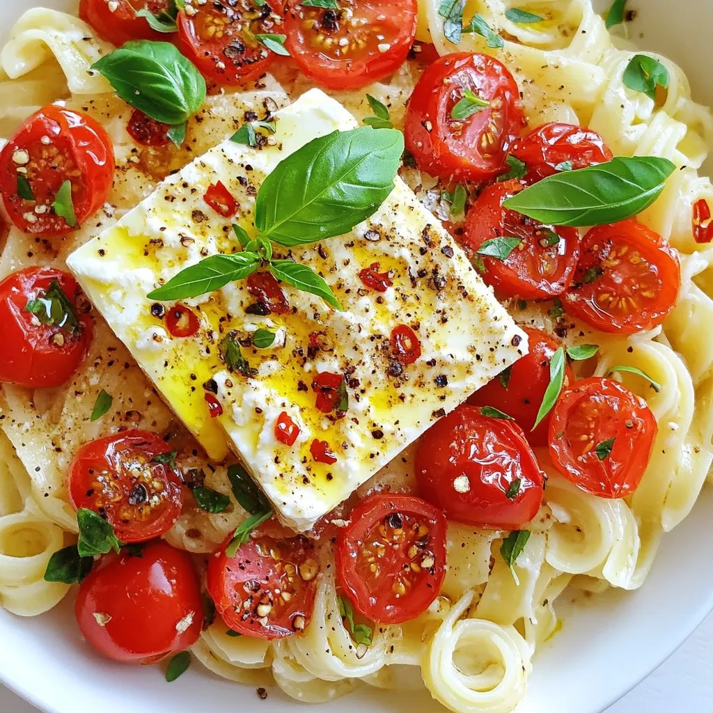 - 200g (7 oz) cherry tomatoes - 200g (7 oz) block of feta cheese - 250g (9 oz) pasta options (penne, fusilli, or rotini) - 4 cloves of garlic, finely minced - 3 tablespoons extra virgin olive oil - 1 teaspoon dried oregano - Salt and freshly ground black pepper to taste - 1 teaspoon red chili flakes for spice - 1 tablespoon lemon juice for brightness - Fresh basil leaves for garnish Gather these ingredients to make TikTok baked feta pasta. The cherry tomatoes burst with flavor as they roast, while the feta cheese melts into a creamy sauce. You can pick any pasta you like, but I love using penne or fusilli. They both hold the sauce well. The garlic adds a nice kick. The olive oil makes everything rich and smooth. Don't forget the dried oregano; it gives a lovely herbal taste. If you like some heat, red chili flakes are a great choice. For a zesty touch, add lemon juice. Finally, top it all off with fresh basil for that perfect finish. These ingredients are simple yet come together to create a dish that feels special. Make sure you have everything on hand before you start cooking! {{ingredient_image_2}} 1. Preheat your oven to 400°F (200°C). This makes sure everything cooks evenly. 2. Grab a large baking dish. Spread the cherry tomatoes evenly in the dish. 3. Create a spot in the middle for the feta cheese block. Place it right there. 4. Drizzle 3 tablespoons of olive oil over the tomatoes and feta. It adds great flavor. 5. Sprinkle 4 minced garlic cloves, 1 teaspoon of dried oregano, and chili flakes if you want spice. Add salt and black pepper for taste. 1. Place the baking dish in the hot oven. Bake for 25-30 minutes. The tomatoes should blister and the feta should melt. 2. While that bakes, cook 250g of pasta according to package instructions. Look for the word "al dente," which means it should be firm but not hard. 3. Once the pasta is done, drain it. Be sure to save a cup of pasta water for later. 1. After baking, take the dish out of the oven. Use a fork to mash the feta into the tomatoes. This creates a creamy sauce. 2. Add the drained pasta to the baking dish. Pour a splash of the reserved pasta water in. It helps make the sauce creamy. 3. Toss everything together gently. Make sure the pasta is covered with the sauce. 4. If you like, squeeze a tablespoon of lemon juice over the pasta for a bright burst of flavor. 5. Serve hot and top with fresh basil leaves for a nice touch. To ensure a creamy sauce, mix in a bit of reserved pasta water. This helps the sauce stick to the pasta. If you want to change the pasta type, feel free to use penne, fusilli, or rotini. Each type gives a different texture that works well. For a better aroma, use fresh garlic. When you mince it, let it sit for a few minutes before using. This helps release its oils. If you like heat, adjust the spice level by adding more or less red chili flakes. Start with a pinch and taste as you go. To make a complete meal, pair your pasta with a side salad or some crusty bread. The crunch of the bread complements the creaminess of the dish. For plating, use a large bowl to show off the vibrant colors. A sprinkle of fresh basil on top adds a nice touch and aroma. Pro Tips Choose the Right Pasta: Opt for pasta that holds sauce well, like fusilli or rotini, to enhance the creamy texture. Quality Feta Matters: Use a high-quality feta cheese for the best flavor and creaminess; look for one packed in brine for extra moisture. Use Fresh Herbs: Fresh basil not only adds flavor but also brightens the dish; consider adding it just before serving for maximum freshness. Adjust Creaminess: If the sauce is too thick after mixing, add more reserved pasta water gradually until the desired consistency is reached. {{image_4}} You can easily swap ingredients to fit your tastes. If you want a vegan dish, use plant-based feta. Many brands offer great dairy-free options. You can also add more veggies for extra flavor and nutrition. Spinach is a wonderful choice. It wilts nicely and adds a fresh touch. Bell peppers add crunch and sweetness. Just chop them up and mix them in before baking. Want to spice things up? You can add protein to your pasta. Chicken, shrimp, or tofu all work well. Simply cook the protein separately and toss it in with the pasta. This adds heartiness and makes the dish more filling. You can also play with herbs. Try thyme for a floral note or rosemary for something earthy. Mixing different herbs can create a unique flavor profile. This dish is versatile. You can make a baked feta pasta casserole instead of serving it straight from the oven. Just layer the pasta and sauce in a baking dish and add cheese on top. Bake until bubbly and golden. Alternatively, enjoy it cold as a pasta salad. Just let it chill, then toss with some olive oil and fresh veggies. This makes a refreshing meal for hot days. After enjoying your TikTok baked feta pasta, store leftovers in airtight containers. Glass containers work best, as they help prevent odors. You can also use plastic containers, but make sure they close tightly. For refrigeration, let the pasta cool down before sealing. Place the container in the fridge within two hours. If you want to save it for longer, freezing is a great option. Just make sure to leave space in the container, as the pasta expands when frozen. To reheat, use a microwave or stovetop. If using a microwave, heat in short bursts. Stir the pasta between each burst to ensure even heating. If you use the stovetop, add a splash of water or extra olive oil. This keeps the pasta from drying out. After refrigeration, the sauce may seem thick. To bring back the creamy texture, add a little reserved pasta water. Stir well until it becomes smooth and creamy again. In the fridge, the baked feta pasta lasts about 3-4 days. Always check for signs of spoilage before eating. Look for changes in color or a sour smell. If anything seems off, it’s best to throw it away. You can use many types of pasta for this dish. I recommend: - Penne - Fusilli - Rotini These shapes hold the creamy sauce well. You want a pasta that’s fun to eat and captures every bite of that delicious sauce. Just make sure to cook it al dente for the best texture. Yes, you can make this recipe vegan. For a non-dairy option, try these: - Vegan feta cheese: Look for brands made from nuts or tofu. - Gluten-free pasta: Use rice or chickpea pasta if you prefer. These swaps still give you a tasty and creamy dish that everyone can enjoy, even those with dietary restrictions. This dish is perfect for meal prep! Here are some tips: - Cook the pasta and sauce in advance and store them separately. - Use airtight containers to keep them fresh. - Reheat the pasta and sauce together, adding a splash of water if needed. This way, you can enjoy a quick, delicious meal on busy days without losing flavor or creaminess! This blog post covered all the key steps to make baked feta pasta. You learned about the main ingredients and some optional ones for extra flavor. We discussed the cooking method and tips to ensure a creamy sauce. Variations let you customize this dish to your taste. Lastly, I shared how to store leftovers and reheat them properly. Enjoy trying this recipe and adapting it to your liking! You'll impress friends and family with minimal effort.