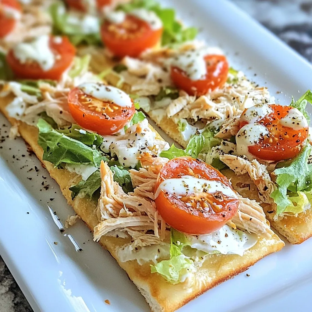 - 2 large flatbreads - 1 cup cooked chicken breast, either shredded or diced - 1 cup romaine lettuce, finely chopped - ½ cup Caesar dressing - ¼ cup grated Parmesan cheese, plus extra for serving - ¼ cup cherry tomatoes, cut in half - 1 tablespoon olive oil - Freshly cracked black pepper, to taste - Optional: croutons for added crunch To make the Chicken Caesar Flatbread, gather these key ingredients. The flatbreads serve as a base and add a delicious crunch. Use cooked chicken breast for protein. Shredded or diced works well. Romaine lettuce adds a crisp texture and freshness. Caesar dressing provides that classic flavor. Grated Parmesan cheese enhances taste and creaminess. Cherry tomatoes bring a pop of color and sweetness. Olive oil helps achieve a nice golden finish. Lastly, black pepper adds a kick. Croutons are optional but offer a nice crunch. Enjoy the mix of flavors and textures in each bite! {{ingredient_image_2}} 1. Preheat your oven to 375°F (190°C). This step warms the oven for a crispy flatbread. 2. Place the flatbreads on a baking sheet. Use a pastry brush to coat each flatbread with olive oil. This gives them a lovely golden color when baked. 1. Sprinkle half of the grated Parmesan cheese over the flatbreads. This adds a rich flavor. 2. Distribute the cooked chicken evenly on each flatbread. Make sure every bite has chicken. 3. Generously spread Caesar dressing over the chicken. This helps the flavors blend together. 4. Layer the finely chopped romaine lettuce on top. This adds a fresh crunch. Then, place the halved cherry tomatoes for extra flavor and color. 1. Put the baking sheet in the oven and bake for 10-12 minutes. Watch for the edges to become crispy. 2. Once baked, take the flatbreads out of the oven. Let them cool for one minute. 3. Slice each flatbread into quarters for easy serving. For extra crunch, sprinkle croutons on top before serving. To get crispy edges on your flatbreads, use olive oil. Brush it on before baking. This helps them turn golden brown and crunchy. Bake them at 375°F (190°C) for 10-12 minutes. Keep an eye on them! The edges should be crisp but not burnt. For Caesar dressing, you can make it at home. Mix mayo, garlic, lemon juice, and anchovies. This adds freshness. If you're short on time, store-bought dressings work well too. Just pick your favorite brand. Pair your flatbreads with a simple side salad. A light green salad adds freshness and balance. You can also serve them with a tangy pickled vegetable dish for a fun twist. For presentation, slice the flatbreads into quarters. Arrange them on a platter. Garnish with a sprinkle of extra Parmesan for a fancy touch. You can even add a few whole cherry tomatoes for color. One mistake is overloading your flatbreads with toppings. This can make them soggy and hard to eat. Less is more when it comes to toppings. Another mistake is using soggy flatbreads. Always check that your flatbreads are fresh and crisp. If they are too soft, they will not hold the toppings well. Make sure to use the right cooking time to keep them crunchy. Pro Tips Use Fresh Ingredients: Always opt for fresh romaine lettuce and ripe cherry tomatoes to enhance the flavor and crunch of your flatbread. Customize Your Dressing: Experiment with homemade Caesar dressing by adding extra garlic or anchovy paste for a more robust flavor. Keep an Eye on Baking: Monitor the flatbreads closely in the oven to ensure they don’t overcook; you want them crispy but not burnt. Presentation Matters: For a beautiful presentation, consider adding some fresh herbs like parsley or basil as a garnish before serving. {{image_4}} You can switch up the protein in your flatbread. Grilled shrimp adds a nice twist. It brings a sweet and smoky flavor. Tofu is another great option for a vegetarian meal. Just marinate it in some soy sauce or garlic for extra taste. You can use these proteins to make the dish your own. If you want to try new flavors, consider different dressings. Ranch dressing can offer a creamy change. You can also use a yogurt-based dressing for a lighter option. Mixing flavors like lemon and garlic can give a fresh taste. Explore combinations that match your style or mood. Don't hold back on the toppings! You can add other veggies like bell peppers or cucumbers. These will give your flatbread a crunchy texture. If you want to change the cheese, try feta or goat cheese. Both will add a unique flavor to your dish. To keep your Chicken Caesar Flatbread fresh, place it in an airtight container. This helps prevent moisture loss. You can store it in the fridge for up to three days. If you notice any sogginess, eat it right away. When reheating flatbreads, the oven works best. Preheat your oven to 350°F (175°C). Place the flatbread on a baking sheet. Heat for about 10 minutes. This keeps it crispy. Avoid using the microwave, as it makes the flatbread soft. To freeze your flatbreads, wrap each one tightly in plastic wrap. Place them in a freezer bag for extra protection. They will stay fresh for up to three months. For thawing, move them to the fridge overnight. Reheat in the oven for best results. This way, you can enjoy your Chicken Caesar Flatbread anytime! Chicken Caesar Flatbread is a tasty dish made with flatbreads. It features cooked chicken, crisp romaine, and creamy Caesar dressing. You can top it with Parmesan cheese and fresh tomatoes. It’s easy to make and great for lunch or dinner. Yes, you can use store-bought Caesar dressing. It saves time and still tastes great. Look for a brand with simple ingredients for best flavor. You can also make your own dressing if you prefer fresh flavors. To achieve crispy flatbread, preheat your oven to 375°F (190°C). Coat the flatbreads lightly with olive oil. Bake them for 10-12 minutes, checking for golden edges. Avoid overloading toppings, as this can make them soggy. Chicken Caesar Flatbread pairs well with a simple green salad. You can also serve it with fresh fruit or veggie sticks for crunch. A light soup can complement the flatbread too, creating a balanced meal. Yes, you can make a vegan Chicken Caesar Flatbread. Use plant-based chicken alternatives and vegan Caesar dressing. Replace Parmesan with a vegan cheese or nutritional yeast for a cheesy flavor. Enjoy the same great taste without animal products! You now know how to make Chicken Caesar Flatbread. We covered key ingredients, step-by-step instructions, and helpful tips. Remember to preheat your oven and use quality toppings for the best taste. Think about making it your own with alternative proteins or dressings. Store your leftovers properly and reheat them for delicious meals later. Enjoy creating this tasty dish and impress your family or friends!