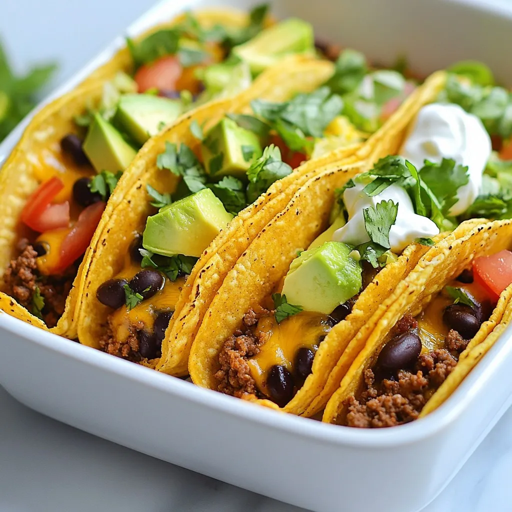 - 1 lb ground beef - 1 tablespoon olive oil - 1 small onion, finely chopped - 2 cloves garlic, minced - Taco seasoning options (packet or homemade) - 1 cup diced tomatoes (canned or fresh) - 1 cup black beans, drained and rinsed - Tortilla options (corn or flour) - 1 cup shredded cheese (cheddar or Mexican blend) - Toppings (lettuce, sour cream, avocado, cilantro) Baked ground beef tacos are simple to make and full of flavor. You need fresh ingredients to build a great dish. Start with one pound of ground beef. This is the heart of your tacos. Use one tablespoon of olive oil to cook the beef. The oil helps keep the meat moist and adds taste. Next, you will chop one small onion and mince two cloves of garlic. These add depth and aroma to your filling. For flavor, grab a taco seasoning packet or make your own. If you choose to make it, mix one tablespoon of chili powder, one teaspoon of cumin, one teaspoon of paprika, and half a teaspoon of salt. Add one cup of diced tomatoes. You can use fresh or canned. They bring moisture and a bit of sweetness. Don’t forget about one cup of black beans. They are not only tasty but also add protein and fiber. For your tacos, select twelve small tortillas. You can use corn or flour based on your preference. Finally, choose one cup of shredded cheese. Cheddar or a Mexican blend works great for a cheesy topping. To finish, prepare toppings like shredded lettuce, sour cream, diced avocado, and fresh cilantro. These add freshness and color to your dish. Each ingredient plays an important role in making your baked ground beef tacos delicious. {{ingredient_image_2}} Preheat your oven to 375°F (190°C). This step is key because it helps cook the tacos evenly. If you skip this, the tacos may not crisp up as well. In a large skillet, heat 1 tablespoon of olive oil over medium heat. Add 1 small, finely chopped onion and 2 minced garlic cloves. Sauté these for 3-4 minutes until they smell great. Now, raise the heat to medium-high. Add 1 pound of ground beef and a packet of taco seasoning. Cook for 5-7 minutes, breaking the meat apart. Stir in 1 cup of diced tomatoes and 1 cup of black beans. Cook for another 2-3 minutes until everything is hot. Take 12 small corn or flour tortillas. Spoon a good amount of the beef mix onto one half of each tortilla. Carefully fold them over. Press gently to hold the filling in place. Repeat until all tortillas are filled. Lightly grease a baking dish. Place the folded tacos seam-side down in the dish. You can fit them closely together. This helps them keep their shape while baking. Sprinkle 1 cup of shredded cheese evenly over the tops of the tacos. Make sure they are well-covered for a cheesy finish. Now, place the dish in the preheated oven and bake for 15-20 minutes. You want the tortillas to be crispy and the cheese to melt and bubble. While the tacos bake, prepare your toppings. Shred 1 cup of lettuce into fine pieces. Dice 1 avocado into small cubes. This will add fresh flavor and great texture to your meal. To keep your tacos crispy, start with the right tortillas. Use small corn tortillas for a sturdy base. If you prefer flour tortillas, look for thicker ones. Before filling, warm the tortillas in a dry skillet. This step makes them more flexible and less likely to get soggy. After filling, place your tacos seam-side down in the baking dish. This helps them hold their shape. Bake them until the cheese melts and the edges crisp up. You can easily change the flavor of your tacos. If you like spice, add more chili powder or some cayenne. For a smoky flavor, try smoked paprika. You can also mix in some taco sauce or hot sauce for extra kick. If you want a fresh taste, add lime juice or fresh herbs like cilantro. Feel free to get creative with spices that you enjoy. To lower the fat or calorie content, swap the ground beef for turkey or chicken. These options still taste great but have less fat. You can also use low-fat cheese or skip the cheese altogether. Adding more veggies is a great way to boost nutrition. You can mix in bell peppers or zucchini with the beef. Also, consider using lettuce wraps instead of tortillas for a lighter choice. Pro Tips Use Fresh Ingredients: Fresh produce, especially tomatoes and avocados, can elevate the flavor of your tacos significantly. Customize Your Spice Level: Adjust the amount of taco seasoning or chili powder based on your preferred heat level. You can also add jalapeños for extra spice. Don’t Overfill the Tortillas: Ensure you don't overstuff your tortillas to prevent them from breaking while folding and baking. Try Different Cheeses: Experiment with various cheese blends, such as pepper jack or queso fresco, for a unique twist on flavor. {{image_4}} You can easily make a vegetarian version of baked ground beef tacos. Instead of ground beef, try meat substitutes like lentils or mushrooms. You can also use black beans or pinto beans for protein. Here’s a simple mix: - 1 cup cooked lentils - 1 cup diced mushrooms - 1 cup black beans, drained and rinsed These options keep the dish hearty and delicious. They absorb flavors well and add a nice texture. Cheese makes tacos even better. You can switch up the cheese for different tastes. Try using Monterey Jack for a mild flavor or pepper jack for some spice. Here are some great options: - Cheddar: Sharp and tangy - Mexican Blend: A mix of flavors - Feta: Crumbly and salty Choosing different cheeses can change the whole taco experience. Want to add some heat? A spicy version of baked ground beef tacos is easy to create. You can add jalapeños for a fresh kick or use hot sauce for extra flavor. Consider these options: - Fresh jalapeños, sliced - Pickled jalapeños for tang - Hot sauce mixed with beef Adding heat can make your tacos exciting and fun. Just be careful not to overdo it! To keep your baked ground beef tacos fresh, follow these steps: - Cool Down: Let the tacos cool to room temperature. - Refrigerate: Place them in an airtight container. They can stay in the fridge for up to three days. - Freeze: For longer storage, wrap the tacos tightly in foil or plastic wrap. They can last for about two months in the freezer. These methods help keep the flavors intact and prevent sogginess. To reheat your tacos and keep them crispy: - Oven Method: Preheat your oven to 350°F (175°C). Place the tacos on a baking sheet. Bake for about 10-15 minutes, or until heated through. - Air Fryer Method: Set your air fryer to 350°F (175°C). Reheat for about 5-7 minutes. This method keeps them crispy. Avoid using the microwave, as it can make the tortillas soggy. Baked ground beef tacos have a good shelf life when stored properly: - Refrigerated: They last for about three days. - Frozen: They can be stored for two months. Always check for any off smells or changes in texture before eating. Enjoy your tasty tacos! Yes, you can freeze baked ground beef tacos. After baking, let them cool completely. Place them in a freezer-safe bag or container. They will last up to three months in the freezer. To reheat, just take them out and heat in the oven at 350°F (175°C) for about 20 minutes. This keeps the tortillas crisp while warming the filling. You can add many tasty items to your taco filling. Here are some great options: - Corn for a sweet crunch - Bell peppers for extra color and flavor - Jalapeños if you want some heat - Cooked rice for more bulk - Zucchini or mushrooms for a veggie boost These additions make your tacos even more delicious and fun! Making these tacos is quick and easy. The prep time is about 15 minutes. Cooking them takes around 20 minutes in the oven. Overall, you can have a tasty meal ready in just 35 minutes. This makes baked ground beef tacos a great choice for busy nights! You now have a complete guide to making baked ground beef tacos. We covered the ingredients, step-by-step instructions, and useful tips to get the best results. Remember to customize your tacos with your favorite toppings and fillings. You can also try different cheese or spice levels for added taste. Enjoy your delicious homemade tacos, and don’t forget to store leftovers properly. With these techniques, you’ll impress anyone who's lucky enough to try your tacos!