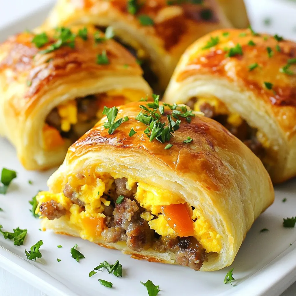 To make Sausage Egg Breakfast Rolls, you will need the following ingredients: - 1 lb breakfast sausage, casings removed - 4 large eggs - 1/4 cup milk - 1/2 cup shredded cheddar cheese - 1/4 cup diced bell peppers (mix of red and green for color) - 1/4 cup finely diced onions - 1 teaspoon garlic powder - Salt and pepper to taste - 1 package refrigerated crescent roll dough - Fresh parsley, chopped (for garnish, optional) Each ingredient brings its own flavor to the rolls. The breakfast sausage gives a hearty taste. Eggs add protein and a soft texture. Milk makes the eggs fluffy. Cheddar cheese adds richness. Bell peppers and onions offer freshness and crunch. Garlic powder enhances the aroma. Salt and pepper balance the flavors. The crescent roll dough wraps everything up in a golden shell. If you want, sprinkle fresh parsley on top for a pop of color. {{ingredient_image_2}} To bake the rolls perfectly, preheat your oven to 375°F (190°C). Preheating is key. It helps the rolls cook evenly. This step ensures that you get that golden brown color and flaky texture. In a skillet over medium heat, add your breakfast sausage. Crumble it into small pieces. Cook for about 5-7 minutes until it is browned. Stir it often. Once it is fully cooked, carefully drain any excess grease. This keeps the rolls from becoming soggy. Grab a medium bowl and whisk together four large eggs. Add 1/4 cup of milk, garlic powder, salt, and pepper. Whisk until the mixture is smooth and slightly frothy. This helps the eggs blend well. Pour the egg mixture into the skillet with the cooked sausage. Add diced bell peppers and onions. Cook over medium heat, stirring gently. Scramble the eggs for about 3-4 minutes until they are soft and just set. Remove from heat and fold in 1/2 cup of shredded cheddar cheese until it melts. Unroll the crescent roll dough on a clean surface. Separate the dough into individual triangles. This makes it easy to fill and roll. At the wide end of each triangle, place a generous tablespoon of the sausage and egg mixture. Starting from the wide end, roll each triangle up toward the pointed tip. Tuck the pointed tip underneath to securely encase the filling. Place the filled rolls on a greased baking sheet. Bake in your preheated oven for 12-15 minutes. Look for a golden brown color and a flaky texture. Let them cool for a couple of minutes before serving. If you like, garnish with freshly chopped parsley for a nice touch. To make the filling shine, balance flavors with seasoning. Start with salt and pepper. Garlic powder adds depth. The sausage brings savory notes, while the eggs add creaminess. For texture, consider adding diced bell peppers and onions. They bring crunch and freshness. You can also mix in some cooked spinach or mushrooms for added flavor. For the best flaky rolls, use cold crescent dough. Keep it chilled until ready to bake. When you unroll it, handle it gently to avoid tearing. Preheat your oven to 375°F (190°C) for even cooking. Bake until the rolls are golden brown, around 12 to 15 minutes. This gives you that perfect crispy texture. Serve your breakfast rolls with fresh fruit like berries or sliced oranges. These add a refreshing touch. You might also enjoy them with a side of yogurt. For drinks, coffee or fresh juice pairs nicely. Try a chilled glass of milk for a classic option. Pro Tips Use Fresh Ingredients: Fresh bell peppers and onions enhance the flavor of your rolls. Opt for vibrant, in-season vegetables for the best taste. Don’t Overcook the Eggs: For perfectly creamy eggs, remove them from the heat while they are still slightly undercooked. They will continue to cook in the residual heat. Experiment with Cheeses: While cheddar is delicious, feel free to try other cheeses like pepper jack for a spicy kick or mozzarella for a milder flavor. Make Ahead: Prepare the sausage and egg mixture the night before and store it in the fridge. Just fill and bake the rolls in the morning for a quick breakfast. {{image_4}} You can easily switch up the meat in these rolls. Try using bacon or ham instead of sausage. Each choice brings a new taste. If you want a lighter option, go for turkey sausage. For those who want a dairy-free version, you can change the milk and cheese. Use almond milk or oat milk. Nutritional yeast can replace cheese for a cheesy flavor without dairy. Adding more veggies is a great way to boost nutrition. Spinach or kale can add a fresh touch. Try mushrooms for an earthy flavor. Carrots add sweetness and crunch. Seasonal veggies can also change the taste. In spring, use asparagus. In fall, add roasted butternut squash for a warm flavor. Enhancing flavors can take your rolls to the next level. Add spices like paprika or cayenne for heat. Fresh herbs like chives or cilantro can brighten the dish. Cheese options also vary the taste. Use pepper jack for a spicy kick. Goat cheese adds creaminess and tang. Experiment with your favorites to find the best mix! To keep your sausage egg breakfast rolls fresh, store them in the fridge. Wrap each roll in plastic wrap or place them in an airtight container. This method stops them from drying out. You can keep them in the fridge for up to three days. After that, they may lose their flavor and texture. When you want to warm up your rolls, avoid losing their crispy texture. The oven is a great choice for reheating. Set it to 350°F (175°C) and bake for about 10 minutes. This keeps them nice and flaky. If you're in a hurry, you can use the microwave. Heat them for about 30 seconds. But remember, the microwave may make them a bit soft. To freeze your cooked rolls, let them cool completely first. Then, wrap each roll tightly in plastic wrap. Place them in a freezer bag or container. This way, they can stay fresh for up to two months. When you’re ready to eat them, take them out to thaw overnight in the fridge. To reheat, bake them in the oven at 350°F (175°C) for about 15 minutes. You’ll get that fresh-out-of-the-oven taste! If you don't have crescent roll dough, you can use other options. Here are some alternatives: - Puff pastry: This gives a flaky texture. - Biscuit dough: It adds a nice, soft bite. - Pizza dough: You get a chewier roll. - Homemade dough: Mix flour, butter, and water for a fresh taste. Yes, you can prepare these rolls ahead of time. Here’s how: - Cook the sausage and egg mixture, then cool it. - Roll the dough and fill it with the mixture. - Place the rolls on a baking sheet, cover, and refrigerate. - When ready, bake them straight from the fridge. Just add a few extra minutes to the bake time. You can tell if the sausage is done by checking a few things: - Color: It should be browned, not pink. - Texture: It will crumble and feel firm. - Temperature: Use a meat thermometer. The inside should read 160°F (71°C). Dipping sauces can add great flavor. Here are some tasty options: - Ketchup: A classic choice for its sweetness. - Hot sauce: For those who like extra heat. - Honey mustard: Sweet and tangy for a fun twist. - Ranch dressing: Creamy and cool, it complements the rolls well. This recipe combines tasty ingredients to create a vibrant breakfast roll. You learned about cooking sausage, making the egg mix, and using crescent dough. Remember to customize your rolls with different veggies and meats to suit your taste. Store leftovers properly so you can enjoy them later. Breakfast rolls bring fun to your morning routine, making any day feel special. Experiment with flavors and find what you love most. Happy cooking!