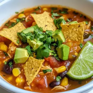 - 1 pound boneless, skinless chicken breasts - 1 can (15 oz) black beans, drained and rinsed - 1 can (15 oz) diced tomatoes with green chilies - 1 cup corn kernels (fresh or frozen) - 1 medium onion, diced - 3 cloves garlic, minced - 4 cups chicken broth - 1 tablespoon ground cumin - 1 tablespoon chili powder - 1 teaspoon smoked paprika - Salt and pepper to taste - Juice of 1 lime - 1 cup tortilla chips, for serving - Fresh cilantro, chopped, for garnish - 1 avocado, diced (optional) - Shredded cheese (cheddar or Mexican blend), for topping (optional) I love how simple the ingredients are for this crockpot chicken tortilla soup. You start with the chicken breasts, which are lean and easy to cook. I always pick boneless and skinless to keep it light and tasty. The black beans add protein and fiber. The diced tomatoes bring a nice tang, especially with the green chilies in them. Corn gives a sweet crunch that blends well in the soup. Don&rsquo;t forget the onion and garlic! They add great flavor and depth. The chicken broth is what makes it a soup. It keeps everything moist and adds richness. I like to spice things up with ground cumin, chili powder, and smoked paprika. They add warmth and a hint of smoke. A dash of salt and pepper rounds out the flavors. The lime juice at the end gives a fresh zing. Lastly, the toppings are what make this soup fun! Tortilla chips add crunch, while fresh cilantro brightens each bite. If you want a creamy touch, add diced avocado or shredded cheese on top. Each ingredient plays a key role, creating a tasty and hearty meal everyone will love. {{ingredient_image_2}} Start by placing the chicken breasts at the bottom of your crockpot. This helps keep the chicken juicy. Next, layer in the black beans, diced tomatoes, corn, onion, and garlic on top. The colors and textures create a lovely base. Now, carefully pour in the chicken broth. Make sure it covers all the ingredients well. This adds flavor and moisture. Sprinkle in the ground cumin, chili powder, and smoked paprika. Add salt and pepper to taste. Use a spoon to gently mix everything without disturbing the chicken too much. Cover the crockpot with its lid. Set your cooking time: choose low for 6-8 hours or high for 3-4 hours. This slow cooking makes the chicken tender and easy to shred. During the last hour, check for doneness. The chicken should be cooked through and easily fall apart with a fork. This is the perfect time to get ready for the final steps. Once the chicken is cooked, remove it from the crockpot. Place it on a cutting board. Use two forks to shred the chicken into small pieces. Return the shredded chicken back into the soup, stirring it in well. Now, squeeze in the juice of one lime. This adds a zesty kick. Taste the soup and adjust the seasoning as needed. You might want more salt, pepper, or lime juice. Let the soup rest for about 10 minutes. This helps the flavors blend together. When you&rsquo;re ready to serve, ladle the hearty soup into bowls. Top each with tortilla chips, diced avocado, fresh cilantro, and shredded cheese if you like. Enjoy this warm and comforting dish! To get the best flavor balance, use fresh spices. The ground cumin, chili powder, and smoked paprika bring warmth and depth. Adjust these spices according to your taste. If you like more heat, add extra chili powder or some diced jalape&ntilde;os. Don&rsquo;t forget to season with salt and pepper throughout the cooking. Letting the flavors meld is key. After cooking, let the soup sit for about 10 minutes. This rest time helps the ingredients blend nicely. The longer the soup sits, the more flavorful it becomes. You can even make it a day ahead for an even richer taste. Toppings can make your soup shine. I love adding tortilla chips for crunch. They bring a great texture. Diced avocado adds creaminess and freshness. Fresh cilantro gives a pop of color and flavor. If you like cheese, sprinkle shredded cheddar or a Mexican blend on top. Pair this soup with a side salad or some warm cornbread. These sides complement the flavors well. Lime wedges on the side add a zesty kick. Enjoy your meal! Pro Tips Use Fresh Ingredients: Using fresh vegetables and herbs can elevate the flavor of your soup, making it more vibrant and delicious. Shred Chicken Efficiently: For easier shredding, let the chicken cool slightly before using two forks. This prevents burning your hands and allows for better control. Customize Spice Levels: Adjust the amount of chili powder and cumin based on your spice tolerance. You can add more or less to suit your taste. Make it Ahead: This soup can be made a day in advance. Just store it in the refrigerator and reheat it on the stove when ready to serve. {{image_4}} You can easily switch up some ingredients in this soup. For beans, try pinto or kidney beans. These options add new flavors and textures. You can also add vegetables like bell peppers or zucchini. They bring color and nutrition to the dish. Adjusting spice levels is simple too. If you like heat, add more chili powder or a dash of cayenne pepper. For a milder soup, reduce the spices. You control the flavor! To make this soup gluten-free, skip any ingredients with gluten, like certain broth brands. Most spices are safe, but always check labels. If you need a dairy-free option, leave out the cheese and sour cream. You can use avocado or a dairy-free cheese for creaminess. Want a vegetarian or vegan version? Replace the chicken with extra beans or lentils. Use vegetable broth instead of chicken broth. This keeps the soup hearty and delicious without meat. To store your leftovers safely, let the soup cool to room temperature. Then, transfer it into an airtight container. Make sure to seal it tightly to keep out air. Store the container in the fridge for up to 3 days. For reheating, you can use the stovetop or microwave. If using the stovetop, heat it over medium heat until hot. If you prefer the microwave, heat it in short bursts, stirring in between. This way, the soup heats evenly. To freeze the soup, allow it to cool completely. Pour it into freezer-safe bags or containers, leaving some space at the top for expansion. Label the bags with the date so you can keep track. It can stay good in the freezer for up to 3 months. When you&rsquo;re ready to enjoy it again, thaw the soup in the fridge overnight. For quick thawing, you can use the microwave. Once thawed, reheat it on the stovetop or in the microwave until it's hot. Enjoy your delicious soup again! Can I use frozen chicken? Yes, you can use frozen chicken. Just add the frozen chicken breasts directly to the crockpot. Make sure to cook it on high for about 4-5 hours, or low for 8-10 hours. It will cook safely and shred well. How can I make this soup spicier? To add spice, try these options: - Add chopped jalape&ntilde;os or serrano peppers. - Use spicy diced tomatoes with green chilies. - Increase the chili powder or cumin. - Add a dash of hot sauce before serving. Can I prepare this recipe in advance? Yes, you can prepare it ahead of time. Place the ingredients in the crockpot and store it in the fridge overnight. Just remember to cook it the next day. This saves time and adds flavor as it sits. This blog post covered how to make delicious crockpot chicken tortilla soup. We discussed the main ingredients, step-by-step cooking instructions, and helpful tips for the best flavor. You learned about ingredient variations, storage tips, and answers to common questions. Using this recipe, you can create a hearty meal that&rsquo;s easy to customize. Enjoy making this soup for a cozy night, and remember to share your own tips!