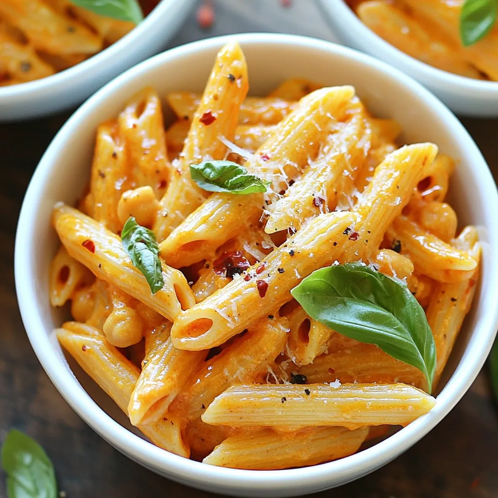 - 8 oz whole grain pasta (such as penne or fusilli) - 1 cup roasted red peppers (either jarred or homemade) - 1 cup cooked chickpeas (use canned or boil your own) - 1/2 cup Greek yogurt (plain) - 2 cloves garlic, finely minced - 1 tablespoon extra virgin olive oil The main ingredients in this dish give it a hearty and rich flavor. Whole grain pasta adds fiber and nutrition. Roasted red peppers bring sweetness and depth. Chickpeas offer protein and creaminess. Greek yogurt adds tang and creaminess. Garlic gives a nice punch. Olive oil rounds it all out. - 1 teaspoon smoked paprika - 1/2 teaspoon red pepper flakes (optional for extra heat) - Salt and freshly ground black pepper to taste Spices make a big difference. Smoked paprika adds warmth. Red pepper flakes can bring heat if you want it. Salt and black pepper enhance all the flavors. Always taste as you go! - Fresh basil leaves, for a fragrant garnish - Grated Parmesan cheese or nutritional yeast, for serving (optional) Garnishes are fun! Fresh basil adds color and aroma. Parmesan cheese or nutritional yeast can give a savory finish. These small touches elevate the dish. Feel free to be creative with your garnishes! {{ingredient_image_2}} 1. Bringing water to a boil: Fill a large pot with water. Add a pinch of salt. Heat on high until water bubbles vigorously. 2. Cooking pasta to al dente: Add 8 oz of whole grain pasta. Cook according to package directions. Aim for al dente, which means the pasta should be firm yet tender. 3. Draining and setting aside: Once cooked, pour the pasta into a colander to drain. Set the pasta aside while you make the sauce. 1. Blending roasted red peppers and other ingredients: Grab a blender or food processor. Add 1 cup of roasted red peppers, 1 cup of cooked chickpeas, ½ cup of Greek yogurt, 2 minced garlic cloves, 1 tablespoon of olive oil, 1 teaspoon of smoked paprika, and red pepper flakes if you want heat. 2. Achieving a smooth consistency: Blend all the ingredients until the mixture is creamy and smooth. This will be the heart of your dish. 1. Heating the sauce on medium: Pour the creamy sauce into a large skillet. Heat it over medium heat for about 5-7 minutes. Stir often to avoid sticking. 2. Tossing pasta with the sauce: Once the sauce is hot, add the drained pasta. Gently toss it with the sauce. Ensure every piece of pasta gets coated. 3. Adjusting sauce consistency: If the sauce looks too thick, add a splash of pasta cooking water. Stir until you reach the preferred creaminess. Season with salt and black pepper to taste. To make the sauce smooth, blend the roasted red peppers well. This step is key for a creamy texture. If your sauce tastes bland, adjust the seasoning. Add salt or pepper slowly, tasting as you go. You want a balance that enhances the flavors. Timing is crucial for pasta. Follow the package instructions closely. This ensures the pasta is firm but not hard. Drain the pasta quickly to prevent it from cooking further. Rinse it briefly under cold water to stop the cooking process. This keeps the texture just right. For a beautiful presentation, serve the pasta in shallow bowls. Drizzle some olive oil on top for richness. A sprinkle of crushed red pepper flakes adds a nice touch for those who like heat. Finish with a fresh basil leaf to brighten the dish. Pair it with a simple side salad or crusty bread for a complete meal. Pro Tips Choose Quality Pasta: Opt for whole grain pasta as it adds more fiber and nutrients compared to regular pasta, making your dish healthier and more filling. Blend Smoothly: When making the sauce, ensure all ingredients are blended until completely smooth for a creamy texture that clings beautifully to the pasta. Adjust Consistency: If your sauce is too thick, gradually add a splash of the reserved pasta water until you achieve your desired creaminess without compromising flavor. Herb Variations: Experiment with different herbs like parsley or oregano instead of basil for a unique flavor twist that complements the roasted red peppers. {{image_4}} You can use different proteins in this dish. Beans, lentils, and tofu are great options. If you choose lentils, cook them until soft. For tofu, cube it and sauté until golden. Adjust the cooking time based on the protein you select. Canned beans heat up quickly, so add them near the end. If you're vegan, swap Greek yogurt and cheese for plant-based options. Use cashew cream or coconut yogurt for a creamy texture. Nutritional yeast adds a cheesy flavor without dairy. You can even blend silken tofu for a creamy base. These options keep the dish rich while meeting vegan needs. To boost flavor, add sun-dried tomatoes or fresh spinach. Sun-dried tomatoes bring a tangy taste that pairs well with roasted peppers. Spinach adds color and nutrients. You can also play with spices. Try adding more smoked paprika or a pinch of cumin for depth. Each choice adds a unique twist to your pasta dish. To store your Roasted Red Pepper Protein Pasta, let it cool first. Place it in an airtight container. This keeps it fresh and tasty. You can refrigerate it for up to three days. Make sure to stir it before serving again. If it seems dry, add a little water or olive oil. Freezing this dish is easy and great for meal prep. Use freezer-safe containers or heavy-duty bags. Make sure to remove as much air as possible. This helps prevent freezer burn. You can freeze it for up to three months. When you are ready to eat, just thaw it in the fridge overnight before reheating. For thawing, the fridge is the best method. This keeps the pasta safe and prevents bacteria. If you need it fast, you can use the microwave. Just set it to low power and check every minute. When reheating, make sure it’s hot all the way through. Add a splash of water or olive oil if it looks dry. Enjoy your pasta just like it was fresh! To make this dish vegan, swap Greek yogurt for a plant-based yogurt. Use nutritional yeast instead of Parmesan cheese for a cheesy flavor. For a protein boost, try adding extra chickpeas or lentils. These swaps keep the meal tasty and creamy. You won’t miss the dairy! Yes, you can use fresh peppers! To roast them, place whole peppers over an open flame or under a broiler. Turn them often until the skin is blackened and blistered. Once cool, peel off the skin and remove the seeds. This adds a smoky, fresh taste to your pasta. Pair the pasta with a fresh green salad or grilled veggies. Garlic bread also makes a nice side. For something lighter, serve with steamed broccoli or a simple cucumber salad. These options balance the rich flavors of the pasta. Enjoy your meal! This blog post explored a delicious roasted red pepper protein pasta. We covered main ingredients like whole grain pasta, chickpeas, and Greek yogurt. Then, we walked through step-by-step instructions for cooking, blending, and combining. I shared tips for perfecting your sauce, cooking pasta al dente, and presenting your dish. We also looked at variations, storage tips, and FAQs to help you succeed. Now you have all the tools to create a tasty meal that fits your needs. Enjoy your cooking adventure!
