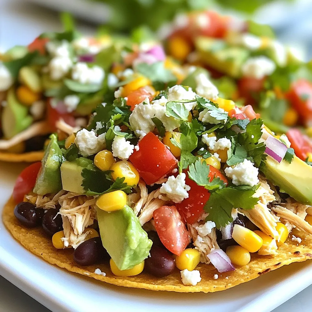 - 2 cups rotisserie chicken, shredded - 8 tostada shells - 1 cup black beans, rinsed and drained - 1 cup corn kernels, fresh or frozen - 1 ripe avocado, diced - 1 cup cherry tomatoes, halved - 1/2 cup red onion, finely chopped - 1 cup shredded lettuce - 1/2 cup crumbled queso fresco - 2 tablespoons fresh cilantro, chopped - Juice of 1 lime - 1 teaspoon chili powder - Salt and pepper to taste - Sour cream or Greek yogurt for serving (optional) These ingredients make the perfect base for your tostadas. The rotisserie chicken adds rich flavor and ease. Using black beans and corn gives you a nice texture. The fresh veggies like avocado and tomatoes bring brightness. Each topping adds a layer of flavor and color, making your dish beautiful and tasty. The lime juice and chili powder add zesty notes that enhance the overall taste. You can also adjust the seasonings to your liking. If you want extra creaminess, a dollop of sour cream or Greek yogurt is a great touch. {{ingredient_image_2}} - Preheat the oven to 350°F (175°C). - Crisp the tostada shells in the oven for 5-7 minutes. Watch them closely. They should turn golden and crunchy. - In a big bowl, mix 2 cups of shredded rotisserie chicken, 1 cup of rinsed black beans, and 1 cup of corn kernels. - Add the juice of 1 lime and 1 teaspoon of chili powder. - Season with a pinch of salt and pepper. Stir well until everything is combined. - Take a tostada shell and spread a generous amount of the chicken mixture on top. - Next, layer on diced avocado, halved cherry tomatoes, chopped red onion, and shredded lettuce. - Finish with crumbled queso fresco for a creamy touch. These steps will help you make tasty and colorful tostadas. Enjoy the bold flavors! - How to ensure tostadas are crispy: To make sure your tostadas stay crispy, bake them at 350°F for about 5-7 minutes. Watch them closely, so they don’t burn. A good tip is to space them out on the baking sheet. This allows hot air to flow around them, making them crispier. - Adjusting spice levels for different tastes: Spice levels can vary by taste. If you like mild flavors, use less chili powder. For a kick, add more chili powder or a few dashes of hot sauce. You can also mix in jalapeños for extra heat. Don’t forget to taste as you mix! - Presentation tips for a colorful platter: For a bright presentation, arrange the tostadas on a big platter. Use a mix of colors: green from avocado, red from tomatoes, and white from queso fresco. Add extra lime wedges and cilantro sprigs around the platter for a festive look. - Pairing ideas with drinks or sides: Tostadas pair well with many drinks. Try serving them with a cold soda, iced tea, or even a light beer. For sides, consider fresh fruit like watermelon or a simple green salad. These keep the meal light and refreshing! Pro Tips Use Fresh Ingredients: Fresh avocado and ripe tomatoes elevate the flavor and texture of your tostadas, making them more vibrant and delicious. Perfectly Crisp Tostadas: Keep a close eye on the tostada shells in the oven; even a minute too long can lead to burning. Aim for a golden brown color for the best crunch. Customize Your Toppings: Feel free to add or substitute toppings based on your preferences; jalapeños, olives, or different cheeses can add unique flavors. Make Ahead: The chicken mixture can be prepared in advance and stored in the fridge. Just assemble the tostadas when you're ready to serve for a quick meal. {{image_4}} You can switch up the protein in your tostadas. Instead of rotisserie chicken, try tofu. Tofu absorbs flavors well and adds protein. For a heartier option, use shredded beef. Beef adds a rich taste and pairs well with toppings. You can make tasty vegetarian tostadas too. Use black beans and corn as a filling. They add fiber and flavor. You can also try grilled vegetables like zucchini, bell peppers, and eggplant. These veggies bring a fresh taste and vibrant color. Changing the cheese or salsa can make a big difference. Try using cheddar or Monterey Jack cheese for a different taste. You can also add your favorite salsa for a kick. To enhance flavors, include spices like cumin or smoked paprika. Fresh herbs like cilantro or parsley add brightness too. These small changes can create a new flavor experience each time you make them. After you enjoy your tostadas, store any leftovers properly. Place leftover chicken mixture in an airtight container. Keep the chicken mixture and toppings separate. This way, the tostada shells stay crispy. Store the tostada shells in a cool, dry place. If you place them in the fridge, they may get soggy. To reheat tostada shells, preheat your oven to 350°F (175°C). Place the shells on a baking sheet. Heat them for about 5 minutes. This will make them crispy again. For the chicken mixture, warm it in a skillet over medium heat. Stir it often to heat evenly. You can also use the microwave. Heat it in 30-second bursts, stirring in between, until hot. You can freeze the chicken mixture for later use. Place it in a freezer-safe bag or container. Remove as much air as possible before sealing. Tostada shells do not freeze well once they are baked. If you want to freeze them, do it before baking. Just thaw and bake when you’re ready to enjoy. To keep tostadas crispy, store them in an airtight container. Avoid stacking them. If you need to reheat, place them in the oven at 350°F for a few minutes. This restores their crunch. Yes, you can prepare the chicken mixture ahead of time. Mix the shredded chicken, beans, corn, lime juice, chili powder, and seasonings. Store it in the fridge for up to two days. Just remember to assemble the tostadas when you're ready to eat. Each serving of Rotisserie Chicken Tostadas has around 400 calories. It provides protein, fiber, and healthy fats. The exact values depend on toppings and portion sizes. Each tostada has a good mix of nutrients, making it a balanced meal. To make gluten-free tostadas, use gluten-free tostada shells. Most corn tortillas are gluten-free. Check their labels to ensure they fit your dietary needs. This way, you can enjoy the dish without worries. Absolutely! Store-bought salsa works great as a topping. Choose one that you enjoy. This saves time and keeps your meal easy. Just remember to add fresh ingredients like avocado and cilantro for extra flavor! This blog post has shown you how to make delicious Rotisserie Chicken Tostadas. We covered essential ingredients, cooking steps, and tasty variations. You can enjoy crispy tostadas topped with chicken, beans, and fresh veggies. Remember to try different proteins or add layers of flavor with herbs and spices. Don't forget to store leftovers correctly and reheat for that perfect crunch. These tasty tostadas can fit any meal, making them a great choice for any day. Enjoy creating your own flavorful tostadas!