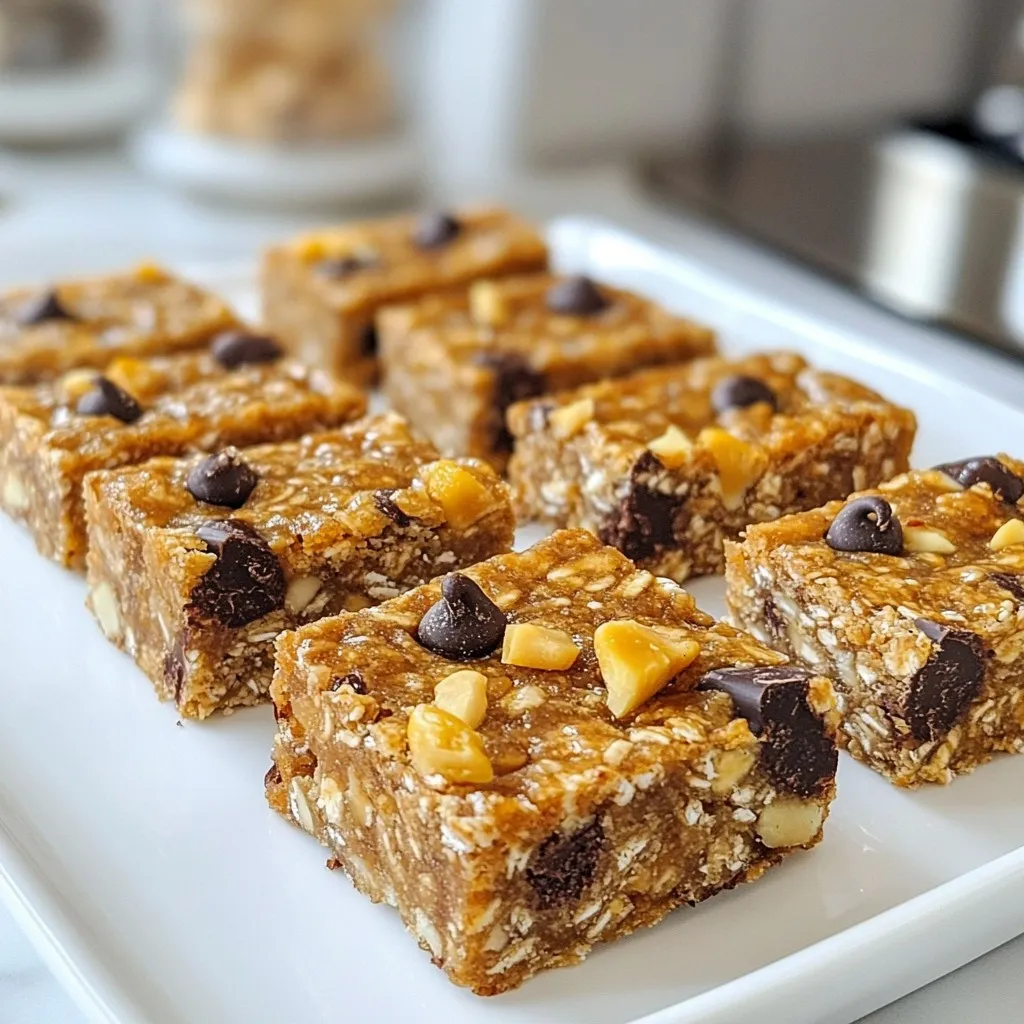 To make these tasty bars, gather the following key ingredients: - 2 ripe bananas, well-mashed - 1 cup rolled oats - 1/2 cup almond butter (or substitute with peanut butter) - 1/4 cup honey or maple syrup - 1/2 teaspoon pure vanilla extract - 1/2 teaspoon ground cinnamon - 1/4 teaspoon salt These ingredients form the base of your energy bars. The bananas give natural sweetness and moisture. Rolled oats provide fiber and a hearty texture. Almond butter adds healthy fats and protein, while honey or maple syrup binds everything together. You can make these bars even more exciting with some optional add-ins: - 1/3 cup dark chocolate chips - 1/4 cup nuts (chopped walnuts or almonds) - 1/4 cup dried fruit (such as raisins or cranberries) Dark chocolate chips add sweetness and a rich taste. Nuts give a nice crunch and can boost the protein content. Dried fruit adds more natural sweetness and chewy texture. If you have dietary needs, you can easily swap ingredients: - Nut-free: Use sunflower seed butter instead of almond or peanut butter. - Vegan: Replace honey with maple syrup for a fully vegan option. - Gluten-free: Ensure your rolled oats are labeled gluten-free. These substitutions let everyone enjoy the bars, no matter their dietary restrictions. {{ingredient_image_2}} First, set your oven to 350°F (175°C). This heat is perfect for baking. Next, grab an 8x8 inch baking pan. Line it with parchment paper. This helps to remove the bars easily later. Take two ripe bananas and mash them in a large bowl. Use a fork or potato masher for this. Mix in 1/2 cup of almond butter. You can swap it for peanut butter if you prefer. Add 1/4 cup of honey or maple syrup for sweetness. Don’t forget 1/2 teaspoon of vanilla extract. Stir this all well until it becomes smooth. In another bowl, combine 1 cup of rolled oats, 1/2 teaspoon of ground cinnamon, and 1/4 teaspoon of salt. Mix these dry ingredients well. This step ensures the flavors mix evenly throughout the bars. Gradually add the dry mixture to the wet banana mix. Stir gently. You want to blend them without over-mixing. If you like, fold in 1/3 cup of dark chocolate chips, 1/4 cup of chopped nuts, or 1/4 cup of dried fruit. These add flavor and texture. Spread the mixture evenly in the prepared pan using a spatula. Make sure it fills the corners well. Bake in the oven for 20-25 minutes. Look for a golden edge and use a toothpick to check doneness. It should come out clean. Let the bars cool in the pan for about 10 minutes. After that, lift them out using the parchment paper. Place them on a wire rack to cool completely. Once cool, cut them into squares or rectangles. Store them in an airtight container. They stay fresh for up to a week. To make tasty energy bars, follow these tips: - Use ripe bananas. They are sweeter and easier to mash. - Measure oats accurately. Too many can make bars dry. - Mix well. Blend wet and dry ingredients until smooth. - Pack the mixture tightly in the pan. This helps bars hold together. - Bake until edges are golden brown for the best texture. If your energy bars do not turn out right, here are some fixes: - Bars are too crumbly? Try adding a bit more almond butter or honey. - Bars are too dense? Ensure you mix the wet and dry well. - Bars are too sweet? Cut back on honey or use less banana. You can change these bars to suit your taste. Here are some ideas: - Add spices like nutmeg or ginger for warmth. - Mix in different nuts or seeds for crunch. - Use dried fruits like apricots or cherries for sweetness. - Swap dark chocolate chips for white chocolate or carob chips. - Try nut butters like cashew or sunbutter for a new twist. Feel free to experiment! Each change can create a fun, new flavor. Pro Tips Perfectly Ripe Bananas: Choose bananas that are speckled with brown spots. This indicates they are sweet and perfect for mashing, resulting in a richer flavor in your energy bars. Nut Butter Options: If you prefer a different flavor, feel free to experiment with other nut butters like cashew or sunflower seed butter for a unique twist! Storage Tips: To keep your energy bars fresh for longer, consider storing them in the freezer. They can be easily thawed when you want a quick snack! Customize Your Add-ins: Get creative with your mix-ins! Try adding seeds, coconut flakes, or even protein powder for an extra nutritional boost. {{image_4}} You can easily make these banana oatmeal energy bars gluten-free. Just use certified gluten-free rolled oats. This way, you still get that chewy texture and great taste without the gluten. Always check the label to ensure no cross-contamination occurs during processing. To make these bars vegan, swap honey with maple syrup. This keeps the sweetness while staying plant-based. You can also use a nut butter made from sunflower seeds if you want to avoid nuts. This makes the bars safe for nut allergies while still being delicious. Get creative with your flavors! Consider adding: - Dried fruits: Try apricots or dates for a sweet twist. - Nuts: Use pecans or cashews for a different crunch. - Seeds: Chia or flax seeds can add extra nutrition and texture. - Spices: A pinch of nutmeg or ginger can spice things up. You can mix and match these options to find your favorite combination. It’s fun to experiment! To keep your Banana Oatmeal Energy Bars fresh, store them in an airtight container. This method locks in moisture and flavor. Place the bars in a single layer to avoid sticking. If stacking is necessary, use parchment paper between layers. For long-term storage, freeze the bars. First, cut them into squares or rectangles. Wrap each bar tightly in plastic wrap. Then, place them in a freezer-safe bag or container. This way, they stay fresh for up to three months. When ready to enjoy, simply thaw them in the fridge overnight. These energy bars stay fresh for about a week at room temperature. Look for signs like dryness or a change in smell. If they feel hard or smell off, it's best to toss them. To enjoy the best flavor, eat them within the first few days! Banana oatmeal energy bars are a tasty snack made with simple ingredients. They mix ripe bananas, rolled oats, and nut butter. You can add honey or maple syrup for sweetness. These bars are chewy and filling, perfect for on-the-go energy. Homemade energy bars last up to one week when stored right. Keep them in an airtight container to keep them fresh. You can also freeze them for longer storage. Just wrap them well before freezing. Yes, you can add protein powder to boost nutrition. Start with one scoop and mix it in with the dry ingredients. This addition can help make these bars even more filling and great for workouts. Absolutely! These bars are great for meal prep. You can make a batch and store them for the week. They make a quick snack or breakfast option. Just grab one when you need a boost. If you don’t have almond butter, peanut butter works well. Sunflower seed butter is a good nut-free choice. Each option adds flavor and creaminess to the bars. Choose what you like best or what you have at home. You now have a clear guide to make tasty banana oatmeal energy bars. We explored key ingredients and optional add-ins for more flavor. You learned the step-by-step process, from mixing to baking. Tips helped troubleshoot common issues and customize your bars to your taste. Lastly, storage info ensures your bars stay fresh longer. With these tools, you can enjoy healthy snacks anytime. Simple changes make a big difference. Now, get creative and have fun in the kitchen!