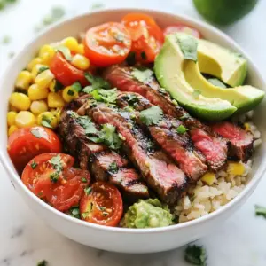- 1 lb flank steak - 2 tablespoons olive oil - 3 cloves garlic, minced - Juice and zest from 2 limes - 1 tablespoon honey - 1 teaspoon chili powder - 1 teaspoon ground cumin - 1 teaspoon salt - &frac12; teaspoon freshly ground black pepper - 1 cup cooked brown rice - 1 cup cherry tomatoes, halved - 1 ripe avocado, sliced - 1 cup corn (fresh or canned) - &frac12; cup fresh cilantro, roughly chopped - Lime wedges, for serving When I make these bowls, I start with the main ingredients. Flank steak gives a rich flavor. The olive oil helps with cooking. Minced garlic adds a great taste. Lime juice brings a fresh zing. The zest adds even more lime flavor. Next, I mix in the seasoning ingredients. Honey balances the acidity of lime. Chili powder gives a slight kick. Ground cumin adds depth. Salt enhances all the flavors, while black pepper gives a nice finish. For the bowl toppings, I choose cooked brown rice as a base. It&rsquo;s hearty and filling. Cherry tomatoes add sweetness and color. Sliced avocado brings creaminess. Corn gives a crisp texture. Fresh cilantro brightens each bite. Lime wedges are a must for that extra burst of zest! These ingredients work together to create a flavorful and fresh meal. {{ingredient_image_2}} To start, gather your ingredients. In a small bowl, combine: - 2 tablespoons olive oil - 3 cloves garlic, minced - Juice and zest from 2 limes - 1 tablespoon honey - 1 teaspoon chili powder - 1 teaspoon ground cumin - 1 teaspoon salt - &frac12; teaspoon freshly ground black pepper Whisk them all together until smooth. This marinade bursts with flavor. The lime adds a fresh zing, while honey balances the heat. Next, take your flank steak and place it in a shallow dish or a ziplock bag. Pour the marinade over the steak, making sure it is coated well. Seal the bag or cover the dish tightly. Refrigerate for at least 30 minutes. For stronger flavors, marinate up to 2 hours. This step makes the steak tender and tasty. When you're ready to cook, preheat your grill to medium-high heat. Remove the steak from the marinade and let the excess drip off. Discard the leftover marinade. Grill the steak for about 4-5 minutes on each side. Check for doneness by cutting into it. For medium-rare, it should be slightly pink in the middle. After cooking, let the steak rest for at least 5 minutes. This helps keep it juicy. Now, it&rsquo;s time to build your bowls. Start with 1 cup of cooked brown rice as the base in each bowl. Next, layer the sliced steak right on top. Add halved cherry tomatoes, sliced avocado, and corn. Finally, pile on a generous handful of chopped fresh cilantro. For a zesty kick, squeeze a lime wedge over each bowl. Enjoy every bite of this vibrant meal! For the best flavor, marinate the flank steak for at least 30 minutes. If you have more time, try 2 hours. This lets the flavors soak in deeper. The lime juice tenderizes the meat while adding a fresh kick. Make sure to coat the steak well with the marinade. To check doneness, use a meat thermometer. Aim for 130&deg;F for medium-rare. Grill the steak for about 4-5 minutes on each side. After grilling, let the steak rest for 5 minutes. This helps keep the juices inside. Slicing against the grain makes each bite tender and enjoyable. For a beautiful bowl, use colorful dishes. Layer the ingredients neatly for a great look. Top with fresh cilantro and a squeeze of lime. This adds a pop of color and flavor. Drizzle extra lime juice on top for more zest. Enjoy your colorful and fresh meal! Pro Tips Marination Time: For the best flavor, marinate the steak for at least 2 hours, or even overnight if possible. This allows the meat to absorb the marinade fully, enhancing its taste. Grilling Temperature: Ensure your grill is preheated to medium-high heat before placing the steak on it. This helps to achieve a nice sear on the outside while keeping the inside juicy. Slicing Technique: Always slice the steak against the grain. This helps to break down the muscle fibers, resulting in a more tender bite. Serving Freshness: Add the avocado and cilantro just before serving to keep them fresh and vibrant. This will enhance the visual appeal and flavor of your steak bowls. {{image_4}} You can easily change the protein in these bowls. Chicken breast works well. Simply marinate it like the steak. Shrimp is another tasty option. It cooks fast and absorbs flavors quickly. If you want a vegetarian meal, try grilled tofu or tempeh. Both soak up the marinade nicely. This way, you can enjoy cilantro lime bowls no matter your diet. Don't feel stuck with the same ingredients. You can swap brown rice for quinoa or cauliflower rice. Both options add a unique twist. If you want more crunch, replace cherry tomatoes with diced bell peppers. You can also use black beans or pinto beans for added protein. The toppings can vary too. Try pickled onions, jalape&ntilde;os, or even shredded cheese for a fun mix. To kick up the flavor, add spices like smoked paprika or cayenne pepper. Both can give your dish a little extra heat. You can also drizzle some chipotle sauce on top for a smoky touch. Another option is to mix yogurt with lime juice for a creamy dressing. This adds a nice balance to the zesty flavors. Don't be afraid to get creative; your taste buds will thank you! To keep your steak bowls fresh, store them in airtight containers. Place the rice, steak, and toppings in separate sections. This helps prevent sogginess. Refrigerate the bowls within two hours of cooking. They stay good for about three days. Just remember to seal the containers well. You can freeze the components of your steak bowls. First, cool the steak completely before slicing. Then, place the sliced steak in a freezer bag. Remove as much air as possible. Store the cooked rice in another airtight bag. You can freeze these for up to three months. Avoid freezing toppings like avocado and tomatoes; they don&rsquo;t freeze well. To reheat, I recommend using the stovetop or microwave. For the stovetop, warm the steak in a skillet over medium heat. Add a splash of water or broth to keep it moist. For the microwave, cover the bowl with a damp paper towel and heat in short bursts. This will help maintain the steak's juicy flavor and keep the rice fluffy. Enjoy your meal just like it was fresh! Yes, you can make Cilantro Lime Steak Bowls ahead of time. Prepare the steak and the rice a day or two in advance. Store each component in separate airtight containers. When you are ready to eat, just assemble the bowls. Reheat the steak and rice gently. This keeps the dish fresh and tasty. If you cannot find flank steak, there are great options. You can use skirt steak, sirloin, or chicken breast. For a vegetarian choice, try grilled portobello mushrooms or tofu. Each option works well with the marinade and adds unique flavors. To make Cilantro Lime Steak Bowls gluten-free, ensure you use gluten-free soy sauce in the marinade. Most other ingredients are already gluten-free. Always check labels to avoid hidden gluten. This way, everyone can enjoy this fresh meal. Yes, this recipe is perfect for meal prep. You can cook a large batch of steak and rice. Divide them into containers for the week. Add fresh toppings like tomatoes and avocado just before eating. This makes healthy meals easy and quick! In this post, we explored making delicious cilantro lime steak bowls. You learned the key ingredients, including flank steak, spices, and tasty toppings. We covered the step-by-step process from marinating to grilling. You picked up useful tips to enhance flavor and presentation. Finally, we discussed variations and how to store or prep this dish ahead. Enjoy creating your own bowls with these easy steps. You&rsquo;ll impress everyone and savor every bite!