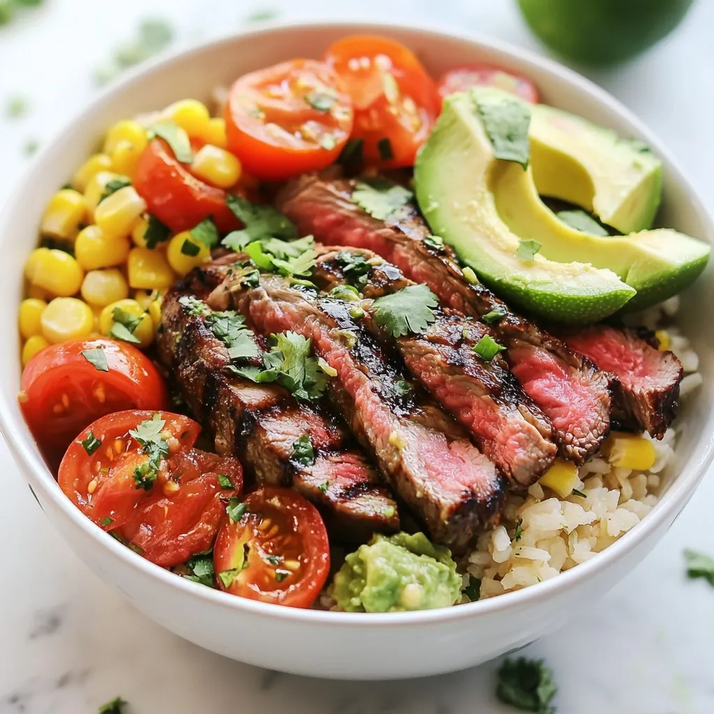 - 1 lb flank steak - 2 tablespoons olive oil - 3 cloves garlic, minced - Juice and zest from 2 limes - 1 tablespoon honey - 1 teaspoon chili powder - 1 teaspoon ground cumin - 1 teaspoon salt - ½ teaspoon freshly ground black pepper - 1 cup cooked brown rice - 1 cup cherry tomatoes, halved - 1 ripe avocado, sliced - 1 cup corn (fresh or canned) - ½ cup fresh cilantro, roughly chopped - Lime wedges, for serving When I make these bowls, I start with the main ingredients. Flank steak gives a rich flavor. The olive oil helps with cooking. Minced garlic adds a great taste. Lime juice brings a fresh zing. The zest adds even more lime flavor. Next, I mix in the seasoning ingredients. Honey balances the acidity of lime. Chili powder gives a slight kick. Ground cumin adds depth. Salt enhances all the flavors, while black pepper gives a nice finish. For the bowl toppings, I choose cooked brown rice as a base. It’s hearty and filling. Cherry tomatoes add sweetness and color. Sliced avocado brings creaminess. Corn gives a crisp texture. Fresh cilantro brightens each bite. Lime wedges are a must for that extra burst of zest! These ingredients work together to create a flavorful and fresh meal. {{ingredient_image_2}} To start, gather your ingredients. In a small bowl, combine: - 2 tablespoons olive oil - 3 cloves garlic, minced - Juice and zest from 2 limes - 1 tablespoon honey - 1 teaspoon chili powder - 1 teaspoon ground cumin - 1 teaspoon salt - ½ teaspoon freshly ground black pepper Whisk them all together until smooth. This marinade bursts with flavor. The lime adds a fresh zing, while honey balances the heat. Next, take your flank steak and place it in a shallow dish or a ziplock bag. Pour the marinade over the steak, making sure it is coated well. Seal the bag or cover the dish tightly. Refrigerate for at least 30 minutes. For stronger flavors, marinate up to 2 hours. This step makes the steak tender and tasty. When you're ready to cook, preheat your grill to medium-high heat. Remove the steak from the marinade and let the excess drip off. Discard the leftover marinade. Grill the steak for about 4-5 minutes on each side. Check for doneness by cutting into it. For medium-rare, it should be slightly pink in the middle. After cooking, let the steak rest for at least 5 minutes. This helps keep it juicy. Now, it’s time to build your bowls. Start with 1 cup of cooked brown rice as the base in each bowl. Next, layer the sliced steak right on top. Add halved cherry tomatoes, sliced avocado, and corn. Finally, pile on a generous handful of chopped fresh cilantro. For a zesty kick, squeeze a lime wedge over each bowl. Enjoy every bite of this vibrant meal! For the best flavor, marinate the flank steak for at least 30 minutes. If you have more time, try 2 hours. This lets the flavors soak in deeper. The lime juice tenderizes the meat while adding a fresh kick. Make sure to coat the steak well with the marinade. To check doneness, use a meat thermometer. Aim for 130°F for medium-rare. Grill the steak for about 4-5 minutes on each side. After grilling, let the steak rest for 5 minutes. This helps keep the juices inside. Slicing against the grain makes each bite tender and enjoyable. For a beautiful bowl, use colorful dishes. Layer the ingredients neatly for a great look. Top with fresh cilantro and a squeeze of lime. This adds a pop of color and flavor. Drizzle extra lime juice on top for more zest. Enjoy your colorful and fresh meal! Pro Tips Marination Time: For the best flavor, marinate the steak for at least 2 hours, or even overnight if possible. This allows the meat to absorb the marinade fully, enhancing its taste. Grilling Temperature: Ensure your grill is preheated to medium-high heat before placing the steak on it. This helps to achieve a nice sear on the outside while keeping the inside juicy. Slicing Technique: Always slice the steak against the grain. This helps to break down the muscle fibers, resulting in a more tender bite. Serving Freshness: Add the avocado and cilantro just before serving to keep them fresh and vibrant. This will enhance the visual appeal and flavor of your steak bowls. {{image_4}} You can easily change the protein in these bowls. Chicken breast works well. Simply marinate it like the steak. Shrimp is another tasty option. It cooks fast and absorbs flavors quickly. If you want a vegetarian meal, try grilled tofu or tempeh. Both soak up the marinade nicely. This way, you can enjoy cilantro lime bowls no matter your diet. Don't feel stuck with the same ingredients. You can swap brown rice for quinoa or cauliflower rice. Both options add a unique twist. If you want more crunch, replace cherry tomatoes with diced bell peppers. You can also use black beans or pinto beans for added protein. The toppings can vary too. Try pickled onions, jalapeños, or even shredded cheese for a fun mix. To kick up the flavor, add spices like smoked paprika or cayenne pepper. Both can give your dish a little extra heat. You can also drizzle some chipotle sauce on top for a smoky touch. Another option is to mix yogurt with lime juice for a creamy dressing. This adds a nice balance to the zesty flavors. Don't be afraid to get creative; your taste buds will thank you! To keep your steak bowls fresh, store them in airtight containers. Place the rice, steak, and toppings in separate sections. This helps prevent sogginess. Refrigerate the bowls within two hours of cooking. They stay good for about three days. Just remember to seal the containers well. You can freeze the components of your steak bowls. First, cool the steak completely before slicing. Then, place the sliced steak in a freezer bag. Remove as much air as possible. Store the cooked rice in another airtight bag. You can freeze these for up to three months. Avoid freezing toppings like avocado and tomatoes; they don’t freeze well. To reheat, I recommend using the stovetop or microwave. For the stovetop, warm the steak in a skillet over medium heat. Add a splash of water or broth to keep it moist. For the microwave, cover the bowl with a damp paper towel and heat in short bursts. This will help maintain the steak's juicy flavor and keep the rice fluffy. Enjoy your meal just like it was fresh! Yes, you can make Cilantro Lime Steak Bowls ahead of time. Prepare the steak and the rice a day or two in advance. Store each component in separate airtight containers. When you are ready to eat, just assemble the bowls. Reheat the steak and rice gently. This keeps the dish fresh and tasty. If you cannot find flank steak, there are great options. You can use skirt steak, sirloin, or chicken breast. For a vegetarian choice, try grilled portobello mushrooms or tofu. Each option works well with the marinade and adds unique flavors. To make Cilantro Lime Steak Bowls gluten-free, ensure you use gluten-free soy sauce in the marinade. Most other ingredients are already gluten-free. Always check labels to avoid hidden gluten. This way, everyone can enjoy this fresh meal. Yes, this recipe is perfect for meal prep. You can cook a large batch of steak and rice. Divide them into containers for the week. Add fresh toppings like tomatoes and avocado just before eating. This makes healthy meals easy and quick! In this post, we explored making delicious cilantro lime steak bowls. You learned the key ingredients, including flank steak, spices, and tasty toppings. We covered the step-by-step process from marinating to grilling. You picked up useful tips to enhance flavor and presentation. Finally, we discussed variations and how to store or prep this dish ahead. Enjoy creating your own bowls with these easy steps. You’ll impress everyone and savor every bite!