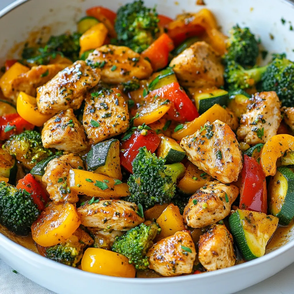 - 2 boneless, skinless chicken breasts, cut into bite-sized pieces - 1 tablespoon extra virgin olive oil - 1 red bell pepper, thinly sliced - 1 yellow bell pepper, thinly sliced - 1 medium zucchini, diced into half-moons - 1 cup fresh broccoli florets - 2 cloves garlic, finely minced - 1 teaspoon dried oregano - 1 teaspoon smoked paprika - Salt and freshly ground black pepper to taste - 1 cup low-sodium chicken broth - Fresh parsley, finely chopped (for garnish) In this dish, chicken is the star. I recommend using boneless, skinless breast meat. It cooks quickly and stays juicy. For veggies, I love bright bell peppers and crunchy broccoli. They add color and nutrition. Zucchini gives a nice texture. Seasonings bring the flavor to life. Dried oregano and smoked paprika are my favorites. They add depth without overpowering the dish. Adding garlic gives an aromatic punch. Use fresh garlic for the best taste. Olive oil keeps everything moist. It also helps the chicken brown nicely. Using low-sodium chicken broth adds more flavor without too much salt. Finally, a sprinkle of fresh parsley brightens up the meal. It adds a pop of color and freshness, making each bite delightful. {{ingredient_image_2}} Heating the Olive Oil Start by grabbing a large non-stick skillet. Place it on the stove over medium heat. Pour in one tablespoon of extra virgin olive oil. Wait until the oil shimmers, which means it is hot and ready. Planning Cooking Order It helps to plan the order of cooking. First, cook the chicken. Then, sauté the veggies. This way, everything cooks evenly and stays fresh. Seasoning Tips Cut the chicken breasts into small, bite-sized pieces. Once the oil is hot, add the chicken to the skillet. Use salt, black pepper, dried oregano, and smoked paprika to season. This combination will give the chicken great flavor. Cooking Time and Temperature Cook the chicken for about 5 to 7 minutes. Stir it occasionally so it browns nicely. The chicken is done when it reaches an internal temperature of 165°F. Use a meat thermometer to check. Adding Aromatics Once the chicken is cooked, add two finely minced garlic cloves. Stir them for 1 to 2 minutes until they smell amazing. This adds a rich flavor to the dish. Achieving Perfect Texture Next, toss in the sliced red and yellow bell peppers, diced zucchini, and fresh broccoli florets. Sauté everything together for about 5 to 6 minutes. You want the veggies to be bright and slightly tender but still a bit crisp. Combining Ingredients Now it’s time to pour in one cup of low-sodium chicken broth. Stir well to mix everything together. Increase the heat a little to bring it to a gentle simmer. Tasting and Adjusting Seasoning Let it cook for 3 to 4 more minutes. This helps the flavors blend beautifully. Finally, taste the dish. Adjust the salt and pepper if needed. For a fresh pop, sprinkle chopped parsley on top before serving. Ensuring Moist Chicken To keep chicken juicy, avoid overcooking it. Cook until it reaches 165°F. Use a meat thermometer for accuracy. Season the chicken well before cooking. This adds flavor and helps retain moisture. Vegetable Cooking Times Different veggies cook at different speeds. Bell peppers need about 5-6 minutes. Zucchini cooks quickly, around 3-4 minutes. Broccoli takes about 4-5 minutes to get tender. Keep an eye on them to maintain their color and crunch. Plating Ideas For a homey feel, serve the skillet right from the pan. Guests love to help themselves. For a fancier look, use individual bowls. Arrange chicken and veggies neatly, and drizzle with olive oil for shine. Garnishing for Color Add a sprinkle of fresh parsley on top for a pop of green. You can also use lemon wedges on the side. Lemon adds a zesty touch and brightens the dish visually. Low-Fat Substitutions You can swap olive oil for a low-calorie spray. This cuts down on fat while still adding flavor. Use skinless chicken breasts for less fat. Adding Extra Nutrition Want more fiber? Toss in spinach or kale at the end. Both wilt quickly and boost nutrition. You can also add beans for protein and texture. This makes your skillet even more filling. Pro Tips Perfectly Cooked Chicken: Ensure the chicken pieces are uniform in size for even cooking. Use a meat thermometer to check for doneness (165°F or 75°C) to avoid overcooking. Colorful Veggies: To retain the vibrant colors of the bell peppers and broccoli, add them to the skillet towards the end of the cooking process. This keeps them tender-crisp and visually appealing. Flavor Boost: For an extra layer of flavor, marinate the chicken in olive oil, garlic, and spices for at least 30 minutes before cooking. This enhances the taste and tenderness of the chicken. Serving Suggestions: Serve with a side of quinoa or brown rice to make the meal more filling. Drizzling with a squeeze of fresh lemon juice right before serving can brighten the dish. {{image_4}} Alternative Veggies You can switch up the veggies in this skillet. Try using: - Asparagus for a crunchy bite. - Carrots for a touch of sweetness. - Spinach for a leafy addition. Feel free to mix and match! Use what you enjoy or have on hand. Protein Substitutions Not feeling chicken? You can use other proteins, like: - Turkey breast for a leaner option. - Shrimp for a seafood twist. - Tofu for a veggie-friendly meal. Each choice brings a unique flavor! Spices and Herbs to Experiment With Change the flavors with different spices. Consider: - Italian seasoning for an herbaceous taste. - Curry powder for a warm, spicy kick. - Cumin for a smoky depth. These can transform your dish! Adding Sauces for Different Cuisines Sauces can shift the whole meal vibe. Think about: - Soy sauce for an Asian flair. - Salsa for a zesty Mexican twist. - Coconut milk for a creamy, tropical vibe. Each sauce adds a new layer of deliciousness! To keep your chicken and veggie skillet fresh, store it in the fridge. Place leftovers in an airtight container. This method keeps the dish safe for up to three days. Make sure to cool the skillet to room temperature before sealing. Best Practices for Freshness: - Store in a shallow container to cool quickly. - Keep the lid on tight to prevent air exposure. - Reheat only the portion you plan to eat. This helps maintain quality. Freezing is a great option if you want to save the skillet for later. Portion the dish into freezer-friendly bags or containers. Remove as much air as you can before sealing. This step prevents freezer burn. Preparing for Freezing: - Allow the skillet to cool completely before freezing. - Label containers with the date to track freshness. - Use within three months for best taste. Thawing and Reheating Tips: - Thaw in the fridge overnight for safe reheating. - Reheat in a skillet over medium heat until hot. - Add a splash of chicken broth if it seems dry. This helps revive the flavors. Yes, you can use frozen vegetables in this dish. They are a great time-saver. However, they may release extra water while cooking. This can change the texture of your skillet. To adjust for this, reduce the chicken broth by a quarter cup. You might need to cook the veggies a bit longer too. This ensures they heat through properly. This chicken and veggie skillet goes well with many sides. Here are some great options: - Brown rice for a hearty base - Quinoa for a protein boost - A simple side salad for freshness - Whole-grain bread for a nice crunch All these sides add different flavors and textures to your meal. To check if the chicken is done, use a meat thermometer. Insert it into the thickest part of the chicken. It should read 165°F or 75°C. If you don’t have a thermometer, cut into the chicken. It should be white, with no pink inside. Cooking it to the right temperature keeps it safe and juicy. This blog post covered how to make a tasty chicken and veggie skillet. We looked at the main ingredients, step-by-step cooking instructions, and helpful tips. You learned about ingredient swaps for fun flavors and easy storage options. Stick to these steps, and your skillet will impress everyone. Cooking can be simple and rewarding. Enjoy your meal, and remember, happy cooking means happy eating!