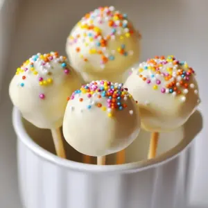 - 1 box of vanilla cake mix - 3 large eggs - 1/2 cup vegetable oil - 1 cup water - 1/2 cup frosting (store-bought or homemade) - 1 cup white chocolate chips - 1 tablespoon coconut oil (for melting chocolate) - Sprinkles (for decoration) - Lollipop sticks To make these tasty cake pops, you need just a few simple items. Start with a box of vanilla cake mix. This gives you a light and fluffy base. You will also need three large eggs, which help bind the cake together. Use half a cup of vegetable oil to keep the cake moist. One cup of water helps mix everything well. Next, frosting is key. You can use store-bought frosting or make your own if you prefer. Adding half a cup will give the cake pops their sweet flavor and sticky texture. For the coating, you&rsquo;ll need one cup of white chocolate chips. These melt down for a smooth dip. To help with melting, add one tablespoon of coconut oil. It makes the chocolate smooth and easy to work with. Don&rsquo;t forget sprinkles! They add fun colors and a festive look to your cake pops. Lastly, you'll need lollipop sticks to hold your treats. These simple ingredients come together to make a delightful snack that&rsquo;s sure to impress! {{ingredient_image_2}} Set your oven to 350&deg;F (175&deg;C). Grease a 9x13 inch baking pan well. This step helps the cake not stick later. In a large bowl, mix together the cake mix, 3 large eggs, 1/2 cup of vegetable oil, and 1 cup of water. Use a whisk or electric mixer. Mix until smooth and blended. Pour the batter into your greased pan. Spread it evenly for even cooking. Bake for 25-30 minutes. Check with a toothpick; it should come out clean when done. After baking, take the cake out and let it cool completely in the pan. Once cool, crumble the cake into a large bowl. Use your fingers or a fork to break it apart. Add 1/2 cup of frosting to the crumbled cake. Mix well until you have a sticky texture. Using your hands helps blend it better. Scoop out small portions of the mixture. Roll them into balls about 1 inch in size. Place the cake balls on a lined baking sheet. Refrigerate the cake balls for about 30 minutes. This makes them firm and easier to dip later. In a microwave-safe bowl, combine 1 cup of white chocolate chips with 1 tablespoon of coconut oil. Melt in the microwave in 30-second bursts. Stir in between until smooth. Dip the end of each lollipop stick into the melted chocolate. Then insert the stick into the center of each cake ball. This helps the sticks stay put. Carefully dip each cake pop into the melted chocolate. Make sure to cover the whole ball. Let any extra chocolate drip off before setting it down. While the chocolate is still wet, add your toppings. Use sprinkles, edible glitter, or anything else you like. Place the decorated cake pops upright in a styrofoam block or cake pop stand. This helps the chocolate harden without smudging. Once the chocolate is hard, your cake pops are ready! Store extras in an airtight container at room temperature or in the fridge. To create the best cake pops, you need the right texture. After baking your cake, let it cool completely. Crumble it well; no big chunks should remain. Mix in frosting until it feels sticky. If it's too dry, add a little more frosting. If it's too wet, add more cake crumbs. Roll the mixture into small balls, about one inch wide. This helps them hold together. Chill the balls for about 30 minutes. This makes them firm and easier to dip. Melting chocolate can be tricky. To avoid clumping or burning, use a microwave-safe bowl. Combine your white chocolate chips and coconut oil. Melt the mixture in 30-second bursts. Stir after each round to check the progress. When it's smooth, it's ready to use. If it looks thick, add a tiny bit more coconut oil. This keeps the chocolate smooth and glossy for dipping. Decorating your cake pops should be fun and easy. After dipping each pop in chocolate, sprinkle your toppings right away. This helps the sprinkles stick well. Use a wide variety of colors for a bright look. If you want uniform decoration, try using a small sieve to shake sprinkles over the cake pops. This creates an even layer. Let the pops set upright until the chocolate hardens. Pro Tips Use Room Temperature Ingredients: Allow your eggs and frosting to come to room temperature before mixing. This helps create a smoother batter and better incorporation of ingredients. Experiment with Flavors: You can add different extracts, like almond or coconut, to the cake batter for a unique flavor twist. Just a teaspoon can elevate your cake pops! Keep the Chocolate Warm: If your melted chocolate starts to thicken while dipping, simply reheat it in the microwave for a few seconds. This ensures a smooth, even coating on your cake pops. Make Ahead: Cake balls can be made in advance and stored in the refrigerator for up to a week before dipping. This is a great time-saver for parties! {{image_4}} You can switch up the flavor of your cake pops. Try chocolate or red velvet. You can even use lemon or carrot cake for a fun twist. Each flavor brings a new taste to your treat. Frosting can change the whole cake pop vibe. Cream cheese frosting adds a rich taste. Chocolate frosting gives a sweet, bold flavor. You can also try peanut butter or funfetti frosting for variety. Each option makes each bite special. If you want a healthier treat, there are options. Use whole wheat cake mix instead of regular. You can swap the frosting with Greek yogurt for a lighter choice. Try using dark chocolate instead of white chocolate. These swaps keep the fun while making it a bit healthier. To keep your cake pops fresh, store them in an airtight container. This helps keep moisture out. You can use a cake pop stand if you have one. If not, place them upright in a cup or glass. Keep them at room temperature for short times. Freezing cake pops is easy. First, let them cool after you dip them in chocolate. Place them in a single layer on a baking sheet. Freeze them for about 2 hours. Once frozen, transfer them to a freezer bag. Squeeze out excess air before sealing. To reheat, simply let them thaw at room temperature for about 30 minutes. Cake pops last about 3 days at room temperature. If you store them in the fridge, they can last up to a week. Just make sure they stay in an airtight container. This keeps them from drying out. Always check for any signs of spoilage before eating. Yes, you can use a different flavor! Try chocolate, lemon, or red velvet. Each flavor brings a unique taste. Just follow the same steps in the recipe. You will still mix it with frosting for the right texture. This way, you can make cake pops that suit your taste! For dipping, I recommend white chocolate chips. They melt smoothly and give a sweet taste. You can also use milk chocolate or dark chocolate if you prefer. Just make sure to add a bit of coconut oil when melting. This helps the chocolate stay smooth and shiny. You can refrigerate the cake pops for up to one week. Make sure they are in an airtight container. This keeps them fresh and tasty. If you want to keep them longer, try freezing them. They last up to three months in the freezer. Yes, you can make cake pops without frosting. Instead, use cream cheese or melted chocolate to bind the cake. Just mix it well with the crumbled cake. This can make the pops taste richer and creamier. If your cake pops are falling off the sticks, try chilling them longer. Make sure they are firm before dipping. You can also dip the stick into melted chocolate before inserting it. This helps the stick stay put. If they still fall, the cake may be too moist. Add a bit more cake or let it dry a bit before rolling. You learned how to make delicious cake pops from scratch. We covered the simple ingredients, easy steps, and helpful tips. Remember, practice makes perfect, especially with melting chocolate and shaping balls. Try different flavors or frostings to make it your own. Store your cake pops carefully to keep them fresh. Enjoy sharing these tasty treats with friends and family! Cake pops are fun, tasty, and perfect for any occasion. You can create memories with every bite. Now, it's time to get baking and have fun!