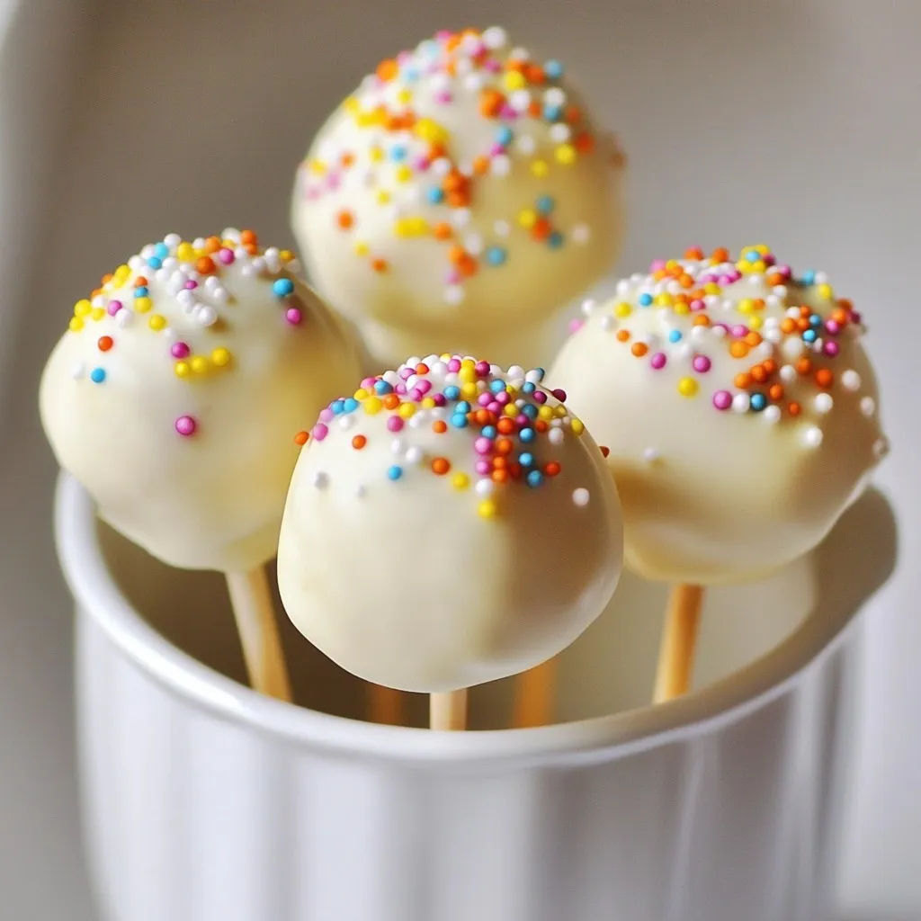 - 1 box of vanilla cake mix - 3 large eggs - 1/2 cup vegetable oil - 1 cup water - 1/2 cup frosting (store-bought or homemade) - 1 cup white chocolate chips - 1 tablespoon coconut oil (for melting chocolate) - Sprinkles (for decoration) - Lollipop sticks To make these tasty cake pops, you need just a few simple items. Start with a box of vanilla cake mix. This gives you a light and fluffy base. You will also need three large eggs, which help bind the cake together. Use half a cup of vegetable oil to keep the cake moist. One cup of water helps mix everything well. Next, frosting is key. You can use store-bought frosting or make your own if you prefer. Adding half a cup will give the cake pops their sweet flavor and sticky texture. For the coating, you’ll need one cup of white chocolate chips. These melt down for a smooth dip. To help with melting, add one tablespoon of coconut oil. It makes the chocolate smooth and easy to work with. Don’t forget sprinkles! They add fun colors and a festive look to your cake pops. Lastly, you'll need lollipop sticks to hold your treats. These simple ingredients come together to make a delightful snack that’s sure to impress! {{ingredient_image_2}} Set your oven to 350°F (175°C). Grease a 9x13 inch baking pan well. This step helps the cake not stick later. In a large bowl, mix together the cake mix, 3 large eggs, 1/2 cup of vegetable oil, and 1 cup of water. Use a whisk or electric mixer. Mix until smooth and blended. Pour the batter into your greased pan. Spread it evenly for even cooking. Bake for 25-30 minutes. Check with a toothpick; it should come out clean when done. After baking, take the cake out and let it cool completely in the pan. Once cool, crumble the cake into a large bowl. Use your fingers or a fork to break it apart. Add 1/2 cup of frosting to the crumbled cake. Mix well until you have a sticky texture. Using your hands helps blend it better. Scoop out small portions of the mixture. Roll them into balls about 1 inch in size. Place the cake balls on a lined baking sheet. Refrigerate the cake balls for about 30 minutes. This makes them firm and easier to dip later. In a microwave-safe bowl, combine 1 cup of white chocolate chips with 1 tablespoon of coconut oil. Melt in the microwave in 30-second bursts. Stir in between until smooth. Dip the end of each lollipop stick into the melted chocolate. Then insert the stick into the center of each cake ball. This helps the sticks stay put. Carefully dip each cake pop into the melted chocolate. Make sure to cover the whole ball. Let any extra chocolate drip off before setting it down. While the chocolate is still wet, add your toppings. Use sprinkles, edible glitter, or anything else you like. Place the decorated cake pops upright in a styrofoam block or cake pop stand. This helps the chocolate harden without smudging. Once the chocolate is hard, your cake pops are ready! Store extras in an airtight container at room temperature or in the fridge. To create the best cake pops, you need the right texture. After baking your cake, let it cool completely. Crumble it well; no big chunks should remain. Mix in frosting until it feels sticky. If it's too dry, add a little more frosting. If it's too wet, add more cake crumbs. Roll the mixture into small balls, about one inch wide. This helps them hold together. Chill the balls for about 30 minutes. This makes them firm and easier to dip. Melting chocolate can be tricky. To avoid clumping or burning, use a microwave-safe bowl. Combine your white chocolate chips and coconut oil. Melt the mixture in 30-second bursts. Stir after each round to check the progress. When it's smooth, it's ready to use. If it looks thick, add a tiny bit more coconut oil. This keeps the chocolate smooth and glossy for dipping. Decorating your cake pops should be fun and easy. After dipping each pop in chocolate, sprinkle your toppings right away. This helps the sprinkles stick well. Use a wide variety of colors for a bright look. If you want uniform decoration, try using a small sieve to shake sprinkles over the cake pops. This creates an even layer. Let the pops set upright until the chocolate hardens. Pro Tips Use Room Temperature Ingredients: Allow your eggs and frosting to come to room temperature before mixing. This helps create a smoother batter and better incorporation of ingredients. Experiment with Flavors: You can add different extracts, like almond or coconut, to the cake batter for a unique flavor twist. Just a teaspoon can elevate your cake pops! Keep the Chocolate Warm: If your melted chocolate starts to thicken while dipping, simply reheat it in the microwave for a few seconds. This ensures a smooth, even coating on your cake pops. Make Ahead: Cake balls can be made in advance and stored in the refrigerator for up to a week before dipping. This is a great time-saver for parties! {{image_4}} You can switch up the flavor of your cake pops. Try chocolate or red velvet. You can even use lemon or carrot cake for a fun twist. Each flavor brings a new taste to your treat. Frosting can change the whole cake pop vibe. Cream cheese frosting adds a rich taste. Chocolate frosting gives a sweet, bold flavor. You can also try peanut butter or funfetti frosting for variety. Each option makes each bite special. If you want a healthier treat, there are options. Use whole wheat cake mix instead of regular. You can swap the frosting with Greek yogurt for a lighter choice. Try using dark chocolate instead of white chocolate. These swaps keep the fun while making it a bit healthier. To keep your cake pops fresh, store them in an airtight container. This helps keep moisture out. You can use a cake pop stand if you have one. If not, place them upright in a cup or glass. Keep them at room temperature for short times. Freezing cake pops is easy. First, let them cool after you dip them in chocolate. Place them in a single layer on a baking sheet. Freeze them for about 2 hours. Once frozen, transfer them to a freezer bag. Squeeze out excess air before sealing. To reheat, simply let them thaw at room temperature for about 30 minutes. Cake pops last about 3 days at room temperature. If you store them in the fridge, they can last up to a week. Just make sure they stay in an airtight container. This keeps them from drying out. Always check for any signs of spoilage before eating. Yes, you can use a different flavor! Try chocolate, lemon, or red velvet. Each flavor brings a unique taste. Just follow the same steps in the recipe. You will still mix it with frosting for the right texture. This way, you can make cake pops that suit your taste! For dipping, I recommend white chocolate chips. They melt smoothly and give a sweet taste. You can also use milk chocolate or dark chocolate if you prefer. Just make sure to add a bit of coconut oil when melting. This helps the chocolate stay smooth and shiny. You can refrigerate the cake pops for up to one week. Make sure they are in an airtight container. This keeps them fresh and tasty. If you want to keep them longer, try freezing them. They last up to three months in the freezer. Yes, you can make cake pops without frosting. Instead, use cream cheese or melted chocolate to bind the cake. Just mix it well with the crumbled cake. This can make the pops taste richer and creamier. If your cake pops are falling off the sticks, try chilling them longer. Make sure they are firm before dipping. You can also dip the stick into melted chocolate before inserting it. This helps the stick stay put. If they still fall, the cake may be too moist. Add a bit more cake or let it dry a bit before rolling. You learned how to make delicious cake pops from scratch. We covered the simple ingredients, easy steps, and helpful tips. Remember, practice makes perfect, especially with melting chocolate and shaping balls. Try different flavors or frostings to make it your own. Store your cake pops carefully to keep them fresh. Enjoy sharing these tasty treats with friends and family! Cake pops are fun, tasty, and perfect for any occasion. You can create memories with every bite. Now, it's time to get baking and have fun!