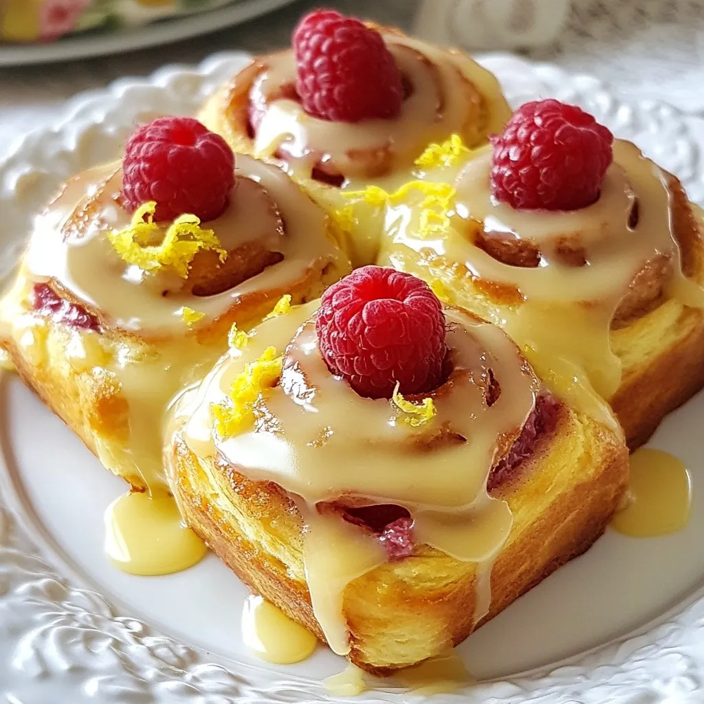 To make these tasty raspberry lemon cinnamon rolls, gather the following: - 2 cups all-purpose flour - 1/2 cup sugar, divided - 2 teaspoons baking powder - 1/2 teaspoon salt - 1/4 teaspoon baking soda - 1/2 teaspoon ground cinnamon - 1/4 cup unsalted butter, softened - 3/4 cup milk - 1 large egg - Zest of 1 lemon - 1 cup fresh raspberries (or frozen, thawed) - 1/2 cup powdered sugar - 1-2 tablespoons fresh lemon juice (for glaze) If you need to swap ingredients, here are some ideas: - You can use whole wheat flour for added fiber. - Maple syrup can replace sugar for a natural sweetener. - Almond milk works well in place of cow's milk. - Coconut oil is a great substitute for butter. - If you don’t have lemons, try using lime zest and juice. Choosing the right raspberries matters. Here are some tips: - Fresh vs. Frozen: Fresh raspberries give a bright taste. If you use frozen, make sure they are thawed and drained. - Quality: Always pick ripe raspberries. They should be firm and plump. - Storage: Keep fresh raspberries in the fridge for up to three days. - Flavor Boost: The lemon zest adds a bright note. Don’t skip it! Using these tips and ingredients, your raspberry lemon cinnamon rolls will be a hit! {{ingredient_image_2}} To start, gather your ingredients. In a large bowl, mix 2 cups of all-purpose flour, 1/4 cup of sugar, 2 teaspoons of baking powder, 1/2 teaspoon of salt, 1/4 teaspoon of baking soda, and 1/2 teaspoon of ground cinnamon. Whisk these dry items until they blend well. Next, add 1/4 cup of softened unsalted butter, 3/4 cup of milk, and 1 large egg. Mix everything together with a wooden spoon or your hands. You want to form a soft and slightly sticky dough. Now it’s time to knead the dough. Lightly flour your work surface and knead for about 2 minutes. Your goal is for the dough to be smooth and elastic, but don’t over-knead. Then, roll the dough into a rectangle, about 12x9 inches. Make sure the dough is evenly thick. Sprinkle the remaining 1/4 cup of sugar over the surface. Next, spread 1 cup of fresh raspberries and the zest of 1 lemon on top. Press the raspberries lightly into the dough. Starting from one long edge, roll the dough tightly into a log shape. Pinch the seam to keep it together. Cut the log into 12 equal pieces, each about 1 inch thick. Place these pieces in a greased 9x13 inch baking pan, leaving space between them. Cover the pan with a clean kitchen towel and let the rolls rise for about 30 minutes. They should double in size. While they rise, preheat your oven to 375°F (190°C). After the rolls have risen, bake them for 20-25 minutes. They should look golden brown and smell amazing. Once done, take them out and let them cool for a few minutes. Finally, drizzle a glaze made from 1/2 cup powdered sugar and 1-2 tablespoons of fresh lemon juice over the warm rolls. Enjoy this sweet and tangy treat! To get the right dough, start with the dry ingredients. Mix the flour, sugar, baking powder, salt, baking soda, and cinnamon well. This step helps the flavors blend. When you add the butter, milk, and egg, stir until it forms a soft and sticky dough. If the dough feels too dry, add a little more milk. If it's too wet, sprinkle in more flour. Knead the dough gently for about two minutes. You want it smooth but not tough. Uniform baking is key for great cinnamon rolls. Roll your dough into a 12x9 inch rectangle. Make sure the thickness is even all over. When you cut the rolls, use a sharp knife or dental floss to slice. This keeps the edges clean and helps them rise evenly. Place the rolls in the greased pan with space between them. This allows room for rising and baking without sticking together. Preheat your oven to 375°F (190°C) while the rolls rise. To boost the flavor, think about adding more zest! You can use the zest of two lemons instead of one. If you want it sweeter, add a bit more sugar to the raspberries. Mixing in a few drops of vanilla extract can also add depth to the glaze. For a spicier kick, try adding a pinch of nutmeg or cardamom to the cinnamon. Each little tweak can make your rolls unique and delightful! Pro Tips Use Fresh Raspberries: For the best flavor and texture, opt for fresh raspberries when they're in season. If using frozen, ensure they are fully thawed and drained to avoid excess moisture in the dough. Perfectly Soft Dough: When kneading, aim for a soft and slightly sticky dough. If it feels too dry, add a splash of milk; if too wet, sprinkle in a bit more flour as needed. Evenly Cut Rolls: For uniform-sized rolls, use dental floss to cut the log. Simply slide the floss under the dough, cross the ends over the top, and pull to slice without squishing the rolls. Glaze While Warm: Drizzle the lemon glaze over the rolls while they're still warm for better absorption, resulting in a more flavorful and moist finish. {{image_4}} You can change the fruit in these rolls for different flavors. Try using blueberries, strawberries, or blackberries. Each fruit gives a unique taste and look. For a tropical twist, add pineapple chunks or mango. Mix and match fruits to find your favorite combo. Just make sure the fruit is not too watery. This keeps the dough from getting soggy. You can make these rolls vegan by swapping the butter and milk. Use plant-based butter and almond or oat milk instead. For the egg, try a flaxseed mixture. Mix one tablespoon of flaxseed meal with three tablespoons of water. Let it sit for a few minutes to thicken. To make gluten-free rolls, use a gluten-free flour blend. Look for blends that work well in baking. Adding spices can give your rolls a cozy flavor. Consider using nutmeg, ginger, or cloves. These spices pair well with the cinnamon and lemon. Just a pinch can warm up the taste. Mix these spices into the dough or sprinkle them with the sugar. This adds a nice touch during cold months. Feel free to experiment with your favorite winter spices! To keep your raspberry lemon cinnamon rolls fresh, store them in an airtight container. This helps retain moisture and flavor. If you plan to eat them within a few days, they can sit at room temperature. If you need to store them for a longer time, the fridge is a good option. When it’s time to enjoy your cinnamon rolls again, reheating them is easy. Place the rolls on a microwave-safe plate. Heat them for about 15-20 seconds. If you want them warm and soft, cover the plate with a damp paper towel. This will keep the rolls from drying out. You can freeze these rolls for later! First, let them cool completely. Then, wrap each roll tightly in plastic wrap. Place the wrapped rolls in a freezer bag. They will keep well for up to three months. When you’re ready to eat, simply thaw overnight in the fridge. Reheat as mentioned above for a warm treat! Yes, you can make these rolls ahead of time. Prepare the dough and fill it. Then, roll the dough and cut it into pieces. Place the rolls in a greased pan. Cover the pan with plastic wrap and refrigerate overnight. In the morning, let them sit at room temp for 30 minutes before baking. This step allows them to rise before you bake them. Serve these rolls warm for the best taste. Place them on a pretty plate. Drizzle the lemon glaze over the top. Add fresh raspberries and lemon zest as a finishing touch. If you want extra creaminess, serve with whipped cream on the side. This makes a delightful treat for breakfast or brunch. To change the number of servings, adjust the ingredient amounts. For half the recipe, use half of each ingredient. For example, use 1 cup of flour and 1/4 cup of sugar. You can also make more rolls by doubling the ingredients. If you want to keep the rolls the same size, be sure to cut them evenly. You learned about making Raspberry Lemon Cinnamon Rolls today. We covered key ingredients, helpful tips, and step-by-step instructions. You now know how to perfect the dough and store your rolls. Try different fruits, flavors, or even gluten-free options. Baking can be fun and rewarding. Experiment and find what you like best. Enjoy sharing your delicious creations with loved ones. Happy baking!