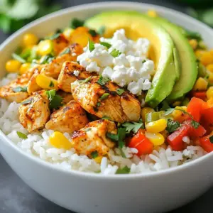 - 2 cups cooked jasmine rice - 1 pound chicken breast, diced - 1 cup corn kernels - 1 red bell pepper - 1/2 cup red onion - 1 ripe avocado - 1/2 cup crumbled feta cheese - 1/4 cup fresh cilantro - 2 tablespoons olive oil - 1 tablespoon chili powder - 1 teaspoon ground cumin - 1 teaspoon garlic powder - Juice of 1 lime - Salt and freshly ground pepper This Street Corn Chicken Rice Bowl is a colorful feast. Each ingredient plays a key role. First, the jasmine rice forms a soft base. It&rsquo;s fluffy and light, perfect for soaking up flavors. The diced chicken adds protein and heartiness. I use breast meat for its mild flavor. Next, the corn kernels bring sweetness. They can be fresh, frozen, or canned. The red bell pepper adds a crunchy texture and a pop of color. I love how it brightens the dish. Red onion gives a sharp bite, balancing the sweetness of the corn. Don't forget the ripe avocado. It adds a creamy layer that is pure bliss. The crumbled feta cheese adds a salty tang. Finally, fresh cilantro gives a burst of herbal flavor. Together, these ingredients create a delightful mix. When it comes to seasoning, I keep it simple yet flavorful. Olive oil helps the spices stick to the chicken. Chili powder adds warmth, while cumin brings a hint of earthiness. Garlic powder enhances the overall taste. A squeeze of lime juice brightens everything up. Salt and pepper round out the flavors perfectly. This bowl is not just easy to make; it&rsquo;s also fun to customize. You can add your favorite toppings or swap out ingredients. The possibilities are endless! {{ingredient_image_2}} First, grab a large skillet and place it over medium heat. Add 1 tablespoon of olive oil to the skillet. As the oil heats, season 1 pound of diced chicken breast. Use chili powder, ground cumin, garlic powder, salt, and pepper. Mix it well to coat the chicken evenly. Once the skillet is hot, add the seasoned chicken. Cook it for about 7 to 10 minutes. Stir occasionally to ensure even cooking. The chicken should turn golden brown and be fully cooked. When done, remove the chicken from the skillet and set it aside. Next, add the rest of the olive oil to the same skillet. Toss in 1 cup of corn kernels and 1 diced red bell pepper. Saut&eacute; these for about 5 minutes. You want the corn to get a nice char and the peppers to soften. Stir occasionally to cook them evenly. This step adds great flavor and texture to your dish. The char gives a smoky taste that pairs well with the chicken. Now, take a large mixing bowl. Combine the cooked jasmine rice with the saut&eacute;ed corn and red pepper. Use 2 cups of cooked jasmine rice for this. Squeeze the juice of 1 lime over the mixture. This adds a fresh zing. Gently toss all the ingredients together. Make sure everything is mixed well. This ensures every bite has a burst of flavor. For the final step, take serving bowls and divide the rice and corn mixture evenly. This forms a solid base. Next, layer on the diced chicken. Then, add sliced avocado, finely chopped red onion, and crumbled feta cheese. To make your dish pop, finish with a sprinkle of fresh cilantro on top. For visual appeal, serve in deep bowls. Add an extra lime wedge on the side and drizzle a bit of olive oil just before serving. This enhances the rich flavor and makes it look stunning. - Ensuring chicken is fully cooked: Cook the chicken for 7-10 minutes until golden brown. Use a meat thermometer to check for 165&deg;F. This ensures it's safe to eat. - Ideal texture for saut&eacute;ed corn and peppers: Cook corn and peppers for about 5 minutes. You want the corn to get a nice char while keeping the peppers tender. Stir often for even cooking. - Serving suggestions with lime wedges: Serve your bowl with a lime wedge on the side. This adds color and lets diners add fresh lime juice for extra flavor. - Drizzling olive oil for richness: Just before serving, drizzle a bit of olive oil on top. This adds a nice sheen and enhances the taste with richness. - Suggestions for additional toppings: Try adding sliced jalape&ntilde;os for heat or pickled red onions for tang. These give the dish extra depth. - Alternative seasoning options: Experiment with smoked paprika or taco seasoning. This can change the flavor profile while keeping it fun. Pro Tips Cook Chicken Evenly: Ensure the chicken pieces are similar in size for even cooking. This helps prevent some pieces from being overcooked while others remain undercooked. Fresh Corn for Best Flavor: If possible, use fresh corn on the cob instead of frozen or canned. Fresh corn provides a sweeter flavor and a delightful crunch. Layering for Presentation: When assembling the bowl, layer the ingredients thoughtfully. Start with the rice, then add the chicken, followed by the veggies, to create a visually appealing dish. Adjust Spice Level: Feel free to adjust the amount of chili powder according to your spice preference. You can even add diced jalape&ntilde;os for an extra kick! {{image_4}} You can change the protein in your bowl. Shrimp or tofu work great! If you choose shrimp, cook it for about 3-5 minutes until it turns pink. For tofu, cube it and saut&eacute; until golden brown, which takes about 7-10 minutes. Adjust the cooking time to get the right texture. Want to make this dish gluten-free? Use gluten-free soy sauce or skip it altogether. If you need vegan options, swap chicken for chickpeas or tempeh. For cheese, use a vegan feta or skip it to keep it lighter. These swaps keep the flavors fresh and delicious. Add some spice to your meal! Try cayenne pepper or smoked paprika for extra kick. You can also drizzle with hot sauce for a zesty finish. Experiment with different rice types, such as brown rice or quinoa, for a unique twist. Variety keeps your meals exciting and tasty! To store leftovers, place the Street Corn Chicken Rice Bowl in an airtight container. Make sure to cool it down first. This keeps the food fresh and safe. You can store it in the fridge for up to three days. After that, the taste and quality may decline. For the best reheating method, use the microwave. Place your bowl in the microwave and cover it with a damp paper towel. Heat it for 1-2 minutes. This helps maintain the moisture. Stir halfway through to ensure even heating. You can also use a skillet on low heat. This method keeps the texture intact. To freeze the dish, let it cool completely. Then, place it in a freezer-safe container. It can last up to three months in the freezer. When you&rsquo;re ready to eat, thaw it overnight in the fridge. For quick thawing, use the microwave. Reheat as mentioned above for the best results. You can use several rice options if you do not have jasmine rice. Here are some good choices: - Basmati rice: This has a nutty flavor and fluffy texture. - Brown rice: It is whole grain and adds more fiber. - White rice: A common choice that cooks quickly. - Quinoa: A protein-rich grain that is gluten-free. Each option changes the taste slightly, but they all work well in this dish. Yes, you can make this meal in advance. Here are some tips for meal prep: - Cook the chicken and veggies: Store them in airtight containers. - Prepare the rice: Cook and cool it before adding to the bowl. - Store separate: Keep the toppings, like avocado and cilantro, separate until serving. This helps keep everything fresh and tasty when you&rsquo;re ready to eat. If you want to add heat, here are some ideas: - Add more chili powder: Increase the amount in the chicken. - Use diced jalape&ntilde;os: Add them while cooking the corn and peppers. - Top with hot sauce: Drizzle some on before serving for a kick. These options will give your bowl a nice spicy touch! You learned how to create a tasty street corn chicken rice bowl. We covered the main ingredients, precise cooking steps, and helpful tips. Variations let you adjust the dish to fit your needs. Proper storage ensures your leftovers stay fresh and delicious. Now, you can enjoy a bright and flavorful meal, made just the way you like it. This dish is sure to impress and satisfy everyone at your table. Enjoy your cooking!