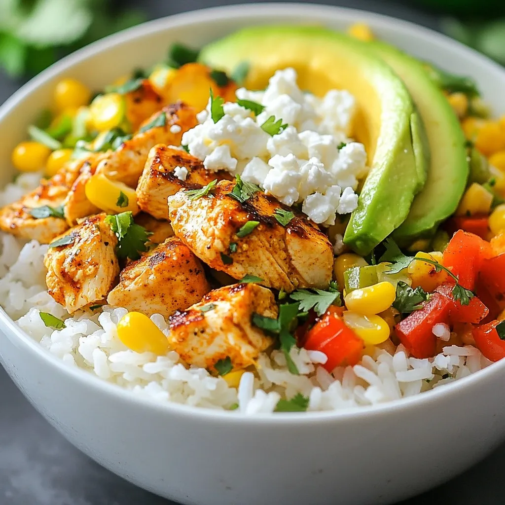 - 2 cups cooked jasmine rice - 1 pound chicken breast, diced - 1 cup corn kernels - 1 red bell pepper - 1/2 cup red onion - 1 ripe avocado - 1/2 cup crumbled feta cheese - 1/4 cup fresh cilantro - 2 tablespoons olive oil - 1 tablespoon chili powder - 1 teaspoon ground cumin - 1 teaspoon garlic powder - Juice of 1 lime - Salt and freshly ground pepper This Street Corn Chicken Rice Bowl is a colorful feast. Each ingredient plays a key role. First, the jasmine rice forms a soft base. It’s fluffy and light, perfect for soaking up flavors. The diced chicken adds protein and heartiness. I use breast meat for its mild flavor. Next, the corn kernels bring sweetness. They can be fresh, frozen, or canned. The red bell pepper adds a crunchy texture and a pop of color. I love how it brightens the dish. Red onion gives a sharp bite, balancing the sweetness of the corn. Don't forget the ripe avocado. It adds a creamy layer that is pure bliss. The crumbled feta cheese adds a salty tang. Finally, fresh cilantro gives a burst of herbal flavor. Together, these ingredients create a delightful mix. When it comes to seasoning, I keep it simple yet flavorful. Olive oil helps the spices stick to the chicken. Chili powder adds warmth, while cumin brings a hint of earthiness. Garlic powder enhances the overall taste. A squeeze of lime juice brightens everything up. Salt and pepper round out the flavors perfectly. This bowl is not just easy to make; it’s also fun to customize. You can add your favorite toppings or swap out ingredients. The possibilities are endless! {{ingredient_image_2}} First, grab a large skillet and place it over medium heat. Add 1 tablespoon of olive oil to the skillet. As the oil heats, season 1 pound of diced chicken breast. Use chili powder, ground cumin, garlic powder, salt, and pepper. Mix it well to coat the chicken evenly. Once the skillet is hot, add the seasoned chicken. Cook it for about 7 to 10 minutes. Stir occasionally to ensure even cooking. The chicken should turn golden brown and be fully cooked. When done, remove the chicken from the skillet and set it aside. Next, add the rest of the olive oil to the same skillet. Toss in 1 cup of corn kernels and 1 diced red bell pepper. Sauté these for about 5 minutes. You want the corn to get a nice char and the peppers to soften. Stir occasionally to cook them evenly. This step adds great flavor and texture to your dish. The char gives a smoky taste that pairs well with the chicken. Now, take a large mixing bowl. Combine the cooked jasmine rice with the sautéed corn and red pepper. Use 2 cups of cooked jasmine rice for this. Squeeze the juice of 1 lime over the mixture. This adds a fresh zing. Gently toss all the ingredients together. Make sure everything is mixed well. This ensures every bite has a burst of flavor. For the final step, take serving bowls and divide the rice and corn mixture evenly. This forms a solid base. Next, layer on the diced chicken. Then, add sliced avocado, finely chopped red onion, and crumbled feta cheese. To make your dish pop, finish with a sprinkle of fresh cilantro on top. For visual appeal, serve in deep bowls. Add an extra lime wedge on the side and drizzle a bit of olive oil just before serving. This enhances the rich flavor and makes it look stunning. - Ensuring chicken is fully cooked: Cook the chicken for 7-10 minutes until golden brown. Use a meat thermometer to check for 165°F. This ensures it's safe to eat. - Ideal texture for sautéed corn and peppers: Cook corn and peppers for about 5 minutes. You want the corn to get a nice char while keeping the peppers tender. Stir often for even cooking. - Serving suggestions with lime wedges: Serve your bowl with a lime wedge on the side. This adds color and lets diners add fresh lime juice for extra flavor. - Drizzling olive oil for richness: Just before serving, drizzle a bit of olive oil on top. This adds a nice sheen and enhances the taste with richness. - Suggestions for additional toppings: Try adding sliced jalapeños for heat or pickled red onions for tang. These give the dish extra depth. - Alternative seasoning options: Experiment with smoked paprika or taco seasoning. This can change the flavor profile while keeping it fun. Pro Tips Cook Chicken Evenly: Ensure the chicken pieces are similar in size for even cooking. This helps prevent some pieces from being overcooked while others remain undercooked. Fresh Corn for Best Flavor: If possible, use fresh corn on the cob instead of frozen or canned. Fresh corn provides a sweeter flavor and a delightful crunch. Layering for Presentation: When assembling the bowl, layer the ingredients thoughtfully. Start with the rice, then add the chicken, followed by the veggies, to create a visually appealing dish. Adjust Spice Level: Feel free to adjust the amount of chili powder according to your spice preference. You can even add diced jalapeños for an extra kick! {{image_4}} You can change the protein in your bowl. Shrimp or tofu work great! If you choose shrimp, cook it for about 3-5 minutes until it turns pink. For tofu, cube it and sauté until golden brown, which takes about 7-10 minutes. Adjust the cooking time to get the right texture. Want to make this dish gluten-free? Use gluten-free soy sauce or skip it altogether. If you need vegan options, swap chicken for chickpeas or tempeh. For cheese, use a vegan feta or skip it to keep it lighter. These swaps keep the flavors fresh and delicious. Add some spice to your meal! Try cayenne pepper or smoked paprika for extra kick. You can also drizzle with hot sauce for a zesty finish. Experiment with different rice types, such as brown rice or quinoa, for a unique twist. Variety keeps your meals exciting and tasty! To store leftovers, place the Street Corn Chicken Rice Bowl in an airtight container. Make sure to cool it down first. This keeps the food fresh and safe. You can store it in the fridge for up to three days. After that, the taste and quality may decline. For the best reheating method, use the microwave. Place your bowl in the microwave and cover it with a damp paper towel. Heat it for 1-2 minutes. This helps maintain the moisture. Stir halfway through to ensure even heating. You can also use a skillet on low heat. This method keeps the texture intact. To freeze the dish, let it cool completely. Then, place it in a freezer-safe container. It can last up to three months in the freezer. When you’re ready to eat, thaw it overnight in the fridge. For quick thawing, use the microwave. Reheat as mentioned above for the best results. You can use several rice options if you do not have jasmine rice. Here are some good choices: - Basmati rice: This has a nutty flavor and fluffy texture. - Brown rice: It is whole grain and adds more fiber. - White rice: A common choice that cooks quickly. - Quinoa: A protein-rich grain that is gluten-free. Each option changes the taste slightly, but they all work well in this dish. Yes, you can make this meal in advance. Here are some tips for meal prep: - Cook the chicken and veggies: Store them in airtight containers. - Prepare the rice: Cook and cool it before adding to the bowl. - Store separate: Keep the toppings, like avocado and cilantro, separate until serving. This helps keep everything fresh and tasty when you’re ready to eat. If you want to add heat, here are some ideas: - Add more chili powder: Increase the amount in the chicken. - Use diced jalapeños: Add them while cooking the corn and peppers. - Top with hot sauce: Drizzle some on before serving for a kick. These options will give your bowl a nice spicy touch! You learned how to create a tasty street corn chicken rice bowl. We covered the main ingredients, precise cooking steps, and helpful tips. Variations let you adjust the dish to fit your needs. Proper storage ensures your leftovers stay fresh and delicious. Now, you can enjoy a bright and flavorful meal, made just the way you like it. This dish is sure to impress and satisfy everyone at your table. Enjoy your cooking!