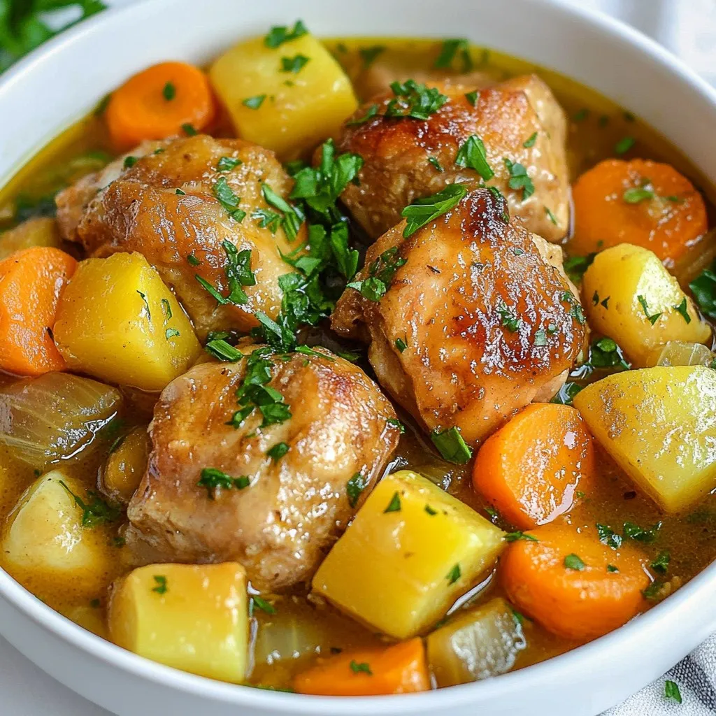 - 2 lbs boneless, skinless chicken thighs - 4 medium carrots, peeled and sliced into rounds - 3 medium potatoes, peeled and diced into 1-inch cubes - 1 cup butternut squash, peeled and cubed - 1 medium onion, finely chopped - 3 cloves garlic, minced - 4 cups low-sodium chicken broth - 1 teaspoon dried thyme - 1 teaspoon dried rosemary - 1 teaspoon smoked paprika - 1 bay leaf - Salt and pepper to taste - 2 tablespoons olive oil - 1 tablespoon apple cider vinegar - Fresh parsley, chopped, for garnish Gathering these ingredients is the first step to making a great stew. The chicken thighs are key for a tender bite. They soak up flavors well and stay juicy during cooking. I love using fresh veggies like carrots and potatoes. They add sweetness and heartiness to the dish. Butternut squash brings a lovely creaminess. It melts nicely into the stew, making it rich. Onions and garlic add depth, making the smell amazing as you cook. For broth, I prefer low-sodium chicken broth. It lets you control the saltiness better. The herbs—thyme and rosemary—bring a warm, earthy taste. Smoked paprika adds a hint of smokiness that really rounds out the flavor. Don't forget the apple cider vinegar! It adds a nice tang to balance the sweetness from the veggies. Finally, fresh parsley makes it pop with color and freshness when you serve. With this list, you are all set to create a cozy, comforting meal that warms you from the inside out. {{ingredient_image_2}} First, we start with the aromatics. Heat 2 tablespoons of olive oil in a large skillet over medium-high heat. Once hot, add 1 medium onion, finely chopped, and 3 cloves of minced garlic. Sauté these for about 3 to 4 minutes. You want the onion to turn translucent and fragrant. While the aromatics cook, prepare the chicken. In a bowl, take 2 lbs of boneless, skinless chicken thighs, cut into bite-sized chunks. Season the chicken with salt, pepper, 1 teaspoon of smoked paprika, 1 teaspoon of dried thyme, and 1 teaspoon of dried rosemary. When the onions are ready, add the seasoned chicken to the skillet. Sear the chicken on all sides for 5 to 7 minutes until it is lightly browned. This step really boosts the stew's flavor. Now, it’s time to layer the ingredients in the crockpot. Start by adding a layer of 4 medium carrots, peeled and sliced into rounds. Next, add 3 medium potatoes, peeled and diced into 1-inch cubes, followed by 1 cup of cubed butternut squash. Make sure the vegetables are spread evenly in the pot. Next, combine the chicken and aromatics. Place the seared chicken and the sautéed onion and garlic mixture on top of the layered vegetables in the crockpot. Now we add the liquid. Pour in 4 cups of low-sodium chicken broth and drizzle 1 tablespoon of apple cider vinegar over everything. Toss in 1 bay leaf for extra flavor. Cover the crockpot with its lid. Cook on low for 6 to 7 hours or on high for 4 hours. The stew is ready when the chicken is tender and the vegetables are cooked through. Before serving, carefully remove the bay leaf. Taste the stew and adjust the seasoning with more salt and pepper if needed. This step is key to enhancing the flavors. Serve the warm stew in bowls and garnish each serving with freshly chopped parsley for a vibrant finish. Enjoy your cozy fall chicken stew! To make your stew shine, use the right seasonings. I recommend smoked paprika for a warm, smoky note. Dried thyme and rosemary add earthiness. Don't forget salt and pepper! These enhance all the flavors. To ensure your chicken and vegetables are tender, avoid overcooking. Use fresh ingredients for the best taste. Cut the chicken into small chunks. This helps it cook evenly. For veggies, choose firm ones like carrots and potatoes. Crockpots are great for slow cooking. To get the best results, layer your ingredients. Start with hard vegetables like carrots and potatoes. Then, add the chicken and soft vegetables. This way, everything cooks perfectly. Also, avoid lifting the lid while it cooks. Every time you open it, you lose heat. Keep it closed to let the flavors meld. This hearty stew pairs well with crusty bread or fluffy rice. Both soak up the rich broth nicely. You can also serve it with a simple salad for freshness. For drinks, try a light white wine or warm apple cider. Both complement the stew's flavors. Enjoy your meal with family or friends for a cozy fall experience! Pro Tips Brown the Chicken: For a deeper flavor, make sure to sear the chicken until it's golden brown. This step adds a rich depth to the stew. Cut Evenly: Ensure your vegetables are cut into uniform sizes to promote even cooking and a pleasing presentation. Flavor Boost: Add a splash of white wine or a tablespoon of Dijon mustard for an extra layer of flavor in the broth. Storage Tips: This stew stores well. Refrigerate leftovers in an airtight container for up to 3 days, and it can be frozen for up to a month. {{image_4}} You can easily swap out chicken for turkey. Turkey thighs work well and add a nice flavor. If you prefer a vegetarian option, use chickpeas or lentils. Both add protein and texture. When it comes to veggies, feel free to get creative. You can use sweet potatoes instead of regular potatoes. Turnips or parsnips also make great choices. They provide unique tastes and a seasonal feel. To boost flavor, try adding spices like cumin or coriander. Fresh herbs like thyme or dill can also work wonders. You can even add a pinch of cayenne for heat. Using different broths can change the stew's taste too. Vegetable broth gives a lighter flavor, while beef broth adds richness. You could also use homemade stock for a fresh touch. For gluten-free options, ensure you choose gluten-free broth. Most broths are safe, but check the label. You can also thicken the stew with cornstarch instead of flour. If you're on a low-sodium diet, use salt-free broth. You can add fresh lemon juice to enhance flavors without extra salt. For paleo diets, skip the potatoes and add more veggies like zucchini or mushrooms. After you make your cozy fall chicken stew, let it cool to room temperature. Then, store it in the fridge. Use a glass or plastic container with a tight lid. This keeps the stew fresh and tasty. Your stew will last in the fridge for about three to four days. If you want to keep it longer, consider freezing it. For freezing, choose safe, freezer-friendly containers. Use airtight containers or freezer bags. Make sure to remove as much air as possible. This helps prevent freezer burn. Label your containers with the date and contents for easy tracking. When you are ready to enjoy leftovers, reheating is key. You can use the microwave or stove. For the microwave, place the stew in a bowl. Heat it for about 2-3 minutes, stirring halfway through. On the stove, pour the stew into a pot. Heat it over medium heat. Stir often until it's warm. For the best taste and texture, eat leftovers within three days. If they sit longer, the flavor may fade. Always check for any off smells before reheating. To freeze your chicken stew, do it within two days of cooking. This keeps the best flavor and texture. Portion it into smaller servings. This way, you can thaw only what you need later. For freezing, let the stew cool completely. Then, transfer it to your freezer container. When you are ready to use it, thaw the stew overnight in the fridge. This ensures even thawing. You can also use cold water for a quicker method. Just place the sealed bag in cold water for about an hour. After thawing, reheat on the stove or microwave before serving. Cooking this stew takes about 6-7 hours on low or 4 hours on high. The longer you cook it, the more flavors blend. The chicken should be tender, and the veggies soft. Yes, making this stew ahead of time is great! You can cook a large batch and store it. This helps the flavors develop even more. Plus, it saves you time during busy days. Just keep it in the fridge for up to three days or freeze it for longer storage. This chicken stew pairs well with many sides. Some popular choices include crusty bread, rice, or a fresh salad. You can also enjoy it with cornbread for extra comfort. Each option adds a nice touch to the hearty stew. In summary, we covered everything for making Crockpot Cozy Fall Chicken Stew. You learned the key ingredients, step-by-step cooking instructions, and helpful tips for the best flavor. We also explored variations and storage techniques to keep your stew fresh. This dish is hearty and perfect for fall. Enjoying it with bread or rice makes it even better. I hope you feel ready to create this cozy meal in your kitchen. Happy cooking!