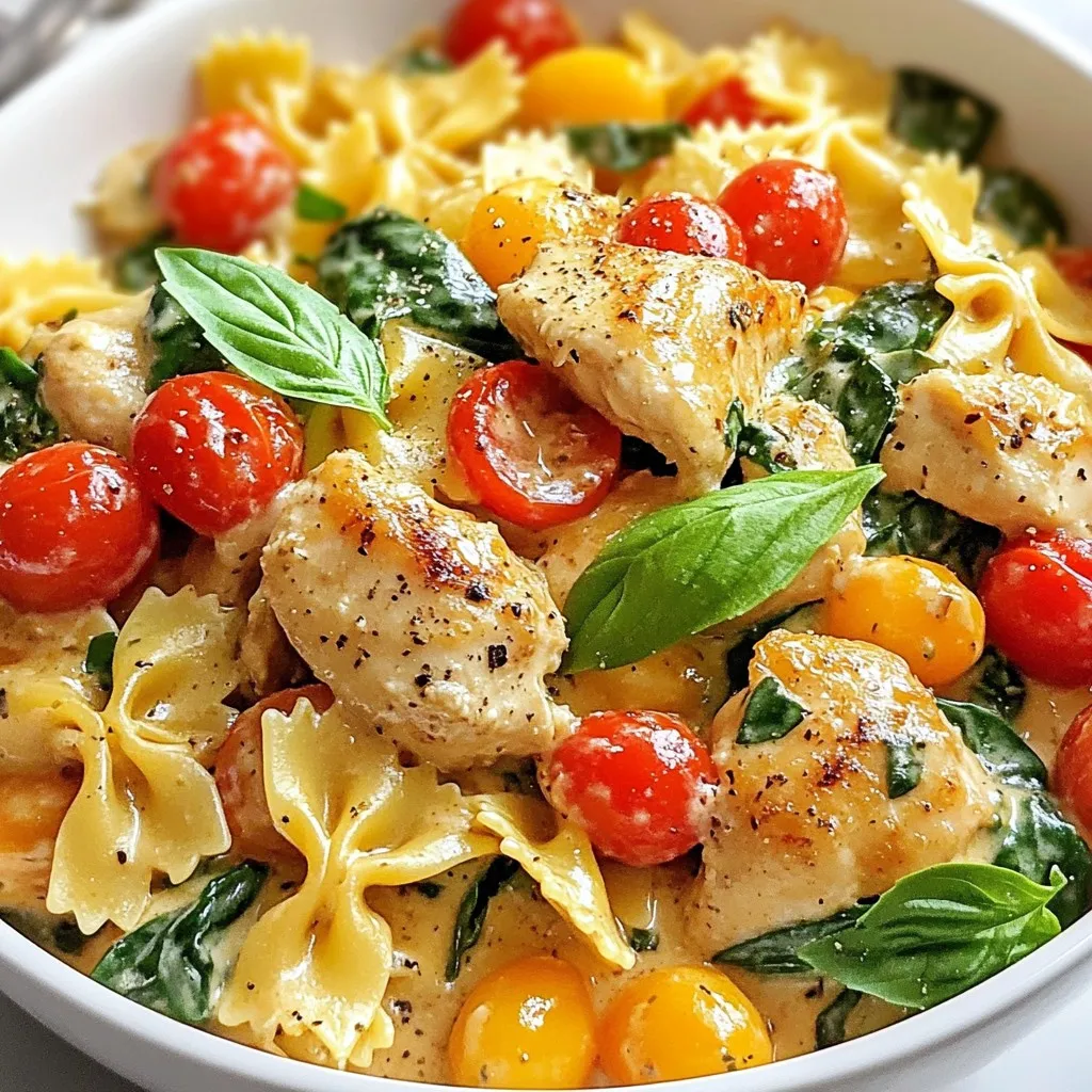 - 1 lb boneless, skinless chicken thighs, diced - 2 cups fresh baby spinach leaves - 1 cup cherry tomatoes, halved - 8 oz farfalle or penne pasta - 1 teaspoon Italian seasoning blend - 2 tablespoons extra virgin olive oil - 3 cloves garlic, minced - 1 cup heavy cream - ½ cup freshly grated Parmesan cheese - 4 cups low-sodium chicken broth - Sea salt, to taste - Black pepper, to taste This recipe uses simple, fresh ingredients to create a rich dish. The chicken thighs provide a juicy base. Spinach and tomatoes add color and nutrients. Choose farfalle or penne pasta for a fun texture. The Italian seasoning gives it a classic flavor. Olive oil and garlic add depth. Heavy cream and Parmesan cheese create the creamy sauce. Low-sodium chicken broth keeps it light but flavorful. Don’t forget to season with salt and pepper for balance. {{ingredient_image_2}} First, gather your chicken thighs. Cut them into bite-sized pieces. Heat 2 tablespoons of olive oil in a large pot over medium heat. Once the oil is hot, add the chicken. Season it with salt, pepper, and 1 teaspoon of Italian seasoning. Cook the chicken for 5 to 7 minutes. Look for a nice golden color. When it’s done, take the chicken out and set it on a plate. Next, lower the heat a bit. Add 3 cloves of minced garlic to the pot. Sauté the garlic for about 1 minute. Stir it often. You want it to smell great but not turn brown. After that, add 1 cup of halved cherry tomatoes. Cook for 2 to 3 minutes. Stir occasionally until the tomatoes soften and let out their juices. Now, it’s time to boil the pasta. Pour in 4 cups of low-sodium chicken broth and bring it to a boil. Once it’s bubbling, add 8 ounces of pasta. You can use farfalle or penne. Lower the heat and cover the pot. Let it simmer for 10 to 12 minutes. Stir it from time to time until the pasta is al dente. Add 1 cup of heavy cream, the cooked chicken, and 2 cups of fresh spinach to the pot. Cook for another 2 to 3 minutes. This will help the spinach wilt and thicken the sauce. Finally, take the pot off the heat. Gradually stir in ½ cup of grated Parmesan cheese. Mix until it melts into a creamy sauce. Taste it, and if needed, adjust the seasoning with more salt and pepper. Enjoy! - Where to find fresh ingredients: Look for fresh chicken thighs, spinach, and tomatoes at local farmers' markets. Grocery stores often have good selections too. Buy organic if you can for better taste. - Substitutions for dietary needs: If you need a healthier option, use turkey instead of chicken. For a vegetarian version, swap chicken for mushrooms or tofu. Gluten-free pasta works well too. - Ensuring pasta cooks perfectly: Use a large pot for even cooking. Stir the pasta often to prevent sticking. Check it a minute before the time is up to ensure it’s al dente. - Tips for achieving the right creamy texture: Add cream slowly while stirring. This helps it mix well with the broth. Mixing in the Parmesan cheese at the end adds richness and makes it smooth. - Garnishing suggestions: Top your pasta with fresh basil leaves for color and aroma. A sprinkle of extra Parmesan can make it look fancy too. - Serving suggestions for the best experience: Serve in wide bowls to show off the creamy sauce. Pair with garlic bread and a light salad for a complete meal. Pro Tips Use Fresh Ingredients: Fresh spinach and ripe cherry tomatoes will enhance the flavors and nutritional value of your dish. Always opt for the freshest produce available. Adjust the Creaminess: If you prefer a lighter sauce, you can reduce the amount of heavy cream or substitute half with low-fat milk. This will still give you a creamy texture without being too heavy. Perfect Pasta Cooking: To avoid overcooking the pasta, check for doneness a minute before the package instructions indicate. The pasta will continue to cook slightly after being mixed with the sauce. Herb Variations: Feel free to experiment with different herbs. Adding a sprinkle of fresh thyme or oregano can bring a new dimension to the dish, enhancing the Tuscan flavor profile. {{image_4}} You can switch the chicken for other proteins. Shrimp or turkey works well here. Both options add a new taste. For a lighter meal, try gluten-free pasta. This keeps the dish friendly for more diets. Want to kick up the flavor? Add sun-dried tomatoes or artichokes. These ingredients bring a rich taste that shines. Fresh herbs like basil or parsley add brightness. They make each bite feel fresh and exciting. If you want a lighter feel, use milk or yogurt instead of cream. This gives a nice, creamy texture without all the fat. For a vegan option, try coconut milk or cashew cream. These substitutes keep the dish rich while meeting dietary needs. To store leftovers, let the pasta cool to room temperature. Place it in an airtight container. This helps keep it fresh. You can store it in the fridge for up to three days. After that, the taste may start to fade. When you reheat the pasta, use a stovetop or microwave. If using the stovetop, add a splash of chicken broth. This keeps the dish creamy and tasty. Stir it often for even heating. If using the microwave, cover the bowl with a damp paper towel. This helps keep moisture. Heat it in short bursts, stirring in between. Yes, you can freeze this dish! Place the cooled pasta in a freezer-safe container. Make sure to leave some space for expansion. It can stay fresh for up to three months. When you’re ready to eat, thaw it overnight in the fridge. Reheat it on the stovetop with some chicken broth for best results. This will help revive the creamy sauce. Yes! You can use beef, turkey, or shrimp. For beef, try diced sirloin or ground beef. Turkey works well, too; just cook it until brown. If you opt for shrimp, add them in the last few minutes of cooking. This way, they stay tender. Vegetarian options include chickpeas or mushrooms. Both add great flavor and texture. To add spice, try red pepper flakes. A pinch goes a long way. You can also add sliced jalapeños for a fresh kick. If you want more heat, consider a dash of hot sauce. Mix it in during the cooking process for even heat throughout. Store leftovers in an airtight container. This keeps the dish fresh for up to three days. Make sure to let it cool before sealing. For longer storage, freeze it for up to two months. Just thaw in the fridge overnight before reheating. When reheating, use low heat on the stove. Add a splash of broth to keep it creamy. This blog post covered a simple dish that you'll love. We discussed key ingredients like chicken thighs, spinach, and farfalle pasta. The seasonings, including Italian herbs and garlic, bring great flavor. I provided step-by-step cooking tips to ensure your meal turns out perfect every time. Remember, you can personalize it with swaps and variations. Store any leftovers the right way for freshness. These tips will help you enjoy the dish longer. Cooking can be fun and rewarding, so try it out! Enjoy your meal!
