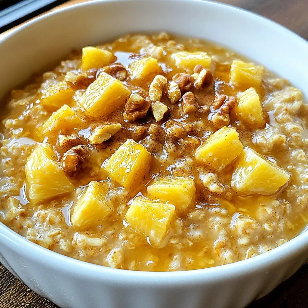 - 1 cup rolled oats - 2 cups almond milk (or any milk of your choice) - 1 medium carrot, finely grated - 1/4 cup crushed pineapple, well-drained - 1/2 teaspoon ground cinnamon - 1/4 teaspoon ground nutmeg - 1 tablespoon pure maple syrup (plus extra for drizzling) - 1/2 teaspoon vanilla extract - A pinch of salt - 1/4 cup chopped walnuts (optional) - 2 tablespoons raisins (optional) Gathering the right ingredients is key to making this dish shine. You need rolled oats for a hearty base. Almond milk, or any milk you like, adds creaminess. The carrot brings sweetness and nutrients. Well-drained crushed pineapple gives a tropical twist. Ground cinnamon and nutmeg add warmth and depth. Pure maple syrup sweetens it all up. A pinch of salt balances the flavors. Vanilla extract enhances the aroma. Chopped walnuts and raisins are optional but add great texture. When you have all these ingredients ready, you are set to create a delightful breakfast. Enjoy the process! {{ingredient_image_2}} - Combine all ingredients in a saucepan. In a medium pot, mix the rolled oats, almond milk, grated carrot, crushed pineapple, cinnamon, nutmeg, salt, maple syrup, and vanilla. Stir well to blend everything. - Bring the mixture to a gentle boil. Place the pot on medium heat. Keep stirring to avoid any sticking. - Reduce heat and simmer. Once boiling, turn the heat to low. Let it cook for about 5 to 7 minutes. Stir often until the oats become creamy and soft. If you like it thinner, add more almond milk. - Fold in optional ingredients. After cooking, take it off the heat. If you want, mix in the chopped walnuts and raisins for extra flavor and crunch. - Serve into bowls. Use a ladle to pour the warm oatmeal into colorful bowls. - Drizzle with maple syrup. Add a lovely drizzle of maple syrup on top. If you wish, sprinkle a few extra walnuts for added texture. To get your oatmeal just right, you can adjust the thickness with more milk. If you like it thicker, use less milk. For a creamier texture, add more almond milk slowly as it cooks. You can also change the cooking time to get a different texture. For chewy oats, cook for about 5 minutes. If you want it softer, let it cook for 7 minutes. Want to mix it up? Try different sweeteners instead of maple syrup. Honey or agave syrup can add a nice twist. You can also play with spices. Ginger or cardamom can give your oatmeal a unique kick. Adding a dash of nutmeg will add warmth and depth to the flavor. For a beautiful presentation, top your oatmeal with chopped walnuts or raisins. A drizzle of extra maple syrup adds sweetness and shine. You can also use fresh herbs like mint for a pop of color and flavor. A dollop of yogurt gives it a creamy touch, making it even more delightful. Pro Tips Use Fresh Ingredients: Freshly grated carrots and quality maple syrup enhance the flavor of your oatmeal, making it more aromatic and delicious. Customize Your Sweetness: Adjust the amount of maple syrup according to your taste preference. You can also use honey or agave syrup as alternatives. Make It Ahead: Prepare a larger batch of the base oatmeal and store it in the fridge for up to 3 days. Reheat with a splash of almond milk for quick breakfasts. Add More Texture: Experiment with different mix-ins like chia seeds, coconut flakes, or other nuts for added crunch and nutrition. {{image_4}} You can make this oatmeal even healthier with smart swaps. To make it gluten-free, use certified gluten-free oats. They cook up just as well, keeping the same great taste. For a dairy-free option, stick with almond milk or try oat milk. Both work great and keep your oatmeal creamy. Want to mix things up? You can add cocoa powder to give your oatmeal a nice chocolate twist. Just a tablespoon will do the trick. You can also toss in different fruits. Bananas and apples bring sweetness and texture. They pair well with the other flavors in the dish. Oatmeal can change with the seasons. In fall, swap out the carrot for pumpkin. It gives a warm, cozy taste. For winter, add cranberries or pecans. They add a nice crunch and a pop of color. This keeps your breakfast fresh and exciting all year long! This oatmeal lasts about 3 to 4 days in the fridge. Store it in an airtight container. To reheat, add a splash of almond milk. Heat in a microwave for 1 to 2 minutes. Stir and check the temperature. You want it warm, not hot. Yes, you can freeze oatmeal. It keeps well for about 3 months. To freeze, let it cool first. Then, portion it into small containers. Seal tightly to prevent freezer burn. When ready to eat, thaw in the fridge overnight. Reheat in the microwave or on the stove with a splash of milk. Enjoy your tasty oatmeal anytime! Yes, you can use quick oats. They cook faster than rolled oats. Quick oats will make your oatmeal creamy. Just reduce the cooking time to 1-3 minutes. To make it vegan, use almond milk or another plant-based milk. Ensure your maple syrup is pure. You can also skip optional ingredients like yogurt. Oats are very nutritious. They are high in fiber, which helps digestion. Oats can lower cholesterol and support heart health. They also provide energy to keep you active. Yes! You can prepare it as overnight oats. Combine all ingredients and let them soak in the fridge. In the morning, enjoy it cold or warm it up. Great toppings include: - Chopped walnuts for crunch - Raisins for sweetness - Fresh fruit like bananas or berries - A dollop of yogurt for creaminess - A drizzle of extra maple syrup for added flavor Feel free to mix and match these toppings to make it your own! This recipe for Maple Glazed Carrot Cake Oatmeal brings joy to your breakfast table. We covered the key ingredients, easy cooking steps, and tips for a perfect bowl. Remember to try different flavors and seasonal options to keep it fresh. Storing it well will make meal prep simple. With this oatmeal, you can enjoy a tasty and healthy start to your day. Embrace your creativity, and make this dish your own!