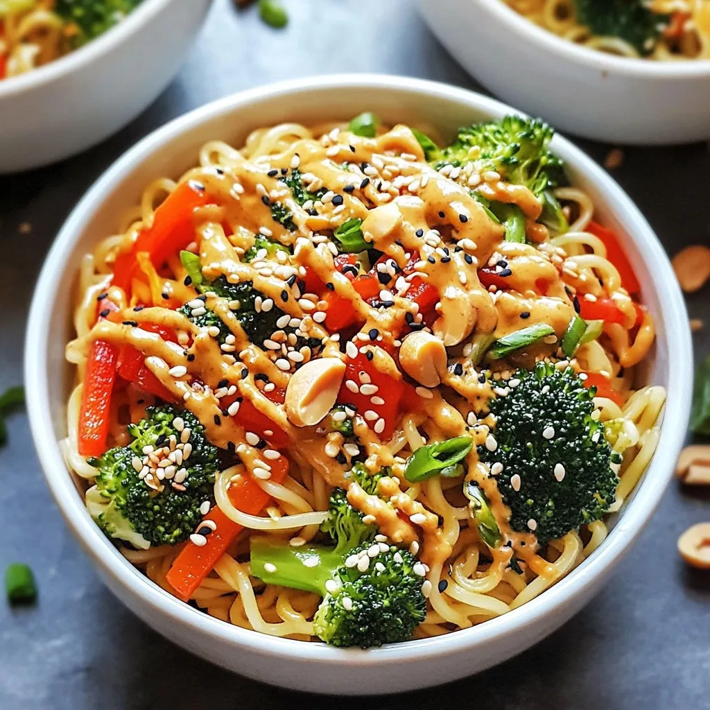 - 200g ramen noodles (whole wheat or gluten-free preferred) - 1 cup pea shoots or baby spinach - 1 red bell pepper, thinly sliced - 1 carrot, julienned - 1 cup broccoli florets - 2 green onions, chopped - 1 tablespoon sesame oil - 1 tablespoon fresh ginger, minced - 2 garlic cloves, minced - 1/2 cup creamy peanut butter - 1/4 cup soy sauce or tamari - 2 tablespoons maple syrup - 2 tablespoons rice vinegar - 1 tablespoon sriracha (adjust to taste) - 1/2 cup coconut milk (optional for creaminess) - Chopped peanuts, sesame seeds, and fresh cilantro for garnish This dish shines with vibrant colors and fresh flavors. The ramen noodles are the base. You can choose whole wheat or gluten-free noodles, depending on your needs. The fresh vegetables provide crunch and nutrition. Pea shoots or baby spinach add a lovely green touch. The red bell pepper and carrot give a sweet crunch. Broccoli florets add a pop of color and fiber. Green onions finish the veggie mix with their mild onion flavor. The peanut sauce is what makes this dish special. Creamy peanut butter blends with soy sauce or tamari for saltiness. Maple syrup adds sweetness, while rice vinegar brings a tangy note. Sriracha gives a kick of heat, which you can adjust to your taste. For extra creaminess, you can mix in coconut milk. When you garnish with chopped peanuts, sesame seeds, and fresh cilantro, you add texture and freshness. Each ingredient plays a key role in making this vegan ramen both tasty and satisfying. {{ingredient_image_2}} First, boil water in a large pot. Bring it to a rapid boil. Add the ramen noodles and cook them for about 4-5 minutes. Check the package for exact time. Once soft, drain the noodles. Rinse them under cold water. This stops the cooking process. Set the noodles aside in a bowl. In a medium mixing bowl, gather the sauce ingredients. Combine creamy peanut butter, soy sauce, maple syrup, rice vinegar, and sriracha. Whisk until the mix is smooth. If you want a creamier sauce, add coconut milk slowly. Stir until you reach your desired thickness. Heat sesame oil in a large skillet over medium heat. Once hot, add minced ginger and garlic. Sauté for about 1 minute until fragrant. Next, add broccoli, red bell pepper, and carrots. Stir-fry for 4-5 minutes. This keeps the colors bright and the veggies crisp. Add the cooked ramen noodles to the skillet. Pour the peanut sauce over everything. Gently toss the noodles and veggies. Make sure everything is coated evenly in sauce. Now, fold in the pea shoots or baby spinach and chopped green onions. Toss the mix for another 2-3 minutes. This wilts the greens just right without losing their color. Divide the ramen into deep bowls. Top each bowl with chopped peanuts and sesame seeds. If you like, add fresh cilantro for extra flavor. For a nice touch, drizzle a bit of extra peanut sauce on top before serving. To get real Thai flavors, you need fresh ingredients. Fresh produce boosts taste and adds color. Use bright red bell peppers, crisp broccoli, and fragrant ginger. These ingredients make your dish pop. Balance sweetness and spiciness for a great flavor. The maple syrup adds sweetness, while sriracha brings the heat. Adjust the sriracha to your taste. If you prefer it spicy, don’t hold back! For gluten-free ramen, choose gluten-free noodles. They taste just as good as regular ones. You can also swap soy sauce for tamari, which is gluten-free. Adding protein boosts this dish. Try tofu, tempeh, or edamame for a protein punch. Cook the tofu until golden for extra flavor. Serve the ramen in deep bowls to show off the colors. Arrange the veggies on top for visual appeal. A light drizzle of extra peanut sauce enhances flavor and looks great. Garnish with chopped peanuts, sesame seeds, and fresh cilantro. This makes each bowl look fancy and inviting. Enjoy your meal with friends or family. Pro Tips Choose the Right Noodles: Opt for whole wheat or gluten-free ramen noodles to enhance the nutritional value and accommodate dietary preferences. Customize Your Veggies: Feel free to substitute or add any seasonal vegetables you have on hand, like snap peas or bok choy, to keep the dish fresh and exciting. Adjust the Heat: Modify the amount of sriracha to suit your taste preference; start with a smaller amount and increase as needed for a personalized kick. Meal Prep Friendly: This recipe is great for meal prep! Store the peanut sauce separately to prevent the noodles from getting soggy, and combine when ready to eat. {{image_4}} You can switch up the vegetables in this dish easily. Try bok choy or snap peas instead of broccoli. Zucchini or mushrooms work well too. For greens, swap pea shoots with kale or arugula for a different taste. If you want to change the nut butter, use almond or cashew butter. Sunflower seed butter is a great nut-free option. Each butter gives a unique flavor to the sauce. To add depth, try spices like cumin or coriander. You can also toss in fresh herbs like basil or mint. This adds freshness and new flavors to the dish. Want to mix it up? Use different sauces! A splash of hoisin or teriyaki sauce can change the taste. You can even use coconut aminos for a sweeter twist. If you need a nut-free meal, skip the peanut butter. Use sunflower seed butter or tahini instead. They both provide a similar creaminess without nuts. For low-sodium diets, opt for low-sodium soy sauce or tamari. You can also reduce the amount of sauce to cut back on sodium. Add more fresh veggies for flavor instead. To keep your Vegan Thai Peanut Ramen fresh, use airtight containers. Glass or plastic containers work well. Make sure they seal tightly. Store the leftovers in the fridge. They stay good for up to three days. If you want to keep it longer, consider freezing. When reheating, you want to keep the noodles and veggies tasty. The stovetop is the best option. Heat a pan and add a little water to avoid drying out. Stir and heat until warm. If you use a microwave, cover it with a damp paper towel. This helps retain moisture. Heat in short bursts, checking often. For meal prep, you can freeze this ramen. First, let it cool completely. Then, pack it in freezer-safe bags. Make sure to remove as much air as possible. It can last up to three months in the freezer. When you want to eat it, thaw it overnight in the fridge. Reheat on the stovetop or microwave, adding a splash of water to help. Yes, you can prep this dish ahead. Make the peanut sauce and chop the veggies in advance. Store the sauce in the fridge for up to three days. Keep the veggies in a sealed container. Cook the ramen noodles fresh right before serving. This keeps them soft and tasty. Absolutely! This recipe works great for meal prep. Store the cooked ramen and veggies in separate containers. Use airtight containers to keep them fresh. To reheat, warm the noodles and veggies in a skillet. Add a splash of water if they seem dry. If you're allergic to peanuts, try sunbutter or almond butter. You can also use tahini for a different flavor. These options keep the dish creamy. Just ensure they are smooth for easy mixing. To add spice, increase the sriracha in the sauce. You can also add crushed red pepper flakes. Fresh sliced chili peppers are another great choice. Mix them in when you sauté the veggies for an extra kick. Adjust to your heat preference! Vegan Thai Peanut Ramen is a simple and tasty dish. You learned about the right noodles, fresh veggies, and peanut sauce. We covered how to cook the noodles, make the sauce, and sauté the vegetables while keeping their bright colors. For great flavor, use fresh ingredients and balance sweetness with spice. Feel free to adjust this recipe for your dietary needs. Remember to store leftovers properly and enjoy this dish any time! You can make it ahead and personalize it for more fun at the dinner table.