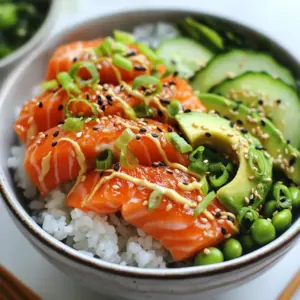 - 2 cups sushi rice - 4 cups water - 1 lb salmon fillet - 2 tablespoons soy sauce - 1 tablespoon sesame oil - 1 tablespoon honey - 1 teaspoon freshly grated ginger - 1 ripe avocado, sliced - 1 cucumber, thinly sliced - &frac12; cup shelled and cooked edamame - 2 green onions, finely chopped - 1 tablespoon toasted sesame seeds - Seaweed sheets, cut into strips (for garnish) - Spicy mayo (optional, for drizzling) To make TikTok salmon rice bowls, you need fresh and simple ingredients. Sushi rice is the base. It gives the dish a nice texture. The salmon fillet adds richness and flavor. The marinade is key. You will mix soy sauce, sesame oil, honey, and ginger. This adds a sweet and savory touch to the salmon. For toppings, you can use creamy avocado, crunchy cucumber, and colorful edamame. Green onions and sesame seeds bring freshness and a nice crunch. Seaweed sheets make for a fun garnish. Spicy mayo is an optional ingredient. It adds a kick if you like some heat. These ingredients come together for a tasty meal. You can find most of them at your local grocery store. With these basics, you are ready to create a stunning dish! {{ingredient_image_2}} To start, rinse 2 cups of sushi rice under cold water. This removes excess starch. Keep rinsing until the water runs clear. Next, combine the rinsed rice with 4 cups of water in a medium pot. Bring it to a boil over medium-high heat. Once boiling, lower the heat and cover the pot. Let it simmer for 20 minutes. After that, remove the pot from heat but keep it covered for another 10 minutes. Finally, fluff the rice with a fork and set it aside. For the marinade, whisk together 2 tablespoons of soy sauce, 1 tablespoon of sesame oil, 1 tablespoon of honey, and 1 teaspoon of freshly grated ginger in a small bowl. Place the 1 lb salmon fillet in a shallow dish and pour the marinade over it. Make sure the salmon is well coated. Let it marinate at room temperature for at least 15 minutes. This helps the salmon absorb the flavors. Heat a non-stick skillet over medium-high heat. Once hot, place the marinated salmon fillet skin-side down in the pan. Cook for 4 to 5 minutes on each side. The salmon is done when it flakes easily with a fork. After cooking, remove the salmon from the skillet. Let it rest for a few minutes before slicing it into bite-sized pieces. Take four bowls and divide the sushi rice among them. This rice serves as the base. On top, add the slices of salmon, avocado, cucumber, and cooked edamame. Arrange them nicely for a great look. To finish, sprinkle the chopped green onions and toasted sesame seeds over each bowl. Add strips of seaweed for garnish and drizzle with spicy mayo if you want some heat. Enjoy! To make great sushi rice, start by rinsing it well. Rinse until the water is clear. This step removes extra starch that makes the rice gummy. A common mistake is not rinsing enough. If you skip this step, your rice can turn sticky and clump together. If you can&rsquo;t find sushi rice, you can use jasmine rice instead. Jasmine rice has a nice texture and flavor. It won't be as sticky, but it still tastes good. To tell if salmon is done, look for color and texture. The fish should be opaque and flake easily with a fork. If you&rsquo;re unsure, use a meat thermometer. The internal temperature should reach 145&deg;F. You might wonder whether to use skin-on or skinless salmon. Skin-on salmon gives more flavor and keeps the fish moist. Skinless salmon cooks faster, but it could dry out. Choose based on your taste. You can add many toppings to your bowls. Try adding radishes, carrots, or pickled ginger for extra crunch. For a boost of flavor, sprinkle on some furikake. You can also use different sauces like teriyaki for a fun twist. If you have dietary needs, don't worry! You can make the dish vegan by swapping salmon for tofu or tempeh. For gluten-free options, use tamari instead of soy sauce. Pro Tips Rinse the Rice: Thoroughly rinsing the sushi rice helps remove excess starch, resulting in a better texture and less stickiness. Marinate Time: Allowing the salmon to marinate for at least 15 minutes enhances the flavor, but you can let it sit longer for an even richer taste. Perfectly Cooked Salmon: To ensure your salmon is perfectly cooked, watch for it to flake easily with a fork; overcooking can dry it out. Customize Your Bowls: Feel free to swap in your favorite toppings like pickled ginger, radishes, or other vegetables to make the dish your own. {{image_4}} You can boost flavor with different sauces. Try teriyaki or sweet chili sauce. These add a nice twist. For heat, add sriracha or chili oil. You can also mix in minced garlic for a bold taste. Swapping ingredients changes the dish too. Use brown rice for a nutty flavor. Substitute the salmon with shrimp or chicken. Each choice gives a new spin on the meal. If you're not a seafood fan, there are great options. Chicken breast or beef works well. Cook them in the same marinade for great flavor. For a vegetarian version, swap salmon for tofu. Use firm tofu and marinate it. You can also add chickpeas for protein. Both options keep the dish filling. Feel free to change up your veggies. In summer, add fresh corn or bell peppers. In winter, try roasted sweet potatoes or Brussels sprouts. Each season brings unique flavors. Adjusting flavors based on seasons is fun. Spring calls for bright herbs like basil or mint. Fall can have warm spices like cinnamon or nutmeg. These changes keep your bowl exciting! To keep your TikTok salmon rice bowls fresh, start by cooling them down. Spread out the sushi rice on a plate. This helps it cool quickly and keeps it from getting sticky. Once the rice is cool, place it in an airtight container. For the salmon and toppings, store them in separate containers. This keeps each ingredient fresh. Make sure to cover everything tightly to avoid air getting in. When it's time to eat your leftovers, you can reheat them easily. Use the microwave for quick heating. Place the rice in a bowl and add a splash of water. Cover it with a damp paper towel. Heat it for 30 seconds, then stir. For the salmon, heat it in a skillet on low heat. This helps keep the fish moist. Avoid heating too long to keep the texture nice. Proper storage is key to enjoying your dish later. Sushi rice can last up to five days in the fridge if stored well. Cooked salmon should be eaten within three days. Look for signs of spoilage, like a sour smell or slimy texture. If you see or smell anything off, it&rsquo;s best to throw it away. Always trust your senses; they guide you well! For this dish, fresh salmon is best. Fresh fillets taste great and have better texture. If fresh salmon is hard to find, frozen salmon works too. Just make sure it is wild-caught if possible. Wild salmon has a richer taste. Both options can give you a great meal. You can use brown rice, but it will change the dish. Brown rice is chewier and has a nuttier flavor. Sushi rice is sticky and soft, which helps hold the bowl together. If you use brown rice, you might want to adjust the cooking time. It takes longer to cook than sushi rice. To make a vegan version, swap out the salmon for marinated tofu or tempeh. These options have a nice texture and soak up flavors well. For toppings, you can add more veggies like carrots or radishes. You can also use avocado and edamame for protein. Making spicy mayo is easy! Just mix together: - 1/2 cup mayonnaise - 1 tablespoon sriracha (or more if you like it spicy) - 1 teaspoon lime juice Stir until smooth. Adjust the spice level to your taste. This sauce is perfect for drizzling on your bowls. For side dishes, I suggest: - Miso soup for warmth and comfort. - Seaweed salad for a fresh crunch. - Pickled vegetables for a tangy bite. These sides balance the richness of the salmon and enhance your meal. This blog post covers the basics of making delicious sushi rice bowls. You learned about the essential ingredients, step-by-step instructions for preparation, and tips for perfecting your dish. Finally, remember that customizing your rice bowls can enhance flavor and meet dietary needs. Enjoy experimenting with different proteins and toppings. You&rsquo;ll create tasty meals that suit your tastes and lifestyle.