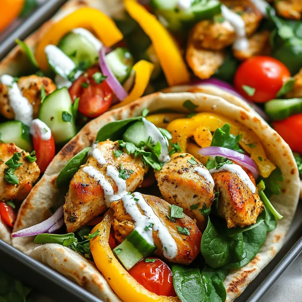 - 2 boneless, skinless chicken breasts, diced into bite-sized pieces - 1 tablespoon olive oil - 1 teaspoon garlic powder - 1 teaspoon paprika - 1 teaspoon dried oregano - Salt and pepper to taste - 1 red bell pepper, sliced - 1 yellow bell pepper, sliced - 1 red onion, sliced - 4 whole wheat pita breads - 1 cup baby spinach - 1/2 cup cucumber, diced - 1/2 cup cherry tomatoes, halved - 1/2 cup ranch dressing These ingredients create a balanced and flavorful dish. The chicken provides protein, while the fresh veggies add crunch and color. Whole wheat pita breads offer a hearty base, making each bite satisfying. - Fresh parsley, chopped for garnish - Additional veggies or toppings Feel free to get creative! Fresh parsley brightens the dish. You can also add more veggies or even cheese. It’s all about what you like. Enjoy mixing flavors and textures! {{ingredient_image_2}} 1. First, preheat your oven to 425°F (220°C). This step is crucial for roasting. 2. Line a baking sheet with parchment paper. This helps with easy cleanup. 3. Now, take the diced chicken and place it in a large mixing bowl. 4. Add one tablespoon of olive oil to the chicken, along with garlic powder, paprika, oregano, salt, and pepper. 5. Mix well until the chicken is fully coated in the seasoning. 6. Next, spread the seasoned chicken evenly on the baking sheet. 7. Slice the red and yellow bell peppers and red onion. Place them around the chicken on the sheet. 1. Put the sheet pan in the preheated oven. Roast for about 20-25 minutes. 2. Stir the chicken and vegetables halfway through cooking for even roasting. 3. Check that the chicken is fully cooked and the veggies are tender. 4. While the chicken cooks, warm the whole wheat pita breads. 5. You can warm them in a skillet over medium heat for 2-3 minutes. 6. Alternatively, warm them briefly in the oven until soft. 1. Allow the sheet pan to cool for a few minutes. This helps avoid burns during assembly. 2. Take one warm pita and add a handful of fresh baby spinach. 3. Next, scoop on a generous portion of the roasted chicken and vegetable mix. 4. Add diced cucumber and halved cherry tomatoes for freshness. 5. Drizzle ranch dressing over the filling. 6. Top with freshly chopped parsley for added flavor and color. 7. Serve the chicken pitas warm for the best taste! To roast chicken and veggies well, set your oven to 425°F (220°C). This hot temperature helps them cook fast. Roast for about 20-25 minutes. The chicken should be no longer pink. Stir the mix halfway through. This step makes sure all pieces cook evenly. Marinating chicken adds depth. You can use yogurt or lemon juice for a tasty twist. If you want to change the taste, try different spices. Cajun seasoning or Italian herbs work great too. They can give your dish a whole new vibe. Serve your pitas on a colorful platter. This makes the meal eye-catching. Add a bowl of ranch dressing on the side for dipping. For extra color, sprinkle fresh parsley on top. You can also serve some carrot sticks or celery on the side. They add a nice crunch and freshness. Pro Tips Marinate for Extra Flavor: If time allows, marinate the diced chicken in the olive oil, garlic powder, paprika, and oregano for at least 30 minutes before cooking to enhance the flavor. Vegetable Variety: Feel free to add other seasonal vegetables like zucchini or asparagus to the sheet pan for added nutrition and flavor. Ranch Dressing Alternatives: Experiment with different dressings such as tzatziki or a yogurt-based dressing for a refreshing twist on flavor. Meal Prep Friendly: This recipe is excellent for meal prep; simply store the chicken and vegetables in airtight containers for up to 4 days in the fridge. {{image_4}} You can easily change up the protein in these pitas. Instead of chicken, try turkey. Turkey breast works well with the same seasonings. If you prefer plant-based options, tofu is great too. Just press it to remove water, then cube it. Marinate it in the same spices for extra flavor. This makes the dish lighter and more versatile. Ranch dressing is a classic choice, but you can mix it up. If you want a homemade ranch, combine Greek yogurt, garlic powder, and dill. This gives a fresh taste. You can also try other dressings like tzatziki or a spicy sriracha mayo. Each option can change the flavor profile, so feel free to explore! Adding spices can heat things up. Consider red pepper flakes for a kick. If you like herbs, try fresh basil or cilantro. These herbs bring a different taste and aroma to the pitas. You can also experiment with lemon zest for brightness. Mixing these flavors can create exciting new twists on your chicken pitas. To keep your tasty chicken pitas fresh, use airtight containers. Glass or plastic containers work well. Let the pitas cool down before sealing them. Store them in the fridge for up to three days. If you want to keep them longer, freeze the filling and pitas separately. This way, they stay fresh for about three months. For the best taste, reheat the filling in a skillet over medium heat. Stir it often until it's hot. You can also use the microwave. Just heat it in short bursts, stirring in between. For the pitas, warm them in a dry skillet for about one minute on each side. This keeps them soft. Enjoy your meal warm to keep the flavor strong. You can use many tasty alternatives. Try Greek yogurt mixed with herbs. This makes a creamy dip without ranch. You can also try hummus or tzatziki for a fresh twist. A vinaigrette adds a zesty flavor. Each option changes the taste, so pick what you love! Yes, you can prepare this dish in advance. Cook the chicken and veggies and store them in the fridge. This keeps them fresh for up to three days. Warm them up before serving. You can also pack the pitas separately to keep them soft. This makes meal prep easy! You can easily swap veggies for your favorites. Try zucchini, broccoli, or asparagus for fun flavors. Seasonal veggies like squash or carrots can add color, too. Be creative! You can even add corn or snap peas for crunch. The choice is yours! This blog post covers how to make tasty sheet pan chicken pitas. You learned about key ingredients like chicken, fresh veggies, and pita breads. I shared easy steps for cooking and assembling your pitas. We also discussed tips for perfecting the dish and creative variations. For the best results, choose fresh ingredients and try different flavors. With a bit of practice, you can make this meal a family favorite. Enjoy creating your delicious pitas!