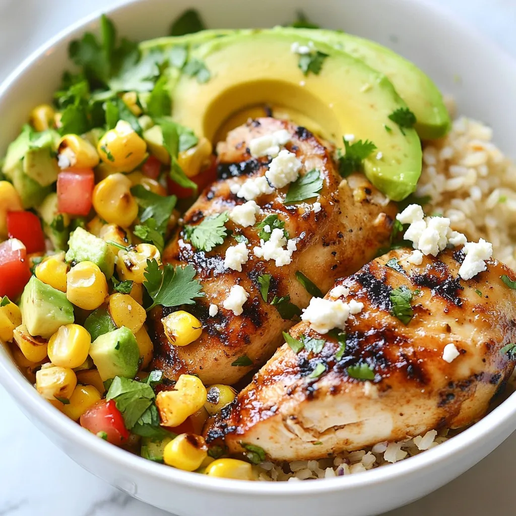 - 2 cups cooked white or brown rice - 1 lb boneless, skinless chicken thighs or breasts - 1 cup corn kernels (fresh, canned, or frozen) - 1 medium red bell pepper, diced - 1/2 cup red onion, finely chopped - 1 ripe avocado, sliced - Fresh cilantro, chopped, for garnish - 2 tablespoons olive oil - 2 tablespoons fresh lime juice - Spice mix: chili powder, smoked paprika, ground cumin, salt, and pepper In this recipe, I focus on simple, fresh ingredients. You can choose white or brown rice, which makes a great base. The chicken is the star, and you can use thighs or breasts for juicy flavor. Corn adds sweetness and a nice crunch to the dish. For the veggies, red bell pepper brightens up the bowl. It not only looks good but also packs in vitamins. The red onion gives a sharp bite, while the avocado adds creaminess. I love to sprinkle fresh cilantro on top. It brings a burst of flavor that ties everything together. The seasonings are key to making this dish pop. Olive oil and lime juice make a tangy marinade for the chicken. The spice mix of chili powder, smoked paprika, and cumin creates warmth and depth. Salt and pepper enhance all the flavors in each bite. This easy meal is packed with colors and flavors. Plus, it’s healthy and satisfying. You can enjoy it as a quick dinner or a tasty lunch. {{ingredient_image_2}} First, I whisk together the marinade ingredients. I mix olive oil, lime juice, chili powder, smoked paprika, ground cumin, salt, and pepper. This creates a tasty blend. I then add the chicken to the bowl. I make sure each piece is coated well. After that, I cover the bowl and put it in the refrigerator. I let the chicken marinate for at least 30 minutes. This helps the flavors soak in. Next, I preheat my grill pan or skillet over medium-high heat. Once it’s hot, I place the marinated chicken pieces on it. I cook each side for about 6-7 minutes. I watch for the chicken to be fully done. The inside should reach 165°F (75°C). After cooking, I remove the chicken from heat. I let it rest for a few minutes before slicing it into strips. In the same skillet, I add diced red bell pepper and corn kernels. I sauté them over medium heat for about 5 minutes. I stir occasionally to ensure even cooking. The bell pepper should turn tender and bright. I season the mix with salt and pepper to taste. Now, I grab four serving bowls. I evenly distribute the cooked rice as the base layer in each bowl. On top of the rice, I arrange the sliced chicken, sautéed corn, and bell pepper mix. I artfully place sliced avocado over the top. This makes the dish look colorful and inviting. To finish, I sprinkle crumbled feta cheese on top. I also add a generous handful of fresh chopped cilantro. This adds a burst of flavor and freshness. The bowls are now ready to impress! - Ensure chicken reaches 165°F internal temperature. This keeps it safe to eat. - Use a non-stick skillet for easy cooking. It helps prevent sticking and makes cleanup easy. - Serve with lime slices and extra cilantro. This adds color and freshness to your dish. - Use colorful bowls for visual appeal. Bright bowls make the meal look more inviting. - Experiment with additional spices or toppings. Try adding jalapeños for heat or lime zest for brightness. - Use grilled vegetables for added taste. Grilled corn or zucchini can boost the flavor profile. Pro Tips Marinate Longer for Flavor: For even more depth of flavor, consider marinating the chicken for a few hours or overnight. This allows the spices to penetrate the meat more thoroughly. Use a Meat Thermometer: To ensure the chicken is cooked perfectly, use a meat thermometer. It should reach an internal temperature of 165°F (75°C) for safe consumption. Add Heat with Jalapeños: If you enjoy a bit of spice, diced jalapeños can be sautéed with the corn and bell pepper for an extra kick. Experiment with Toppings: Feel free to customize your bowls with additional toppings like black beans, sour cream, or salsa to suit your taste. {{image_4}} You can switch the chicken for shrimp or tofu. Shrimp cooks fast and adds a sweet touch. Tofu is a great option for plant-based meals. You can also try different cuts of chicken. Thighs are juicier, while breasts are leaner. Each cut offers a unique taste and texture. For a vegetarian twist, swap chicken with black beans or chickpeas. Both options offer protein and a hearty feel. If you want a vegan meal, just leave out the feta cheese. You still get a tasty bowl full of flavor and color. Using seasonal vegetables brightens the dish. Fresh corn, squash, or peppers add a pop of color and taste. You can also change spices based on what’s in season. This keeps your bowls fresh and exciting all year round. Store any leftovers in airtight containers. This keeps them fresh and tasty. You can keep the bowls in the fridge for up to 3 days. Remember to let them cool before sealing. This helps prevent condensation inside the container. If you want to save the meal for later, freeze chicken and toppings separately if possible. This way, you retain the best texture. The flavors stay bright. It's best to eat frozen meals within 1 month. Label each container with the date for easy tracking. When it’s time to eat, reheat in a microwave or skillet until warm. Stir occasionally to heat evenly. Avoid overcooking to prevent dryness and keep the chicken juicy. Check the temperature; it should be hot all the way through before serving. Yes, brown rice can be used for added nutrition. Brown rice has more fiber and minerals than white rice. It gives a nutty flavor and chewy texture that pairs well with the other ingredients. Just remember to cook it a bit longer than white rice. Add more chili powder or jalapeños for heat. You can also try hot sauce or diced fresh chilies. Adjust the spice level to your taste. Start with a small amount and add more as needed. This way, you control the heat in your dish. Yes, marinate chicken or prepare bowls ahead for convenience. You can marinate the chicken a day before, so it absorbs more flavor. Cooked rice can also be prepped in advance. Assemble the bowls shortly before serving to keep everything fresh. This article shared a simple and tasty recipe for chicken rice bowls. You learned about the main ingredients, the steps to cook, and helpful tips. The variations let you customize your meal to your taste. You can make this dish vegetarian, use different proteins, or even adjust spices for seasonal flavors. Remember, proper storage keeps your bowls fresh for longer. With this guide, you can create a nutritious, delightful meal at home any time. Enjoy cooking and eating your tasty chicken rice bowls!