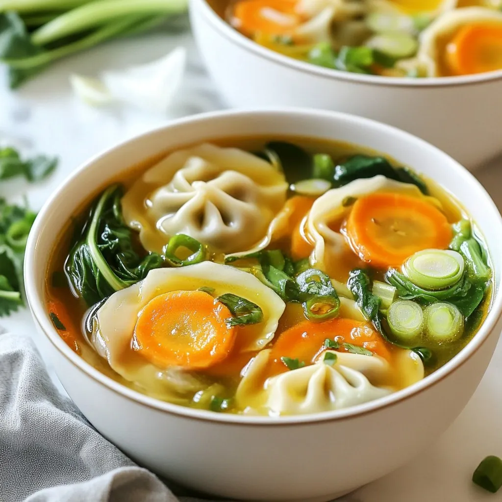 - 1 cup frozen potstickers (choose between chicken or vegetable) - 6 cups of chicken or vegetable broth - 1 tablespoon soy sauce - 1 tablespoon sesame oil I love using frozen potstickers for this soup. They save time and taste great. You can pick chicken or vegetable potstickers based on your taste. The broth makes the soup warm and rich. Chicken broth gives a hearty flavor, while vegetable broth adds freshness. Soy sauce and sesame oil bring depth to the taste. - 1 cup bok choy, roughly chopped - 1 medium carrot, sliced thinly into rounds - 2 green onions, chopped into fine pieces - 1 teaspoon fresh ginger, grated - 2 cloves garlic, minced Adding fresh veggies makes this soup bright and healthy. Bok choy adds a nice crunch. Carrots give a sweet touch. Green onions, ginger, and garlic add a punch of flavor. Always use fresh ginger and garlic for the best taste. - Salt and pepper to taste - Fresh cilantro leaves for garnish (optional) Seasoning is key for good soup. A little salt and pepper can really enhance the flavors. If you like, add fresh cilantro for a burst of freshness. It looks pretty and tastes great too. {{ingredient_image_2}} First, you need to heat the sesame oil in a large pot over medium heat. Once hot, add minced garlic and grated ginger. Sauté them for about one minute. You want them fragrant and slightly golden. Next, carefully pour in the chicken or vegetable broth and the soy sauce. Stir well to mix everything together, then bring the mixture to a gentle boil. Now, it’s time to add some color and crunch. Add the thinly sliced carrots to the boiling broth. Cook them for about two to three minutes, until they start to soften. After that, it’s time to add the bok choy. This leafy green will wilt down nicely, adding a fresh taste to your soup. Now for the main event! Gently add the frozen potstickers right into the pot. Lower the heat to keep a gentle simmer. Let the potstickers cook for about five to seven minutes. This step ensures they heat through and become tender. Finally, taste your soup and adjust the seasoning with salt and pepper if needed. Stir in chopped green onions just before serving for a fresh finish. - Adjusting the seasoning: Always taste your soup before serving. Add more salt or soy sauce if it needs a boost. A little lime juice can also add brightness. - Ensuring potstickers are cooked through: Cook the potstickers until they are hot and tender. This usually takes about 5-7 minutes. If they float to the top, they are ready. - Presentation tips: Use deep bowls for serving. This keeps the soup hot longer. Garnish with fresh cilantro and green onions for color and flavor. - Ideal accompaniments: Serve with a side of steamed rice or a fresh salad. This adds variety to your meal. - Overcooking vegetables: Don’t let the carrots and bok choy cook for too long. They should stay slightly crisp for the best texture. - Incorrect potsticker handling: Handle frozen potstickers gently. If you drop them in too fast, they may break apart. Always add them slowly to the broth. Pro Tips Use Homemade Broth: If you have the time, make your own chicken or vegetable broth for a richer flavor that enhances the overall taste of the soup. Experiment with Vegetables: Feel free to add other vegetables like mushrooms or bell peppers to personalize the soup and increase its nutritional value. Adjust the Spice Level: If you enjoy a kick, add a pinch of red pepper flakes or a drizzle of sriracha before serving for an extra layer of flavor. Store Leftovers Properly: If you have leftovers, store them in an airtight container in the fridge for up to 3 days, but keep the potstickers separate to maintain their texture. {{image_4}} You can change the potstickers in this soup. Use homemade potstickers if you want. They taste great and add a personal touch. Store-bought potstickers save time and work well too. You can choose chicken or vegetable options based on your taste. For broth, you have options. Low-sodium broth is a good choice if you want less salt. Vegetable broth works well for a lighter soup. It adds a nice flavor without meat. Spice it up! Adding chili flakes can give a nice kick. If you like crunch, sprinkle sesame seeds on top. These add flavor and texture. You can also mix in more veggies. Sliced mushrooms or fresh spinach add great taste and color. If you follow a vegan or vegetarian diet, there are easy swaps. Choose vegetable potstickers and vegetable broth. This keeps the soup plant-based and tasty. For gluten-free options, make sure to find gluten-free potstickers. Also, check the broth label for gluten-free ingredients. To keep your Quick Potsticker Soup fresh, use airtight containers. Glass or plastic containers work well. Fill them with soup, leaving a little space at the top. This helps prevent spills. Store the soup in the fridge for up to three days. If you notice any strange smell or color, it's best to toss it out. You can reheat your soup in two ways: microwave or stovetop. For the microwave, pour the soup into a bowl. Heat it for two to three minutes, stirring halfway. For stovetop, pour the soup into a pot. Heat it over medium heat until warm. Be careful not to overheat the potstickers. If you do, they may turn soggy. Stir gently as you heat to keep them intact. If you want to save some for later, you can freeze the soup. Pour it into freezer-safe containers or bags. Leave some space at the top for expansion. Label the containers with the date. The soup can last up to three months in the freezer. To thaw, move it to the fridge overnight. You can also use the microwave for quick thawing. After thawing, reheat it on the stovetop as mentioned before. Stir well to ensure even heating. Quick Potsticker Soup is fast! It takes just 20 minutes from start to finish. You will spend 10 minutes prepping the ingredients. Then, it cooks for about 10 minutes. This makes it perfect for a busy weeknight meal. Yes, you can use fresh potstickers! They will cook faster, so check them often. Add them to the soup after the carrots have softened. Fresh potstickers give a nice texture. Just be careful not to overcook them. You can pair this soup with simple sides. Try steamed rice or a fresh salad. Spring rolls also make a great match. For drinks, serve hot tea or a light soda. These options help make your meal complete and fun. This blog post covered how to make Quick Potsticker Soup, from main ingredients to serving suggestions. We explored using frozen potstickers, various vegetables, and simple seasonings. I shared tips to perfect the flavors and avoid common mistakes. Remember, you can easily adjust ingredients for different diets. Enjoy experimenting with flavors and additions! With these steps, a warm bowl of soup is within your reach. Embrace this quick recipe for a delicious meal you can share or savor alone.