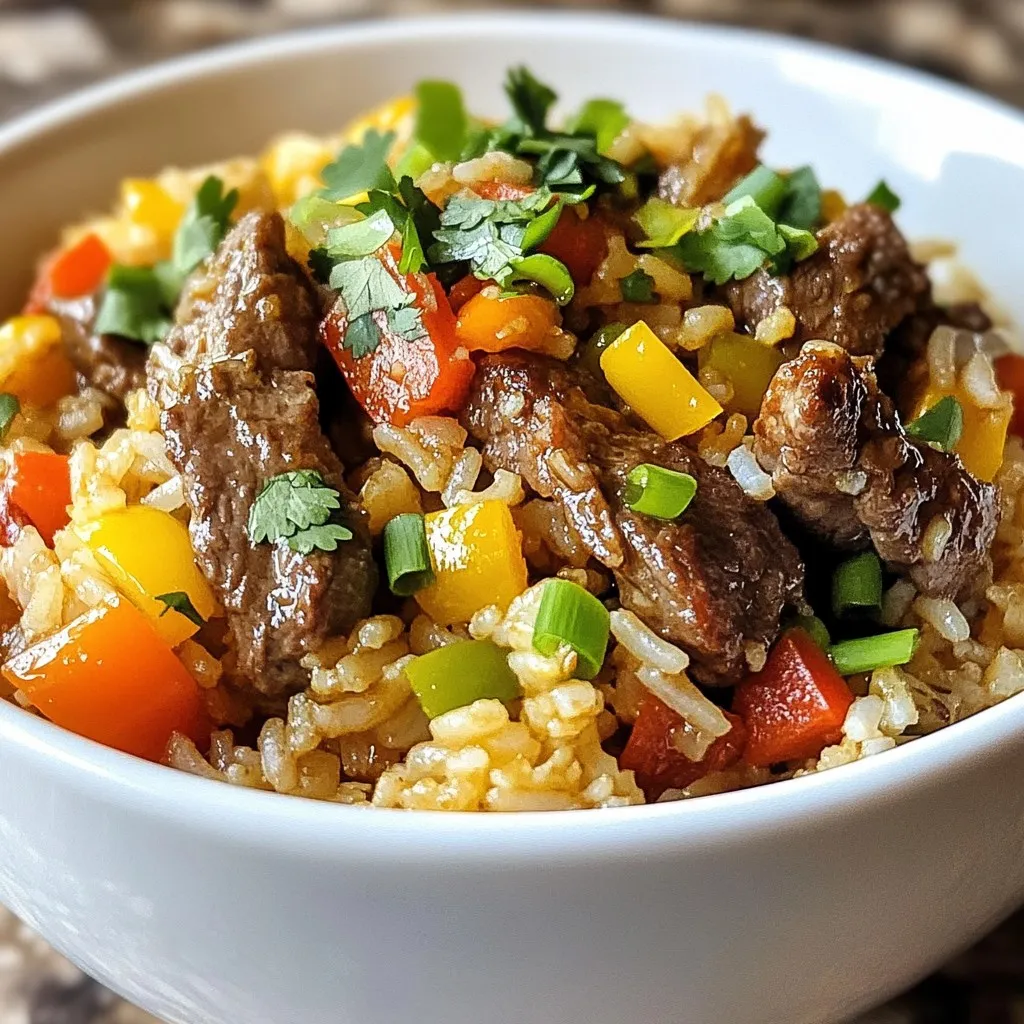 To make crispy chili beef fried rice, gather these main ingredients: - 2 cups of cooked jasmine rice (preferably chilled for at least a few hours or overnight) - 250g beef sirloin, thinly sliced against the grain - 1 bell pepper, diced (any color you prefer) - 1 carrot, peeled and diced - 2 green onions, finely chopped, plus extra for garnish - 3 cloves garlic, minced - 2 tablespoons soy sauce - 1 tablespoon oyster sauce (optional for depth of flavor) - 1 tablespoon chili paste (adjust according to spice level) - 1 teaspoon sesame oil - 2 tablespoons vegetable oil, divided - Salt and black pepper to taste - Fresh cilantro leaves for garnish You can enhance the dish with these optional items: - Additional vegetables like peas or corn for color - A splash of lime juice for a zesty kick - Chopped peanuts for crunch and flavor Choosing fresh ingredients makes a big difference. Here are my tips: - Look for bright bell peppers with smooth skin. - Choose firm carrots without soft spots. - Select fresh green onions that are vibrant and crisp. - For beef, pick sirloin with a bright red color and minimal fat. - Always smell and touch the garlic to ensure it’s fresh and firm. By following these tips, you ensure every bite of your crispy chili beef fried rice is packed with flavor! {{ingredient_image_2}} To marinate the beef, start by slicing 250g of beef sirloin against the grain. This helps keep it tender. In a bowl, mix the beef with a pinch of salt, black pepper, and 1 tablespoon of soy sauce. Stir well and let it sit for about 15 minutes. This step adds flavor and makes the beef juicy. Heat a large skillet or wok over medium-high heat. Add 1 tablespoon of vegetable oil until it shimmers. Carefully place the marinated beef in a single layer. Avoid overcrowding the pan. Sear the beef for 2-3 minutes. You want it crispy and brown. Once done, remove it from the skillet and set it aside. Using the same skillet, add another tablespoon of vegetable oil. When it’s hot, toss in 3 minced garlic cloves. Sauté for about 30 seconds. Be careful not to burn the garlic. Next, add 1 diced bell pepper and 1 diced carrot. Stir-fry for 3-4 minutes. The goal is to keep them tender but slightly crisp. Now, add 2 cups of chilled cooked jasmine rice to the skillet. Use a spatula to break up any clumps. Pour in the remaining soy sauce, 1 tablespoon of oyster sauce (optional), 1 tablespoon of chili paste, and 1 teaspoon of sesame oil. Toss everything together until the rice is coated and heated through. Return the crispy beef to the skillet. Mix it well with the rice and vegetables. Continue stir-frying for 2-3 minutes. This helps blend all the flavors together nicely. Remove the skillet from heat. Gently fold in the chopped green onions. This adds a fresh flavor. Serve the crispy chili beef fried rice in bowls or plates. Garnish with fresh cilantro leaves and more green onions. Enjoy your vibrant and tasty dish while it’s hot! To get that great crispy texture, start with cold rice. Cold rice has less moisture, which helps it fry better. I recommend using jasmine rice and chilling it for a few hours or overnight. When you cook the beef, make sure not to overcrowd the pan. This will help it sear and not steam. Cook the beef in batches if needed. Lastly, let the rice fry for a bit without stirring too much. This will help create those crunchy bits we all love. Using the right tools makes cooking easier and more fun. Here’s what you need: - Large skillet or wok - Spatula for stirring - Bowl for marinating beef - Knife for chopping - Cutting board for prep These tools will help you cook smoothly and achieve great results. If you have leftover crispy chili beef fried rice, it's important to store it well. First, let it cool to room temperature. Then, place it in an airtight container. This keeps it fresh and prevents odors. You can store it in the fridge for up to three days. When reheating, add a splash of water. This keeps the rice moist and helps it heat evenly. Enjoy your tasty leftovers! Pro Tips Use Day-Old Rice: For the best texture, use rice that has been cooked and chilled for at least a few hours or overnight. This helps prevent the rice from becoming mushy when stir-frying. Marinate the Beef: Allow the beef to marinate for at least 15 minutes. This enhances the flavor and tenderness, ensuring each bite is packed with taste. High Heat is Key: Cook the beef and vegetables over medium-high heat. This helps to achieve a crispy texture and vibrant colors in your stir-fry. Customize the Spice Level: Adjust the amount of chili paste according to your preference. You can also add fresh chilies or a dash of hot sauce for an extra kick! {{image_4}} You can easily turn this dish vegetarian. Replace the beef with tofu or tempeh. Use the same marinating steps for the tofu. Cut it into cubes to help it crisp up nicely. Use 2 tablespoons of soy sauce in the marinade for flavor. Keep the vegetables like bell pepper and carrots for texture and color. Add more veggies like peas or broccoli for a healthy twist. Want to try different proteins? Chicken and pork work great in this recipe. For chicken, use thin slices of boneless breast. Marinate it the same way as the beef. For pork, tenderloin or chops sliced thinly are perfect. Cook the proteins until they are crispy and golden. Each protein adds its own flavor, making the dish unique every time. Adjusting the spice level is simple. If you love heat, add more chili paste. You can also include fresh chili peppers for an extra kick. If you prefer less spice, reduce the chili paste or skip it. You can add sweet soy sauce instead, which balances the heat. Customize it to fit your taste, and enjoy your perfect fried rice! To keep your Crispy Chili Beef Fried Rice fresh, place it in an airtight container. Make sure to cool it down to room temperature first. This helps prevent moisture build-up, which can make the rice soggy. Store it in the fridge for up to 3 days. When you store it properly, the flavors stay great, and you can enjoy it later. When you're ready to enjoy your leftovers, there are simple ways to reheat them. I recommend using a skillet for the best results. Heat a little oil over medium heat, then add your rice. Stir it often for even heating. This method keeps the rice crispy and flavorful. You can also add a splash of soy sauce to boost the taste while reheating. If you're in a hurry, the microwave is an option too. Just cover the rice to hold in moisture and heat for about 1-2 minutes. If you want to store your fried rice for a longer time, freezing works well. Cool the rice completely before placing it in freezer-safe bags. Remove as much air as possible to prevent freezer burn. You can freeze it for up to 3 months. When you're ready to eat, thaw it in the fridge overnight and reheat as mentioned before. This way, you can enjoy delicious fried rice anytime! The best rice for fried rice is jasmine rice. It has a light, fluffy texture. Cook it ahead and chill it. Cold rice works best as it won't clump. Day-old rice is often perfect. Yes, you can use fresh beef. However, marinating adds flavor and tenderness. A quick marinade makes a big difference. It only needs about 15 minutes. This allows the beef to soak up the flavors of soy sauce and spices. To prevent rice from sticking, use chilled rice. Freshly cooked rice tends to clump. Ensure the rice is dry and fluffy. When stir-frying, keep the heat high. This helps fry the rice quickly and evenly. Yes, you can use tamari as a gluten-free option. Tamari has a similar taste to soy sauce. You can also use coconut aminos for a lighter flavor. These options give you the same umami taste without gluten. This blog post covered how to make crispy fried rice. We looked at key ingredients, cooking steps, and tips for a perfect dish. You learned how to marinate beef, sauté veggies, and achieve that crispy texture everyone loves. In closing, remember to experiment with flavors and proteins to make it your own. Store leftovers safely and enjoy this dish multiple times. Happy cooking!