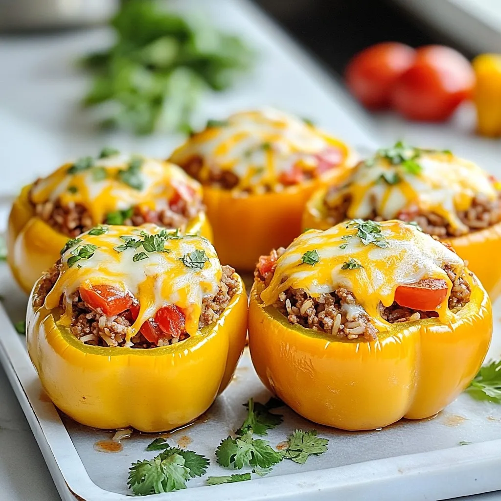 - 4 large bell peppers (any colors: red, yellow, green, or orange) - 1 lb ground beef (you can use ground turkey or a plant-based option) - 1 cup cooked rice (white, brown, or quinoa for a twist) - 1 can (15 oz) diced tomatoes, drained - 1 small onion, finely chopped - 2 cloves garlic, minced - 1 teaspoon ground cumin - 1 teaspoon chili powder - ½ teaspoon smoked paprika - Salt and pepper to taste - 1 cup shredded cheese (cheddar, Monterey Jack, or a Mexican blend) - Fresh cilantro or parsley for garnish (optional) When I make stuffed bell peppers, I love using ripe, vibrant peppers. They add color and sweetness. Ground beef gives a rich flavor, but you can swap it for turkey or a plant-based meat. Cooked rice fills the peppers well and keeps everything together. Diced tomatoes add moisture and taste. The seasonings make the dish pop. Cumin, chili powder, and smoked paprika bring warmth and depth. Don't forget to taste and adjust the salt and pepper. Topping each pepper with cheese creates a gooey finish. Fresh herbs like cilantro or parsley add a nice touch. These ingredients come together to make a filling meal that is also fun to eat. They look great and taste even better! {{ingredient_image_2}} 1. Preheat your oven to 375°F (190°C). This helps the peppers cook evenly. 2. Cut the tops off the bell peppers. Save the tops for later if you like. 3. Remove the seeds and membranes. This gives you space for the filling. 4. Stand the peppers upright in a baking dish. Make sure they fit snugly. 1. In a large skillet, add a splash of olive oil and warm it. 2. Sauté the chopped onion for about 3-4 minutes. It should become soft and clear. 3. Add the minced garlic and cook for one more minute. It will smell great! 4. Now, increase the heat a bit. Add the ground beef to the skillet. 5. Sprinkle in the ground cumin, chili powder, smoked paprika, and salt and pepper. 6. Cook the beef, stirring often, for 6-8 minutes. Break it into small pieces as it cooks. 7. Gently fold in the cooked rice and drained diced tomatoes. Mix well. 8. Taste the filling and adjust the seasoning if needed. 1. Use a spoon to fill each pepper with the beef and rice mix. Pack it in well. 2. Generously sprinkle shredded cheese on top of each filled pepper. 3. Cover the dish with aluminum foil. This keeps the moisture in. 4. Bake in the oven for 20 minutes. 5. Remove the foil and bake for another 10-15 minutes. The cheese should be melted and bubbly. 6. Let the peppers cool for about 5 minutes before serving. Enjoy your meal! You can prep stuffed bell peppers a day ahead. This saves time on busy nights. Here’s how to do it: - Prep the Filling: Cook the beef, rice, and spices as usual. Let it cool. - Stuff the Peppers: Fill each bell pepper with the mix. - Store: Place them in a covered dish in the fridge. When ready to cook, just bake them. This method keeps flavors fresh. To make your stuffed peppers even better, adjust your seasonings. Here are some tips: - Seasoning: Taste the filling before stuffing. If it lacks flavor, add more salt or spices. - Cheese Choice: Use cheese you love. Cheddar is great, but try Monterey Jack for a mild touch. Substituting cheeses can change the dish's taste. Experiment to find your favorite blend. You can cook stuffed peppers in different ways. Each method has its perks: - Skillet Method: If you want a quicker meal, cook the filling in a skillet. Then, serve it on a bed of rice. - Oven Method: Baking gives the peppers a nice char. It also melts the cheese perfectly. Both methods work well. Choose what fits your time or mood! Pro Tips Choose Colorful Peppers: Using a mix of red, yellow, green, and orange bell peppers not only makes the dish visually appealing but also adds a variety of flavors to your stuffed peppers. Experiment with Grains: Substitute the rice with quinoa or couscous for a different texture and nutritional profile, making this dish adaptable to various dietary needs. Add More Veggies: Enhance the filling by incorporating other vegetables such as corn, black beans, or zucchini for added nutrition and flavor. Customize the Cheese: Mix different types of cheese such as feta or pepper jack with the cheddar for a unique twist that complements the spices in the stuffing. {{image_4}} You can switch the ground beef for other proteins. Ground turkey is a lean choice. It keeps the dish light but still tasty. Chicken works great if you want a milder flavor. You can also try plant-based options. These give a hearty feel without meat. Brands like Beyond Meat or lentils are good choices. They add texture and flavor to the stuffing. You don’t have to stick with regular rice. Brown rice adds a nutty taste and more fiber. Quinoa is also a smart choice. It is packed with protein and cooks quickly. If you're looking for a low-carb option, go for cauliflower rice. It absorbs flavors well and keeps the dish light. Each choice brings its own flair to the stuffed peppers. Want to amp up the taste? Try adding beans for extra protein. Black beans or kidney beans work well. Corn adds a sweet crunch that brightens the dish. If you like heat, jalapeños are your best friend. They add a nice kick to the stuffing. Each of these options lets you customize your stuffed peppers to fit your taste. To store your stuffed peppers, let them cool first. Place them in an airtight container. They stay fresh for up to four days in the fridge. You can also wrap them tightly in plastic wrap. This method helps keep them moist and tasty. To freeze stuffed peppers, let them cool completely. Wrap each pepper in plastic wrap, then place them in a freezer bag. Press out the air to prevent freezer burn. They can last up to three months in the freezer. When ready to eat, thaw them in the fridge overnight. Reheat in the oven at 350°F (175°C) until hot, about 20-25 minutes. In the fridge, stuffed peppers last about four days. In the freezer, they can stay fresh for up to three months. Always check for any signs of spoilage before eating. If they look or smell off, it's best to toss them. Yes, you can make stuffed peppers without meat! Here are some tasty options: - Beans: Use black beans or kidney beans for protein. - Lentils: Cooked lentils add texture and are very filling. - Quinoa: This grain is packed with protein and adds a nice crunch. - Vegetables: Mix in chopped zucchini, mushrooms, or spinach for more flavor. - Cheese: Add ricotta or feta for creaminess. Try different combinations to find what you love! To reheat stuffed peppers, use the oven or microwave. Here’s how: - Oven: Preheat to 350°F (175°C) and place peppers in a dish. Cover with foil and heat for about 20 minutes. - Microwave: Place one pepper on a microwave-safe plate. Heat for 2-3 minutes, checking often. These methods help keep the flavor and texture nice! To keep your peppers crisp, follow these tips: - Avoid overcooking: Bake them just until tender, about 30-35 minutes total. - Choose firm peppers: Look for fresh and firm bell peppers. - Don’t overstuff: Pack the filling, but leave a little space at the top. - Bake uncovered for the last few minutes: This helps them stay crispy. With these tricks, your peppers will stay delicious and crunchy! You now have a complete guide to making stuffed peppers. We covered the key ingredients, like bell peppers and ground beef, along with seasonings for great flavor. I shared steps to prepare, fill, and bake your peppers, plus tips for storage and variations with different proteins and rice types. Stuffed peppers are versatile and quick, making them a perfect meal idea. Enjoy experimenting with flavors and ingredients to make this dish your own. Happy cooking!