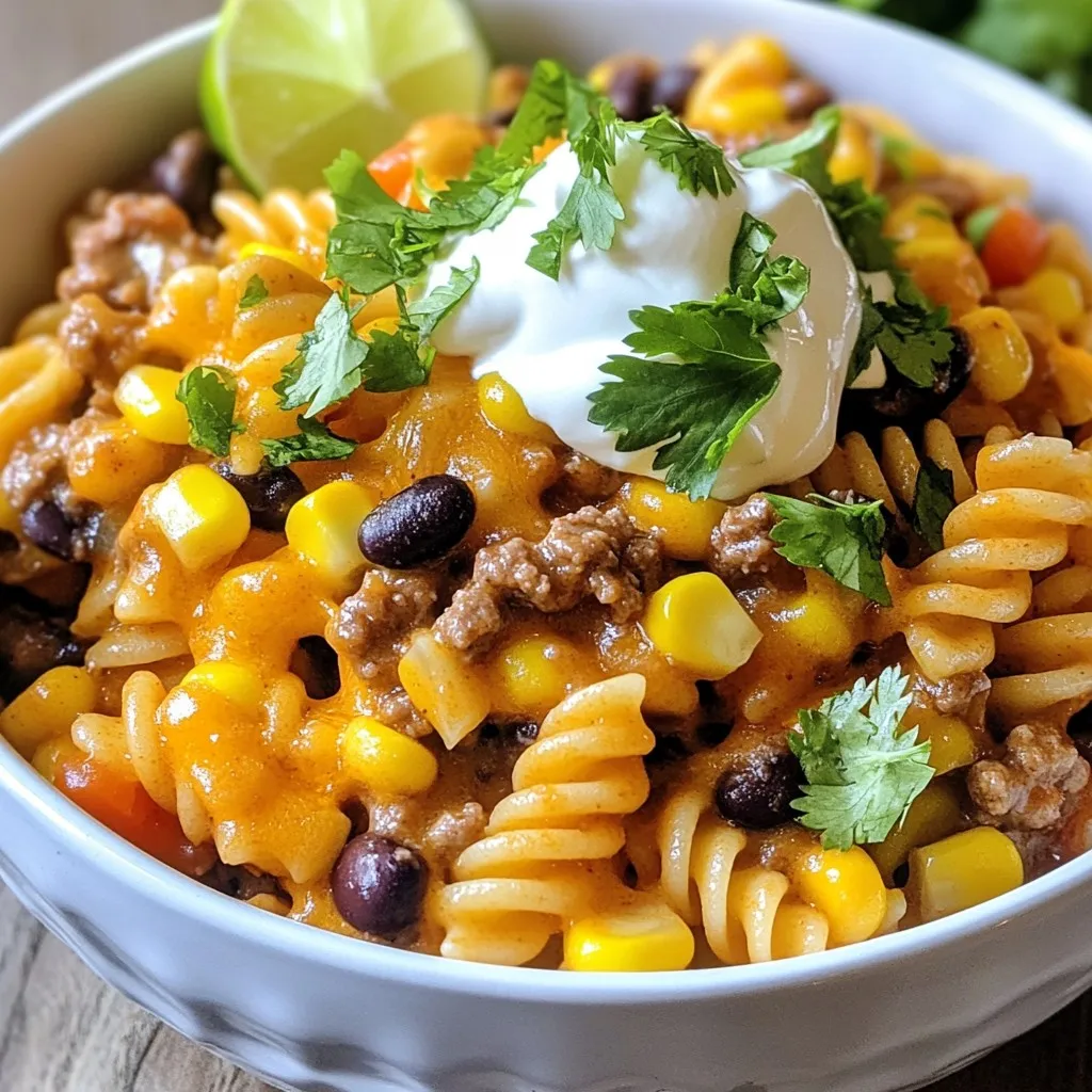 For Cheesy One Pot Taco Pasta, you will need the following ingredients: - 1 tablespoon olive oil - 1 pound ground beef (or turkey, if preferred) - 1 medium onion, diced - 2 cloves garlic, minced - 1 packet taco seasoning - 1 can (14.5 oz) diced tomatoes with green chilies - 3 cups beef or vegetable broth - 8 oz rotini or penne pasta - 1 cup corn kernels (can be fresh, frozen, or canned) - 1 cup black beans, drained and rinsed - 1 cup shredded cheddar cheese - 1 cup shredded Monterey Jack cheese - Salt and pepper, to taste - Fresh cilantro, chopped (for garnish) - Sour cream and lime wedges (for serving) These ingredients come together to create a rich, cheesy, and zesty dish. The ground meat adds protein, while the pasta delivers heartiness. The taco seasoning gives bold flavors and the cheese makes it creamy. You can swap the ground beef for turkey for a lighter option. I like to use rotini pasta because the sauce clings to its curves. If you want a veggie boost, add more corn or beans. Make sure to have fresh cilantro and lime ready for serving. They will brighten the dish and add a fresh twist. Enjoy this meal that is both quick to make and packed with flavor! {{ingredient_image_2}} Start by heating 1 tablespoon of olive oil in a large pot over medium heat. Add 1 pound of ground beef or turkey. Use a wooden spoon to break it apart. Cook it for about 5 to 7 minutes until it is evenly browned. If there is extra fat, drain it off before moving on. Next, add 1 diced medium onion and 2 minced cloves of garlic to the pot. Stir them in and cook until the onion turns soft and translucent. This should take about 3 to 4 minutes. You want these flavors to blend well. Now it’s time to add in the fun stuff! Pour in 1 can of diced tomatoes with green chilies along with 3 cups of beef or vegetable broth. Then, add 8 ounces of uncooked rotini or penne pasta. Stir everything gently and bring it to a gentle boil. Cover the pot with a lid. Once it reaches a boil, reduce the heat to a simmer. Cook it covered for 12 to 15 minutes. Stir occasionally to keep the pasta from sticking to the bottom. Check for al dente texture. It should be firm but cooked through. After the pasta is done, fold in 1 cup of corn and 1 cup of drained black beans. Then, gradually stir in 1 cup each of shredded cheddar and Monterey Jack cheese. Keep stirring until the cheese melts into a creamy sauce. This is where the magic happens! Before serving, taste the dish and adjust seasoning with salt and pepper if needed. When ready, serve the taco pasta hot. Garnish each bowl with freshly chopped cilantro. Offer sour cream and lime wedges on the side for an extra burst of flavor. Enjoy every cheesy bite! - To keep pasta from sticking, stir it often while cooking. - Use enough broth to cover the pasta and help it cook evenly. - If the pasta sticks, add a splash of broth and stir. - Taste your dish before serving. Adjust salt and pepper as needed. - For a milder taste, use less taco seasoning. Increase for more spice. - If you want to switch from beef, use ground chicken or a plant-based meat. - For cheese, try pepper jack for some heat or cream cheese for creaminess. - You can replace black beans with pinto beans or kidney beans. - If you’re out of corn, frozen peas are a great substitute. - Serve the pasta in deep bowls for a cozy look. - Top with extra cheese for a melty finish. - Add fresh cilantro for a pop of color. - A lime wedge on the side adds a fun touch and bright flavor. - Consider using colorful bowls to make the dish more inviting. Pro Tips Brown the Meat Properly: Make sure to cook the meat until it's nicely browned for the best flavor. This adds depth to your taco pasta. Use Quality Broth: Opt for low-sodium beef or vegetable broth to control the saltiness of the dish while still adding rich flavor. Stir Occasionally: Stirring the pasta occasionally while it simmers helps prevent it from sticking to the bottom of the pot and ensures even cooking. Customize Your Cheese: Feel free to mix different types of cheese like pepper jack or gouda for a unique twist on the cheesy flavor. {{image_4}} For a vegetarian twist, swap the meat for plant-based options. You can use lentils, chickpeas, or meatless crumbles. These keep the dish hearty and filling. Adding more veggies is also a smart choice. Consider bell peppers, zucchini, or spinach. They add color and nutrients. You can even toss in some black olives for a salty bite. If you love heat, try adding jalapeños or hot sauce. This gives your pasta a nice kick. You can also use spicy cheese, like pepper jack. This melts well and gives a warm flavor. Adjust the amount based on your spice level. Just remember, you can always add more heat, but it's hard to take it out! You can change up the pasta type to keep it fun. Rotini and penne work great, but try farfalle or fusilli for a new shape. You might also add unique ingredients like bell peppers or even corn salsa. These give extra texture and flavor. Just remember, keep it simple and one-pot for easy cooking and cleanup! To keep your Cheesy One Pot Taco Pasta fresh, follow these steps: - Cool Quickly: Let the pasta cool down before storing. - Use Airtight Containers: Store leftovers in airtight containers to prevent air exposure. - Refrigerate: Place the containers in the fridge. They will stay good for 3 to 4 days. When you're ready to enjoy your leftovers, you have two great options: - Stovetop Method: Heat a pot over medium heat. Add a splash of water or broth to prevent sticking. Stir in the pasta until warmed through. - Microwave Method: Place the pasta in a microwave-safe bowl. Add a bit of water and cover with a lid. Heat in short bursts, stirring in between, until hot. - Texture Tips: Always add moisture when reheating to keep the pasta creamy and delicious. If you want to save some for later, freezing works well: - Cool First: Allow the pasta to cool completely before freezing. - Use Freezer Bags or Containers: Place the pasta in freezer bags or airtight containers. Squeeze out as much air as possible. - Label and Date: Write the date on the bags or containers to track freshness. - Thawing: To thaw, move the pasta to the fridge overnight before reheating. - Retain Quality: Consume frozen pasta within 2 to 3 months for the best taste and texture. It takes about 30 minutes to cook Cheesy One Pot Taco Pasta. Here’s the breakdown: - Prep Time: 10 minutes - Cook Time: 20 minutes - Total Time: 30 minutes Yes, you can make Cheesy One Pot Taco Pasta in advance. Cook it and let it cool. Store it in an airtight container in the fridge for up to three days. You can also freeze it for up to three months. Just thaw it overnight in the fridge before reheating. I recommend using a mix of shredded cheddar and Monterey Jack cheese. Cheddar gives a sharp flavor, while Monterey Jack adds creaminess. You can also try pepper jack for a spicy kick. Absolutely! You can use ground turkey, chicken, or even plant-based meat. If you want a vegetarian option, try black beans or lentils. These will add great texture and flavor. You can serve it with a fresh salad or tortilla chips. Guacamole and salsa are great sides too. For a full meal, pair it with some sour cream and lime wedges. Enjoy! This blog discussed how to cook Cheesy One Pot Taco Pasta, covering all essential steps. We explored ingredients, from meat and spices to various cheeses. I shared tips on cooking, ingredient swaps, and creative variations for everyone. Remember, you can customize this dish to match your taste. Prepare it for a quick dinner or meal prep. Enjoy making this simple and tasty dish that everyone loves. Your kitchen will soon be filled with delicious smells that invite everyone to the table.