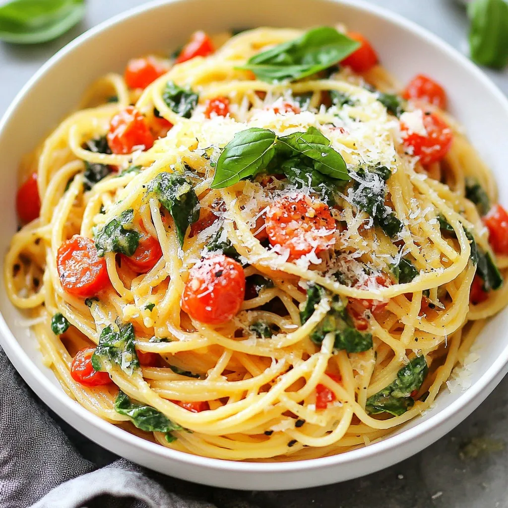 - 8 oz spaghetti or preferred pasta type - 3 tablespoons extra virgin olive oil - 4 cloves garlic, finely minced - 1 small onion, diced finely - 1 can (14 oz) diced tomatoes, with juices - 4 cups fresh spinach, roughly chopped - 1 teaspoon dried oregano - 1 teaspoon red pepper flakes - Salt and freshly cracked black pepper - Fresh basil leaves, for garnish - Grated Parmesan cheese, optional To make garlicky spinach tomato pasta, gather all these ingredients first. Using fresh spinach and ripe tomatoes enhances the flavor. The garlic and onion create a great base. You can adjust the red pepper flakes for spice. If you love cheese, Parmesan adds a nice touch. Each ingredient plays a key role in making this dish vibrant and tasty. You can swap out pasta types based on your preference. Whole wheat or gluten-free options work well, too. Fresh basil gives a lovely aroma and color. Keep everything ready for a smooth cooking process. This organization makes cooking fun and easy! {{ingredient_image_2}} - Bring salted water to a boil in a large pot. - Add 8 oz of your favorite pasta. - Cook until it is al dente, about 8-10 minutes. - Reserve 1 cup of pasta water before draining. - Heat 3 tablespoons of extra virgin olive oil in a large skillet. - Add 4 cloves of minced garlic and 1 small diced onion. - Cook for 2-3 minutes until the garlic smells great and the onion is soft. - Pour in 1 can of diced tomatoes with juices. - Stir in 1 teaspoon of dried oregano and 1 teaspoon of red pepper flakes. - Add salt and cracked black pepper to taste. - Let simmer for 5 minutes. - Stir in 4 cups of roughly chopped fresh spinach until it wilts, about 2-3 minutes. - Add the drained pasta to the skillet with the sauce. - Toss together well, mixing in reserved pasta water little by little. - Adjust the sauce until you reach your preferred consistency. - Transfer the pasta to plates or a large bowl. - Garnish with fresh basil leaves. - If you like, sprinkle grated Parmesan on top for extra flavor. To make the sauce just right, use reserved pasta water. This water has starch that helps thicken the sauce. Start by adding a little and mix well. Keep adding until the sauce is how you like it. For seasoning, taste as you go. You can adjust the salt and pepper to fit your flavor. This way, you’ll create a sauce that suits your palate perfectly. Timing matters for pasta. Cook it until it is al dente, which means it should be firm but not hard. This gives the best bite. After cooking, remember to reserve some pasta water before draining. For garlic, it’s key to sauté it well. Add it to the oil and watch it closely. If it burns, it can taste bitter. Cook until fragrant, about 2-3 minutes. Serving matters for how the dish looks. Use a large bowl or individual plates for serving. Make sure to have a nice pile of pasta that shows the bright colors. A drizzle of olive oil on top makes it look fancy. Don’t forget to add fresh basil leaves. They add a pop of color and flavor. A sprinkle of grated Parmesan cheese is also a great touch. It enhances the taste and makes the dish even more appealing. Pro Tips Use Fresh Ingredients: Fresh spinach and ripe tomatoes elevate the dish's flavor profile. Whenever possible, opt for seasonal produce for enhanced taste. Customize the Spice Level: Adjust the amount of red pepper flakes according to your heat preference. You can also add other spices like smoked paprika for additional depth. Reserve Pasta Water: Always save some pasta water before draining. It’s a great way to adjust the sauce's consistency while adding flavor and starch. Garnish Creatively: Beyond basil, consider adding toasted pine nuts or a squeeze of lemon juice just before serving for a delightful twist. {{image_4}} You can easily adapt this recipe to fit your diet. If you need gluten-free pasta, look for brands made from rice or corn. These options taste great and cook well. For vegan adaptations, skip the cheese. You can use nutritional yeast instead. It adds a cheesy flavor without any dairy. Feel free to swap out some ingredients. If you want different leafy greens, try kale or arugula. They each bring unique flavors and textures. For tomatoes, you can use different types, like cherry tomatoes or fresh ones. Both options will work well in this dish. To boost the flavor, consider adding protein. Chicken or shrimp makes this meal more filling. Cook them in the skillet before adding the tomatoes and spinach. You can also try adding herbs and spices. Fresh basil, thyme, or parsley can change the dish's taste. Experimenting with flavors can make this pasta unique each time. To store leftover garlicky spinach tomato pasta, use airtight containers. This keeps the pasta fresh longer. Let the pasta cool before sealing it. Store it in the fridge for up to three days. You can reheat pasta in two main ways: the microwave or on the stove. For the microwave, place the pasta in a bowl. Add a splash of water to keep it moist. Heat in short bursts, stirring in between. On the stove, add the pasta to a pan. Add a bit of olive oil or water to prevent it from drying out. Heat over low to medium heat, stirring gently. If you want to save pasta for later, freeze portions in plastic bags or containers. This makes meal prep easy. To thaw, place the pasta in the fridge overnight. For a quick thaw, use the microwave. When ready to eat, reheat it as mentioned above. To make the pasta vegetarian, simply swap any non-vegetarian ingredients. In our recipe, we use olive oil, garlic, and vegetables. All these ingredients are vegetarian. If you would like to add protein, use tofu or chickpeas instead of meat. This keeps the dish full of flavor while making it vegetarian-friendly. Yes, you can use fresh tomatoes! Start with about 4-5 medium tomatoes. First, chop them into small pieces. Then, cook them until soft in the skillet. This will take about 5-7 minutes. You can also add a pinch of salt to help them break down. Fresh tomatoes will bring a bright taste to the dish. If you want to kick up the heat, adjust the red pepper flakes. Start with 1 teaspoon and add more if you like. You can also drizzle some hot sauce over the pasta before serving. This adds extra heat and flavor. Just be careful not to overdo it! This pasta pairs great with a fresh salad or garlic bread. A simple green salad with a lemon vinaigrette works well. You can also serve it with roasted vegetables for a healthy side. Another option is to add crusty bread to soak up the sauce. To store leftovers, let the pasta cool down first. Then, place it in an airtight container. It lasts for about 3-4 days in the fridge. When you want to eat it, reheat in the microwave or on the stove. Add a splash of water to keep it moist. This blog post covered a simple, tasty pasta dish. We explored the key ingredients, from fresh spinach to garlic, and shared clear cooking steps. I shared tips for perfecting the sauce and ideas for variations. Remember, you can adapt the recipe to fit your taste or dietary needs. In the end, cooking should be fun and easy. Enjoy experimenting with flavors and sharing meals. I hope you create a dish that you and your loved ones will love. Happy cooking!