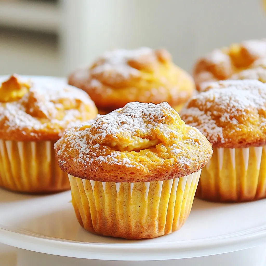 - 1 cup all-purpose flour - 1 cup whole wheat flour - 1 teaspoon baking powder - 1 teaspoon baking soda - 1 teaspoon ground cinnamon - 1/2 teaspoon ground nutmeg - 1/2 teaspoon ground ginger - 1/2 teaspoon salt - 1 cup pumpkin puree - 1/2 cup granulated sugar - 1/2 cup packed brown sugar - 2 large eggs - 1/2 cup vegetable oil - 1 teaspoon pure vanilla extract - 4 oz cream cheese - 1/4 cup powdered sugar - 1 tablespoon milk Gathering fresh ingredients is the first step to making these muffins shine. The mix of all-purpose and whole wheat flour gives a nice balance. The baking powder and baking soda help the muffins rise. Spices like cinnamon, nutmeg, and ginger bring warmth and flavor. Don’t forget the salt; it makes everything taste better. Now, for the wet ingredients, pumpkin puree adds moisture and flavor. The mix of granulated and brown sugar gives sweetness and depth. Eggs bind everything together, while vegetable oil keeps the muffins tender. A splash of vanilla extract brightens up the taste. The cream cheese filling is the star. Softened cream cheese adds a rich, tangy flavor. Mixing in powdered sugar makes it sweet. A bit of milk helps create a smooth texture. This filling adds a special surprise to each bite. By using quality ingredients, you ensure a delicious result every time. {{ingredient_image_2}} First, set your oven to 350°F (175°C). This is the perfect temperature for baking. Next, grab a 12-cup muffin pan. You can use paper liners or lightly grease the cups with cooking spray. This helps the muffins come out easily. In a big bowl, mix the dry items. Combine 1 cup of all-purpose flour, 1 cup of whole wheat flour, 1 teaspoon of baking powder, and 1 teaspoon of baking soda. Add 1 teaspoon of ground cinnamon, 1/2 teaspoon of ground nutmeg, 1/2 teaspoon of ground ginger, and 1/2 teaspoon of salt. Whisk these together until they blend well. In another bowl, combine the wet ingredients. Use 1 cup of pumpkin puree, 1/2 cup of granulated sugar, and 1/2 cup of packed brown sugar. Add 2 large eggs, 1/2 cup of vegetable oil, and 1 teaspoon of pure vanilla extract. Stir well until the mix is smooth and lump-free. Now it’s time to mix the dry and wet ingredients. Gradually add the dry mix to the wet mix. Stir gently until just combined. It's okay if some lumps remain. Avoid overmixing; this keeps the muffins soft and tender. For the filling, take a small bowl. Beat 4 oz of softened cream cheese with 1/4 cup of powdered sugar and 1 tablespoon of milk. Use a hand mixer or a fork. Keep mixing until it’s creamy and smooth. This will be the tasty center of your muffins. Spoon about 2/3 of the pumpkin batter into each muffin cup. Fill them three-quarters full. Then, add a tablespoon of the cream cheese mixture into the center of each muffin. Press it down gently. Cover the cream cheese with a small dollop of pumpkin batter. Put the muffin pan into the preheated oven. Bake for 20 to 25 minutes. To check for doneness, insert a toothpick into a muffin but avoid the cream cheese. If it comes out clean, your muffins are ready. Let them cool for 5 minutes in the pan before moving them to a wire rack. To bake moist muffins, avoid overmixing the batter. Mixing too much makes muffins tough. Stir the wet and dry ingredients until just combined. Some lumps are okay. Using room temperature ingredients is key. It helps the batter blend better. This simple step makes a big difference in texture. Want to boost the flavor? Try adding more spices. A dash of allspice or cloves can add warmth. You can also mix in chocolate chips or nuts for extra crunch. Dried cranberries or apples can add a nice twist too. Presentation matters! After cooling, dust your muffins with powdered sugar. This adds a lovely touch. You can also drizzle maple syrup on top. For a cozy look, add a few cinnamon sticks beside the muffins. This makes them look even more inviting! Pro Tips Use Fresh Spices: For the best flavor, opt for freshly ground spices instead of pre-ground ones. This enhances the aroma and taste of your muffins. Check Muffin Doneness: Insert a toothpick into the center of a muffin; it should come out clean. Avoid touching the cream cheese filling to get an accurate reading. Cool Completely: Allow muffins to cool on a wire rack to prevent them from becoming soggy. This helps maintain their texture and flavor. Experiment with Toppings: Feel free to add toppings like chopped nuts or a sprinkle of oats before baking for an extra crunch and flavor boost. {{image_4}} If you want a gluten-free version of these muffins, try using almond flour or oat flour. Both flours work well and keep the muffins light. You can also mix in some gluten-free all-purpose flour. Just make sure your baking powder is gluten-free. For a vegan twist, replace the eggs with flaxseed meal. Mix one tablespoon of flaxseed meal with three tablespoons of water and let it sit for a few minutes. For the cream cheese, use a vegan cream cheese alternative. You can also swap the milk with almond or soy milk. You can change the flavor by adding different spices. Try cardamom or cloves for an extra kick. You can also mix in nuts like walnuts or pecans for a crunch. Dried fruit, such as cranberries or raisins, adds a nice sweetness too. Experiment and find your favorite combination! To keep your muffins fresh, store them in an airtight container. This keeps moisture in and prevents them from drying out. You can also wrap them in plastic wrap to add another layer of protection. Place the container in a cool, dry spot on your kitchen counter. Avoid direct sunlight. For best taste, eat them within a few days. Freezing is a great way to enjoy muffins later. First, let them cool completely. Wrap each muffin tightly in plastic wrap. Then, place them in a freezer-safe bag or container. Use a marker to note the date. To reheat, remove a muffin from the freezer and let it thaw at room temperature. You can also heat it in the microwave for about 20-30 seconds. At room temperature, these muffins last about 3-4 days. If you keep them in the fridge, they can stay fresh for about a week. However, the texture might change slightly in the fridge. For the best taste and softness, enjoy them fresh or frozen. Yes, you can use homemade pumpkin puree. It adds a fresh taste. For the best blend, make sure it's smooth. Strain it if it's too watery. This helps keep your muffins from being soggy. Use the same amount as canned puree. If you need a substitute for cream cheese, try using Greek yogurt. It gives a nice tang. You can also use mascarpone for a richer filling. Silken tofu is another option for a dairy-free choice. Blend it until smooth for the best texture. To check if your muffins are done, insert a toothpick in the center. It should come out clean, without wet batter. The tops should look golden brown and spring back when touched. If the tops are still wet, bake a few more minutes. Yes, you can make mini muffins! Fill the mini cups halfway. Bake them for about 12 to 15 minutes. Check for doneness with a toothpick, just like regular muffins. You can make about 24 mini muffins with this recipe. This blog post covered the key ingredients and steps to make delicious pumpkin cream cheese muffins. We began with the right dry and wet ingredients and learned how to mix them. You also discovered tips for keeping your muffins moist and tasty. Try different variations for a twist. Remember, storing them correctly will keep them fresh longer. Enjoy baking these delightful treats and impress your friends and family with your skills. You now have everything you need to create a tasty batch!