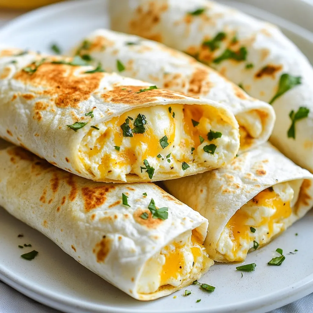 - 2 cups cooked chicken, shredded - 1 cup shredded mozzarella cheese - 1/2 cup cream cheese, softened - 4 large flour tortillas - 1/2 cup diced bell peppers - Fresh spinach - 2 cloves garlic, minced - 1/4 cup fresh parsley, finely chopped - 1 teaspoon paprika - 1/2 teaspoon salt - 1/2 teaspoon black pepper - 1 tablespoon olive oil for cooking The main ingredients create the tasty base for these wraps. Cooked chicken gives protein and heartiness. Shredded mozzarella brings gooey, melty goodness. Cream cheese adds creaminess and binds everything together. Flour tortillas wrap it all up perfectly. You can add diced bell peppers for crunch and color. Fresh spinach boosts the nutrition and adds a nice touch. These add-ins are not required but can make your wraps even better. Seasoning is key. Minced garlic adds a strong, rich flavor. Fresh parsley brings a pop of color and freshness. Paprika gives warmth and a hint of smokiness. Salt and black pepper enhance all the flavors. Finally, olive oil is great for cooking the wraps to golden perfection. Use these ingredients to make your Cheesy Garlic Chicken Wraps flavorful and fun! {{ingredient_image_2}} Start by mixing the chicken and cheese in a bowl. You need 2 cups of cooked chicken, shredded. Add 1 cup of shredded mozzarella cheese and 1/2 cup of softened cream cheese. This mix creates a creamy filling. Next, add flavor with garlic and spices. Mince 2 cloves of garlic and toss them into the bowl. Then add 1/4 cup of finely chopped parsley, 1 teaspoon of paprika, 1/2 teaspoon of salt, and 1/2 teaspoon of black pepper. Mix everything well. You want a smooth and tasty filling. Now, lay out the tortillas on a clean surface. You will use 4 large flour tortillas. With a spoon, distribute the filling evenly. Place it along the center of each tortilla. If you want more crunch and color, add diced bell peppers or fresh spinach. Sprinkle this on top of the filling before you wrap. Heat a skillet on medium heat. Add 1 tablespoon of olive oil and let it warm up. Once hot, place the wraps seam-side down in the skillet. Cook them for 3-4 minutes. They should turn golden brown and crispy. After that, use tongs to flip the wraps. Cook the other side for another 3-4 minutes. Look for melted cheese seeping out as a sign they are ready. Remove the wraps from the skillet. Let them cool for a minute. Then slice each wrap in half diagonally. This makes for a nice presentation. Enjoy your cheesy garlic chicken wraps! To amp up the cheese flavor, try mixing in different types of cheese. You can use sharp cheddar, pepper jack, or even gouda. These cheeses melt well and add a rich taste. If you want a fun twist, add cream cheese to your filling. It makes everything super creamy and tasty. You can also mix in some crumbled feta or goat cheese for a tangy touch. For crispy wraps, heat your skillet well before cooking. Use medium heat and add enough olive oil to coat the bottom. This will help the wraps turn golden brown. Don’t overcrowd the skillet. Cook a few wraps at a time for even cooking. After flipping, cook until the cheese melts and the outside is crispy. Let the wraps cool for a minute before cutting. This helps keep the filling from spilling out. Dips and sauces can make your wraps even better. Try serving them with ranch dressing, marinara, or garlic aioli. These flavors pair well with the cheesy filling. You can also sprinkle fresh herbs on top, like parsley or basil, for extra color and taste. If you like heat, add hot sauce or sriracha on the side. Pro Tips Use Fresh Ingredients: Fresh garlic and herbs will elevate the flavor of your wraps significantly. Always opt for fresh parsley and minced garlic instead of dried alternatives for a more vibrant taste. Experiment with Cheese: While mozzarella works great, try mixing in other cheeses like cheddar or pepper jack for a different flavor profile. This can add a nice kick to your wraps. Warm Tortillas: Before filling, warm the tortillas slightly in the microwave or a dry skillet. This will make them more pliable and easier to roll without tearing. Don’t Overfill: While it can be tempting to pack the wraps with extra filling, overfilling can make them difficult to roll and can lead to spills while cooking. Stick to a generous yet manageable amount. {{image_4}} You can change the flavor of your cheesy garlic chicken wraps easily. Try using different cheese options. Cheddar cheese adds a sharp taste. Pepper jack gives a spicy kick. You can even mix cheeses for a fun twist. For extra flavor, switch up the spices. Try adding red pepper flakes for heat. Cajun seasoning can bring a bold taste. Experiment with your favorite spices to find what you love. If you need gluten-free options, use gluten-free tortillas. They work well with the filling. You won't miss the regular tortillas at all. For a vegetarian version, swap the chicken for beans. Black beans or chickpeas can add protein. You can also use grilled mushrooms for a meaty texture. Fresh vegetables can brighten your wraps. In spring or summer, add fresh spinach or diced tomatoes. These add color and nutrients. During the hot months, create a summer version. Use grilled zucchini and corn. They add a fresh taste and crunch. These simple changes make your wraps exciting all year round. To store leftovers, let the wraps cool first. Place them in an airtight container. This keeps them fresh for up to three days. If you want to keep them longer, avoid stacking them. This prevents sogginess. You can also wrap each one in plastic wrap for better protection. You can freeze these wraps before or after cooking. To freeze before cooking, assemble the wraps and place them in a single layer on a baking tray. Once they are frozen, transfer them to a freezer bag. They will last for up to two months. To freeze after cooking, let them cool completely. Then, wrap each one tightly in plastic wrap and place them in a freezer bag. For the best taste, reheat the wraps in a skillet. Heat it on medium-low. Add a little oil to keep them crispy. Cook each side for about 3-4 minutes until heated through. If you use a microwave, place a damp paper towel over the wrap. This helps keep it moist but may make it less crispy. Enjoy your cheesy garlic chicken wraps warm for the best experience! Yes, you can use raw chicken. Here’s how to prepare it: - Start with 2 cups of raw chicken breast. - Cut the chicken into small cubes. - Heat a skillet over medium heat and add 1 tablespoon of olive oil. - Cook the chicken for about 6-8 minutes until it is no longer pink. - Once cooked, shred the chicken and mix it with the cheeses and spices as in the recipe. To add spice, try these options: - Add 1 teaspoon of cayenne pepper to the filling. - Mix in chopped jalapeños for a fresh kick. - Serve with a spicy dipping sauce like sriracha or hot sauce. - Try a sprinkle of crushed red pepper flakes on top before serving. These small changes will give your wraps a tasty heat! Here are some great side dishes to serve: - A fresh garden salad with a light dressing. - Crispy sweet potato fries for a fun crunch. - Steamed veggies like broccoli or green beans. - A bowl of creamy ranch or marinara for dipping. - Chips and salsa for a casual vibe. These sides will balance the flavors and make your meal more enjoyable! This blog post detailed how to make cheesy garlic chicken wraps using simple ingredients and easy steps. We explored the main items like shredded chicken and cheese, seasonal changes, and tips for perfecting your dish. Remember, you can personalize your wraps with fresh veggies or spices. Enjoy your time cooking these delicious wraps. They are perfect for any meal. Keep experimenting and make them your own! Happy cooking!