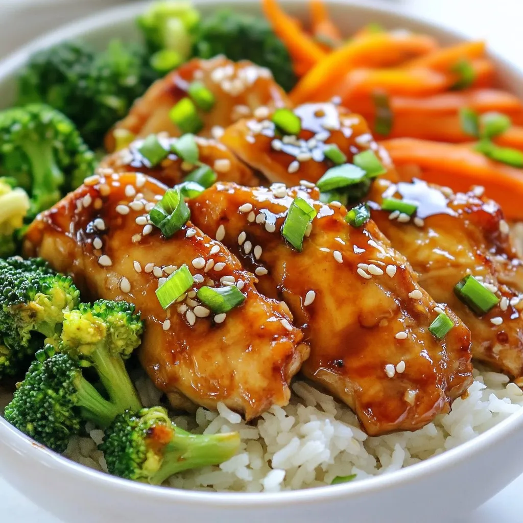 - 1 lb boneless, skinless chicken thighs - 1 cup jasmine rice - 1 cup broccoli florets - 1 medium carrot, julienned - ½ cup low sodium soy sauce - ¼ cup honey - 2 tablespoons rice vinegar - 1 tablespoon sesame oil - 1 tablespoon freshly grated ginger - 2 garlic cloves, minced - 1 tablespoon cornstarch - 2 tablespoons cold water - 2 green onions, thinly sliced - Sesame seeds for garnish For this teriyaki chicken rice bowl, I use chicken thighs for their juicy flavor. Jasmine rice gives a lovely aroma, and the vegetables add color and crunch. The marinade combines soy sauce and honey, creating a sweet and salty mix. Fresh ginger and garlic give the dish an extra kick. Cornstarch helps thicken the sauce for a perfect coating. I love using sesame seeds and green onions to garnish the bowl. They add a nice finish and a pop of flavor. With these ingredients, you create a tasty and satisfying meal everyone will enjoy. {{ingredient_image_2}} To start, you need to mix the marinade. In a bowl, whisk together: - ½ cup low sodium soy sauce - ¼ cup honey - 2 tablespoons rice vinegar - 1 tablespoon sesame oil - 1 tablespoon freshly grated ginger - 2 minced garlic cloves Once it’s well mixed, place the chicken thighs in a resealable bag or dish. Pour the marinade over the chicken, making sure it’s coated. Seal the bag or cover the dish and chill it in the fridge. I suggest marinating for at least 30 minutes, but 2 hours gives better flavor. Now, let's cook the jasmine rice. First, rinse 1 cup of rice under cold water until the water runs clear. This removes excess starch. Next, in a medium pot, add the rinsed rice and 1 ½ cups of water or chicken broth. Bring it to a boil over medium-high heat. Once boiling, lower the heat, cover the pot, and let it simmer for about 15 minutes. When the rice is tender, take it off the heat and let it sit for another 10 minutes. This helps the rice steam and become fluffy. While the rice cooks, prepare the sauce. Pour the leftover marinade into a small saucepan and bring it to a gentle simmer over medium heat. In a bowl, mix 1 tablespoon of cornstarch with 2 tablespoons of cold water to create a slurry. Once the marinade is simmering, stir in the cornstarch slurry. Let it simmer for about 2 minutes or until it thickens nicely. Set it aside for later. Next, heat a large skillet over medium-high heat. Take the marinated chicken out of the bag and let any excess marinade drip off. Place the chicken in the hot skillet. Cook for about 5-7 minutes on each side. The chicken should be golden brown and cooked through. Use a meat thermometer to check the internal temperature, which should reach 165°F (75°C). In the same skillet, toss in the broccoli florets and julienned carrot. Stir-fry them for about 3-4 minutes. You want them to be tender but still crisp. If needed, add a splash of water to help steam the veggies evenly. Once the chicken is done, slice it into strips. Add it back to the skillet with the vegetables. Pour the thickened teriyaki sauce over everything and toss gently to coat. Now, fluff the cooked rice with a fork and divide it among four bowls. Top each bowl with the chicken and vegetable mix. If you like, drizzle with extra sauce and garnish with sliced green onions and sesame seeds. Enjoy your teriyaki chicken rice bowl! To get the best flavor in your teriyaki chicken, marinate the chicken well. I recommend marinating for at least 30 minutes. If you can, let it sit for two hours. This longer time helps the chicken soak up all the tasty sauce. Using low-sodium soy sauce is smart. It gives the same great flavor but with less salt. This makes the dish healthier and lets the sweetness of the honey shine through. To avoid dry chicken, don’t overcook it. Cook the chicken thighs for about 5-7 minutes on each side. Use a meat thermometer to check the chicken. It should reach 165°F (75°C) for safety. Set the skillet on medium-high heat. This heat is perfect for getting that nice golden color on the chicken. If the heat is too low, the chicken may cook too slowly and dry out. For plating, use a wide bowl. Start with a base of fluffy jasmine rice. Then, add the chicken and vegetables on top. This makes each bowl look colorful and appetizing. Garnish with sliced green onions and sesame seeds for extra flair. These add a nice crunch and bright colors to your dish, making it look even more delicious. Pro Tips Marinate Longer for Flavor: For the best flavor, marinate the chicken thighs for at least 2 hours, or even overnight. This allows the marinade to penetrate the meat more deeply, resulting in a juicier and more flavorful dish. Use Chicken Broth for Rice: Cooking the jasmine rice in chicken broth instead of water adds an extra layer of flavor that complements the teriyaki chicken beautifully. Vegetable Variations: Feel free to swap in your favorite vegetables! Bell peppers, snap peas, or bok choy can make great additions or substitutions for the broccoli and carrots. Serving Suggestions: Serve the teriyaki chicken rice bowl with a side of pickled ginger or a small bowl of miso soup to enhance the Japanese dining experience. {{image_4}} You can swap the broccoli and carrots for many other veggies. Try snap peas, bell peppers, or zucchini. These add great color and taste. Seasonal veggies work too! In spring, add asparagus. In summer, use corn or green beans. If you want a different protein, consider using tofu, beef, or shrimp. Tofu works well for a vegetarian twist. Cook it for 5-6 minutes until golden. For beef, slice it thin and cook for 4-5 minutes. Shrimp cooks fast, just 2-3 minutes until pink. You can change the rice too! Brown rice is a hearty choice. It takes longer to cook, about 40 minutes. Cauliflower rice is a low-carb option. Just sauté it for 5-7 minutes. For extra flavor, cook rice in chicken broth instead of water. To keep your teriyaki chicken rice bowl fresh, use airtight containers. Glass containers work best because they don't absorb odors. You can also use plastic containers, but make sure they are safe for the microwave. Store leftovers in the fridge within two hours of cooking. They should last for about 3 to 4 days. You can reheat your dish in two ways: the microwave or the stovetop. For the microwave, place the bowl in for 1-2 minutes, stirring halfway. If you choose the stovetop, heat a skillet on medium-low. Add a splash of water to help steam the rice and chicken. Cover the skillet to keep the moisture in. This helps the food stay soft. Make sure to check that everything is heated through before serving. Freezing is a great way to save leftovers. To freeze your teriyaki chicken rice bowl, let it cool completely first. Then, place it in a freezer-safe container or a resealable bag. Squeeze out as much air as possible before sealing. It can last for up to 3 months in the freezer. When you're ready to eat, thaw it in the fridge overnight. For best results, reheat it from thawed, not frozen. This keeps the texture nice and tasty. You can use chicken breasts for a leaner option. They cook faster but may be drier. If you prefer plant-based, try tofu or tempeh. Both absorb flavors well. You can also use beef or shrimp. Adjust cooking times for these proteins as needed. Yes, making teriyaki sauce at home is easy. Combine ½ cup soy sauce, ¼ cup honey, 2 tablespoons rice vinegar, 1 tablespoon sesame oil, 1 tablespoon grated ginger, and 2 minced garlic cloves. Mix well and simmer until thickened. This sauce adds a fresh touch. This teriyaki chicken rice bowl is not spicy. The flavors are sweet and savory. If you like spice, add red pepper flakes or sriracha to the sauce. Start with a little, and taste as you go. This way, you can find the right heat for you. Yes, this recipe works great for meal prep! Cook the chicken and vegetables in advance. Store them in airtight containers with rice. Keep the sauce separate until ready to eat. This keeps everything fresh. You can enjoy it throughout the week. To make this dish gluten-free, swap soy sauce for tamari. Tamari has a similar taste without gluten. Check that the honey and rice vinegar are gluten-free as well. Use gluten-free cornstarch for thickening. This way, everyone can enjoy this tasty meal! This blog post covered a delicious teriyaki chicken rice bowl. We explored key ingredients, from chicken thighs to fresh veggies. You learned each step, from marinating the chicken to creating a flavorful sauce. We discussed tips for the best taste and smart storage ideas. Finally, I shared variations and answered common questions. Now you're ready to cook this tasty meal! Enjoy it with your family or friends.