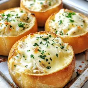 To make Chicken Alfredo Garlic Bread Bowls, you need a few key ingredients that bring rich flavor and comfort. Here&rsquo;s what you will need: - 2 large loaves of soft Italian bread - 2 cups cooked chicken breast, shredded - 1 cup heavy cream - 1 cup grated Parmesan cheese - 2 tablespoons butter - 4 cloves garlic, minced - 1 teaspoon garlic powder - 1 teaspoon Italian seasoning - Salt and pepper to taste - Fresh parsley, chopped (for garnish) These ingredients form the base of this hearty dish. The soft Italian bread serves as the perfect vessel for the creamy Alfredo mixture. The chicken adds protein, while the garlic and seasonings elevate the flavor. Don&rsquo;t forget the fresh parsley on top; it adds a nice pop of color and taste. Using quality ingredients makes a big difference. I always recommend fresh garlic for the best flavor. Each ingredient plays a role in creating a comforting and satisfying meal. Let&rsquo;s get cooking! {{ingredient_image_2}} 1. Preheat the oven: Start by setting your oven to 350&deg;F (175&deg;C). This step ensures your bread bowls bake evenly. 2. Hollowing out the bread: Take your large loaves of soft Italian bread. Carefully slice off the top of each loaf. Use a spoon to scoop out the soft insides. Aim for a sturdy half-inch shell. Keep the bread you scoop out; it&rsquo;s great for breadcrumbs or dipping. 3. Preparing the leftover bread: Store the scooped-out bread in a bag. You can use it later for other recipes. It won&rsquo;t go to waste! 1. Melting butter and saut&eacute;ing garlic: In a medium saucepan, melt 2 tablespoons of butter over medium heat. When it&rsquo;s bubbly, add 4 minced garlic cloves. Saut&eacute; for about 1 minute. Stir often until it smells great, but don&rsquo;t let it brown. 2. Combining cream and cheese: Gradually pour in 1 cup of heavy cream. Stir as it gently simmers. Then, mix in 1 cup of grated Parmesan cheese, 1 teaspoon of garlic powder, and 1 teaspoon of Italian seasoning. Add salt and pepper to taste. Keep whisking until the sauce is smooth and thickens a bit, which takes about 3-5 minutes. 3. Adding seasonings and chicken: Stir in 2 cups of shredded chicken. Make sure every piece gets coated with that creamy sauce. Remove the saucepan from heat to stop it from cooking further. 1. Filling the bread bowls: Carefully fill each hollowed bread bowl with the warm chicken Alfredo mixture. Press down gently to pack it in, but don&rsquo;t overfill. 2. Baking process: Place the filled bread bowls on a baking tray. Transfer them to your preheated oven. Bake for about 15-20 minutes. Watch for the tops to get toasted and the bread to turn golden brown. 3. Garnishing the bowls: Once they&rsquo;re out of the oven, let them cool for a few minutes. Then, sprinkle chopped fresh parsley on top. This adds a nice touch of color and freshness. To make a smooth Alfredo sauce, start by melting butter in a pan over medium heat. Add minced garlic and cook it for one minute. Then, pour in the heavy cream slowly while stirring. This helps blend the cream well. Mix in grated Parmesan cheese next. Keep stirring as it thickens. For taste, add salt and pepper. If you want more flavor, sprinkle in a bit of garlic powder or Italian seasoning. Taste the sauce and adjust as you like. For a great look, serve the bread bowls on a rustic wooden board. You can also use a large platter. Place a small dish of the scooped-out bread pieces next to the bowls. This invites people to dip into the Alfredo sauce. For a fresh touch, add a simple side salad. A mixed green salad pairs well with rich Alfredo flavors. When choosing bread, pick soft Italian loaves. Avoid bread that is too hard or crusty. This will help you create a good bowl that holds the sauce. Another mistake is overfilling the bowls. Pack the chicken Alfredo gently inside. If you overfill, the bread can break or overflow. Keep it neat for better taste and a nice presentation. Pro Tips Choose the Right Bread: Opt for soft Italian bread as it provides the perfect texture and flavor for these bowls. A crusty bread may crack under the weight of the filling. Perfectly Cooked Chicken: Use pre-cooked or leftover chicken for convenience, but ensure it's moist. If using raw chicken, consider poaching it for a tender result. Customize the Sauce: Feel free to add vegetables like spinach or broccoli to the Alfredo mix for extra nutrition and color. This will elevate the dish even further. Serving Suggestions: Serve with a side salad or steamed vegetables to balance the richness of the Alfredo and add freshness to the meal. {{image_4}} You can switch up the protein in your Chicken Alfredo Garlic Bread Bowls. Try shrimp or mix in some saut&eacute;ed vegetables. Bell peppers, spinach, or mushrooms add great taste and color. If you want a dairy-free option, use nut milk or coconut cream for the sauce. Nutritional yeast can replace Parmesan cheese, giving it a cheesy flavor without dairy. To boost flavor, add spices or herbs to your Alfredo sauce. A pinch of red pepper flakes adds heat. Fresh basil or thyme can brighten the dish. You can also mix in vegetables to the creamy sauce. Try adding peas or broccoli for added texture and flavor. This not only makes the dish more colorful, but it also packs in more nutrients. For fun appetizers, make mini bread bowls. Use small rolls instead of large loaves. These bite-sized treats are perfect for parties. You can also try different types of bread. Sourdough or whole wheat can give a unique taste. Each bread type changes the flavor and texture, making this dish versatile and exciting. To keep your leftover bread bowls fresh, store them in an airtight container. This keeps moisture out and preserves the bread. You can also wrap them tightly in plastic wrap or foil. They last about 2-3 days in the fridge. After that, they may become stale. For reheating, the oven is your best friend. Preheat it to 350&deg;F (175&deg;C). Place the bread bowls on a baking sheet. Heat for 10-15 minutes until warm. This method keeps the bread crispy. Avoid using the microwave; it makes the bread soggy. If you have leftover Alfredo sauce, it&rsquo;s great for pasta! Toss it with any cooked pasta and some veggies. For leftover chicken, you can make a tasty chicken salad. Just mix shredded chicken with mayo, celery, and spices. These ideas help you waste less food! I recommend using soft Italian bread. It has a nice texture and holds the filling well. You can also try French bread for a crusty outside. Both options work great for these bowls. Yes, you can! Make the sauce ahead of time and store it in the fridge. Just let it cool before putting it in a container. When ready to use, reheat it gently on the stove or in the microwave. To make it lighter, use low-fat cream instead of heavy cream. You can also substitute grilled chicken for rotisserie chicken. Adding more veggies, like spinach or broccoli, boosts nutrition too. Yes, you can freeze them! Just make sure they are completely cool before wrapping. Use plastic wrap and then foil to keep them fresh. When ready to eat, thaw them in the fridge and reheat. These bowls pair well with a simple salad, like Caesar or mixed greens. You can also serve them with garlic bread or roasted vegetables for a full meal. In this post, we explored how to create delicious Chicken Alfredo Garlic Bread Bowls. We covered the key ingredients, easy steps to prepare, and helpful tips to enhance flavor. Remember to choose the right bread and avoid overfilling your bowls. You can even try fun variations with different proteins or spices. This dish not only tastes amazing but also impresses at any meal. Try it, and enjoy the rich, creamy goodness in every bite!