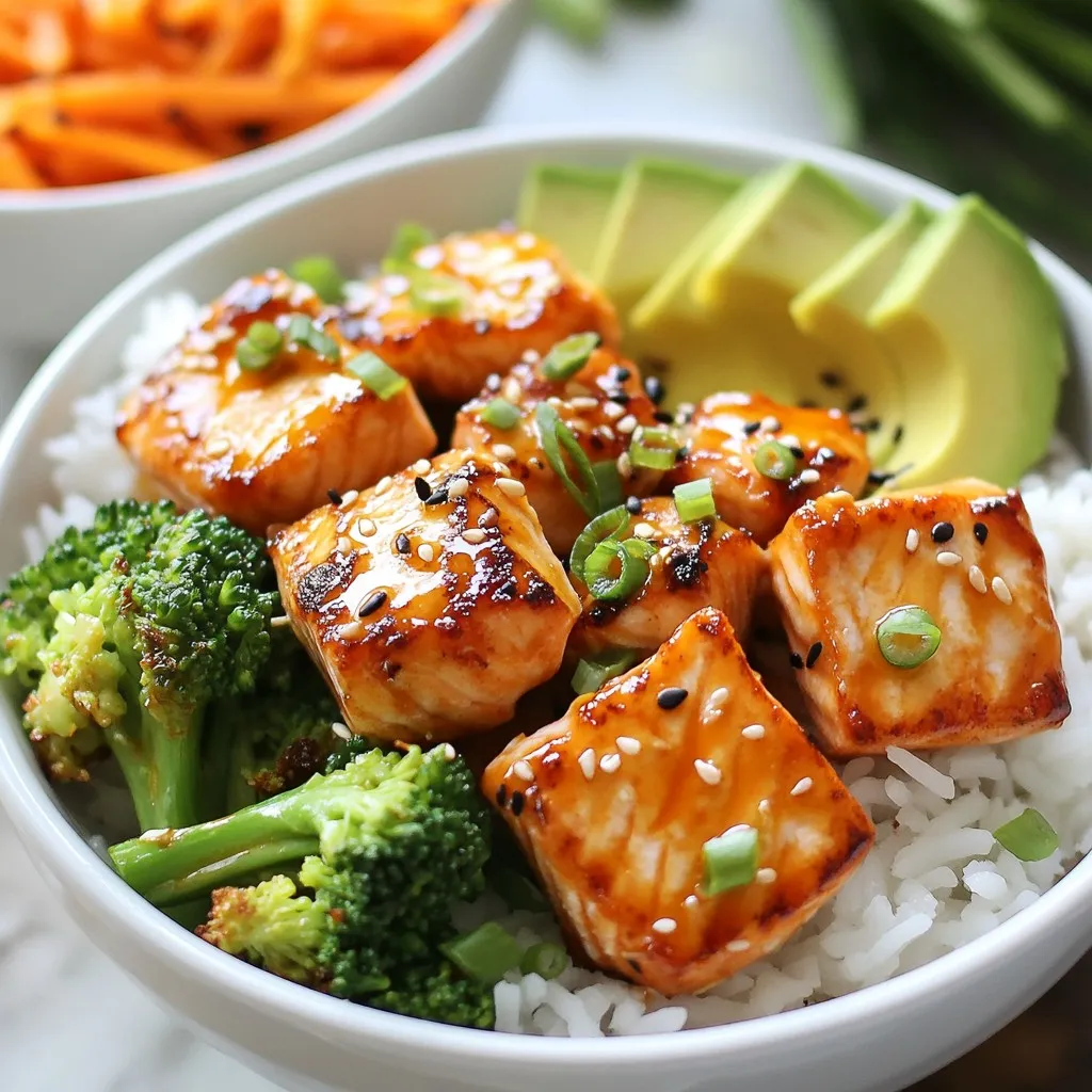 For this recipe, I use 1 pound of fresh salmon fillet. Cut it into bite-sized cubes for easy cooking and serving. Salmon is rich in omega-3 fatty acids, making it a healthy choice. Make sure the salmon is bright pink and firm to the touch. This ensures you have the best quality fish for your bowls. You’ll need a few fresh veggies to complete your bowls: - 1 cup cooked rice (choose jasmine or brown) - 1 cup broccoli florets - 1 medium carrot, julienned - 1 ripe avocado, sliced - 2 green onions, finely chopped - Salt and pepper, to taste These veggies add color, crunch, and nutrition. The rice serves as a hearty base, while the broccoli and carrots provide vitamins and minerals. Don't forget the avocado! It adds creaminess and healthy fats. The green onions bring freshness and a mild onion flavor. The Bang Bang sauce is what makes this dish special. You’ll need: - 1/4 cup mayonnaise - 2 tablespoons sweet chili sauce - 1 tablespoon sriracha (adjust to your spice preference) Mix these ingredients well. The mayonnaise gives a creamy base, while the sweet chili sauce adds a touch of sweetness. The sriracha brings heat, so you can make it as spicy as you like. This sauce ties all the flavors together and makes every bite a treat. These simple ingredients create a vibrant, flavorful meal that is fun to make and eat. {{ingredient_image_2}} To make the Bang Bang sauce, grab a small bowl. Combine 1/4 cup of mayonnaise, 2 tablespoons of sweet chili sauce, and 1 tablespoon of sriracha. Whisk these together until smooth. This sauce adds a sweet and spicy kick to your bowls. Let it sit for a few minutes to blend the flavors. Next, heat 1 tablespoon of sesame oil in a large skillet over medium heat. While the oil warms, season 1 pound of salmon cubes with salt and pepper. When the oil is hot, add the salmon to the skillet. Cook the salmon for about 3–4 minutes. Turn the cubes gently as they cook. The salmon should be golden and just cooked through. While the salmon cooks, steam your broccoli. Boil a small pot of water. Place 1 cup of broccoli florets in a steamer basket above the pot. Cover the basket and steam for 3–4 minutes. The broccoli should be bright green and tender but still a bit crisp. Now, it’s time to assemble the bowls. Start by dividing 1 cup of cooked rice into four serving bowls. This rice will be the base of your meal. Top the rice with the cooked salmon, steamed broccoli, and julienned carrots. Add a few slices of avocado on each bowl for creaminess. Finally, drizzle the Bang Bang sauce over each bowl. Make sure to cover everything. For a finishing touch, sprinkle chopped green onions and sesame seeds on top. This adds color and crunch. Enjoy your meal! To get the best salmon, use fresh fillets. Cut them into bite-sized cubes. This helps them cook evenly. Heat sesame oil in a large skillet over medium heat. Generously season the salmon with salt and pepper. Add the salmon to the hot oil carefully. Cook for about 3–4 minutes, turning occasionally. You want a golden, crispy outside and a tender inside. This technique keeps the salmon juicy and full of flavor. Seasoning makes all the difference in taste. Start with salt and pepper for the salmon. You can also add garlic powder or paprika for more depth. When you steam the broccoli, a pinch of salt adds flavor. The Bang Bang sauce brings a sweet and spicy kick. Mix mayonnaise with sweet chili sauce and sriracha. Adjust the sriracha to your spice level. This combination creates a rich and tangy sauce that enhances the whole dish. A colorful bowl makes the meal more appealing. Start with a base of cooked rice. Arrange the salmon, broccoli, and carrots in neat sections. Place avocado slices on top for creaminess. Drizzle the Bang Bang sauce generously over everything. Finish with green onions and sesame seeds for extra texture. For a fresh touch, add a mint leaf or lime wedge on the side. This not only looks great but also adds a vibrant flavor. Pro Tips Use High-Quality Salmon: Opt for fresh, sustainably sourced salmon for the best flavor and texture in your bowls. Customize Your Sauce: Feel free to adjust the level of sriracha in the Bang Bang sauce to suit your spice preference. Add More Veggies: Enhance your bowls by incorporating a variety of vegetables, such as bell peppers or snap peas, for added color and nutrition. Perfect Rice Cooking: If using jasmine rice, rinse it before cooking to remove excess starch and achieve fluffy grains. {{image_4}} You can swap out salmon for other proteins. Try chicken, shrimp, or tofu. Chicken thighs work well when cooked until juicy. Shrimp cooks quickly, just a few minutes in the pan. Tofu absorbs the sauce flavors nicely. Choose what you love to make it your own. Not a rice fan? You can use quinoa or farro instead. Quinoa is light and fluffy, adding nice texture. Farro has a chewy bite that gives a hearty feel. Both grains work great with the Bang Bang sauce. They soak up the flavors and make each bite tasty. To make this dish vegan, skip the salmon and use chickpeas or tempeh. Both options provide protein and a satisfying bite. For the sauce, replace mayonnaise with a vegan option. This keeps the creamy texture and flavor. Add more veggies like bell peppers or snap peas for crunch. Enjoy a vibrant, plant-based bowl that's full of flavor! To keep your Bang Bang Salmon Bites Bowls fresh, use airtight containers. Place each bowl in a container. This helps preserve flavors and texture. Store the containers in the fridge. They will stay good for about three days. If you need to store the sauce separately, that is fine too. Just keep it in a small container. When ready to enjoy your leftovers, reheating is easy. Use the microwave for quick heating. Place the bowl in for about 1-2 minutes, stirring halfway. This ensures even warming. You can also use a skillet. Heat it on medium and add a splash of water. Cover to steam your dish lightly. This keeps the salmon moist. Meal prep makes this dish great for lunch or dinner. You can prep all the ingredients ahead. Cut the salmon, veggies, and cook the rice on a Sunday. Store them separately in the fridge. Assemble bowls each day as you need them. This method saves time and keeps meals fresh. Don't forget to pack the sauce in a small container. It adds that tasty kick right before eating! You can serve many tasty sides with Bang Bang Salmon Bites Bowls. Here are some great options: - Edamame: This adds protein and a nice crunch. - Cucumber Salad: A fresh salad can balance the rich salmon. - Pickled Ginger: It adds a zing that brightens the meal. - Miso Soup: A warm soup pairs well with the bowl. These sides can enhance your meal and make it more filling. Yes, you can make the Bang Bang sauce ahead of time. Store it in an airtight container in the fridge. It will last for about three days. Making it early helps the flavors blend nicely. Just give it a good stir before using it. To change the spice level, you can adjust the sriracha in the sauce. Here are some tips: - Less Heat: Use less sriracha or skip it entirely. - More Heat: Add more sriracha or include red pepper flakes. - Mild Option: Swap sriracha for a mild chili sauce. Taste the sauce before adding it to the bowls. This way, you can find the perfect heat for you. Yes, you can freeze Bang Bang Salmon Bites Bowls. Here are some tips: - Cooked Salmon: Freeze cooked salmon in a container or bag. - Rice and Veggies: These freeze well too. Just keep them separate. - Bang Bang Sauce: You can freeze it, but it may change texture. When ready to eat, thaw everything in the fridge overnight. Reheat gently to enjoy your tasty meal again. This blog post covered how to make Bang Bang Salmon Bowls. We explored key ingredients, like fresh salmon, vegetables, and the tasty sauce. I detailed how to cook the salmon and steam broccoli while assembling the bowls. Don’t forget the tips for perfecting your dish and ways to adapt recipes to fit your needs. Now you can create delicious, eye-catching meals at home. Enjoy cooking and sharing your unique bowls with friends and family!