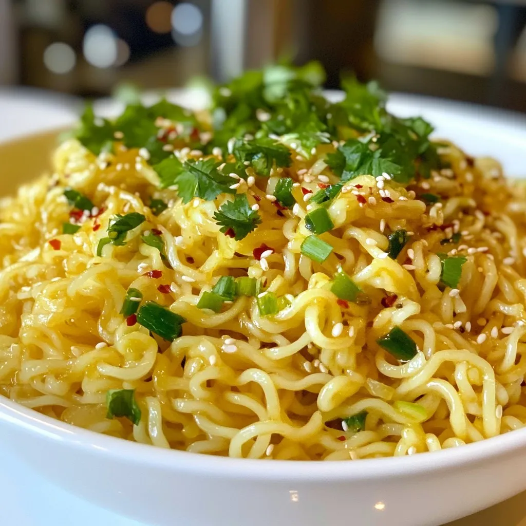 Here’s what you need to make Minute Garlic Butter Ramen Noodles. Gather these items: - 2 packs of instant ramen noodles (discard the seasoning packets) - 4 tablespoons unsalted butter - 6 cloves garlic, finely minced - 1 teaspoon red pepper flakes (optional, for a spicy kick) - 1 tablespoon soy sauce - 2 green onions, thinly sliced - 1 tablespoon sesame oil - Salt and freshly cracked black pepper, to taste - Fresh cilantro or parsley, for garnish (optional) These simple ingredients come together quickly. You can find most in your pantry. The garlic and butter give the dish a rich flavor. The soy sauce adds depth. If you want heat, use red pepper flakes. Fresh herbs like cilantro or parsley can brighten the dish. Enjoy the mix of flavors! {{ingredient_image_2}} To start, grab a large pot. Fill it with water and bring it to a rapid boil. This step is key for perfect noodles. Once the water is bubbling, gently add the instant ramen noodles. Cook them for about 3 to 4 minutes. Be sure to check the package for exact times. When they are done, carefully drain the noodles in a colander. Set them aside for later. Now, let's make the garlic butter. In the same pot, turn the heat to medium. Add 4 tablespoons of unsalted butter. Watch it melt until it starts to bubble gently. Keep an eye on the butter so it does not brown too much. This will keep the flavor just right. Once the butter is bubbling, add 6 cloves of finely minced garlic. Stir the garlic for about 1 to 2 minutes. You want it to smell great and turn light golden. Be careful not to let it burn, as burnt garlic can taste bad. If you like heat, sprinkle in 1 teaspoon of red pepper flakes and stir for another 30 seconds. Next, gently add the cooked ramen noodles back into the pot. Use tongs or a fork to toss the noodles in the garlic butter. Make sure every noodle is coated well. Now, pour in 1 tablespoon of soy sauce and 1 tablespoon of sesame oil. Add a dash of salt and freshly cracked black pepper. Toss the noodles again until all the flavors blend nicely. Finally, remove the pot from heat. Fold in the thinly sliced green onions for a fresh taste. Your Minute Garlic Butter Ramen Noodles are ready to serve. Enjoy your quick and tasty meal! - Monitoring garlic cooking time: Start by melting the butter in a pot. Add minced garlic when the butter bubbles. Cook the garlic for just 1-2 minutes. You want it fragrant and lightly golden. Watch closely! If it turns dark, it can taste bitter. - Options for adjusting spice level: If you like heat, add red pepper flakes. Start with 1 teaspoon. You can always add more if you want it spicier. If you prefer mild flavors, skip the spice. The garlic and soy sauce will still give great taste. - Suggestions for additional ingredients: Want to make it heartier? Try adding cooked chicken, shrimp, or tofu. You can also mix in veggies like spinach or bell peppers. Cook them briefly in the garlic butter before adding the noodles. - Best practices for tossing noodles: Use tongs or a fork to toss the noodles. Make sure each noodle gets coated in the garlic butter mix. This helps all the flavors blend. Toss gently but thoroughly so you don’t break the noodles. Pro Tips Butter Temperature: Make sure your butter is at room temperature before melting to ensure it blends smoothly with the garlic. Don’t Overcook the Garlic: Keep a close eye on the garlic while sautéing; it should be fragrant and lightly golden, not browned, to avoid bitterness. Customize Your Noodles: Feel free to add in your favorite vegetables or proteins, such as spinach or cooked chicken, for a heartier meal. Serving Suggestions: Pair these noodles with a side of steamed vegetables or a fresh salad for a complete meal experience. {{image_4}} You can make Minute Garlic Butter Ramen Noodles even better by adding protein. Here are some options: - Cooked chicken - Cooked shrimp - Cubed tofu For chicken, use cooked pieces. Add them to the garlic butter just before you toss in the noodles. If you choose shrimp, cook them in the butter for a few minutes until they turn pink. For tofu, sauté it in the butter until it's golden. Adjust cooking times as needed to ensure your protein is fully cooked. Adding vegetables can give your dish more flavor and nutrients. Here are some vegetables to try: - Spinach - Bell peppers - Broccoli - Carrots You can add fresh spinach right at the end. It wilts quickly. For bell peppers and broccoli, sauté them in the butter before adding the garlic. This way, they will cook nicely and soak up flavors. Carrots can be sliced thin and added the same way. If you need a gluten-free meal, you can swap out the noodles. Here are some great alternatives: - Rice noodles - Zucchini noodles - Shirataki noodles For rice noodles, follow the cooking instructions on the package. Use zucchini noodles or shirataki noodles by sautéing them briefly in the garlic butter. This will keep them tender but not mushy. Adapt the recipe by checking the cooking times for your chosen noodles. To keep your garlic butter ramen fresh, follow these tips: - Refrigeration: Store leftovers in the fridge within two hours of cooking. - Containers: Use airtight containers to prevent moisture loss. Glass or plastic containers work well. To enjoy your ramen again, reheating is key. Here’s how: - Method Options: Use the microwave or a pan. For the best texture, heat in a pan with a splash of water. Stir often. - Safety Considerations: Always heat until steaming hot. This kills any harmful bacteria and ensures safe eating. Yes, you can use other noodles! Soba, udon, or rice noodles work well. Just adjust the cooking time based on the noodle type. This opens up many flavor options and makes the dish fun. To make this dish vegetarian, simply skip the butter and use plant-based margarine. You can also replace the soy sauce with a vegan alternative. This ensures the recipe stays tasty and meat-free. Serve your garlic butter ramen with: - Soft-boiled eggs for protein - Steamed broccoli for crunch - Crispy tofu for a filling option - A sprinkle of sesame seeds for extra flavor These pairings add variety and enhance the meal's taste. You can keep leftover noodles in the fridge for up to three days. Store them in an airtight container to keep them fresh. Reheat them in a pan with a splash of water to restore moisture. In this guide, you learned how to make garlic butter ramen noodles. We covered the ingredients and the steps to cook them perfectly. You can adjust spice levels and add proteins or veggies for more flavor. Don't forget about the best ways to store leftovers! Enjoying this dish can be simple and tasty. Experiment with your favorite ingredients. With practice, you can make it your own!