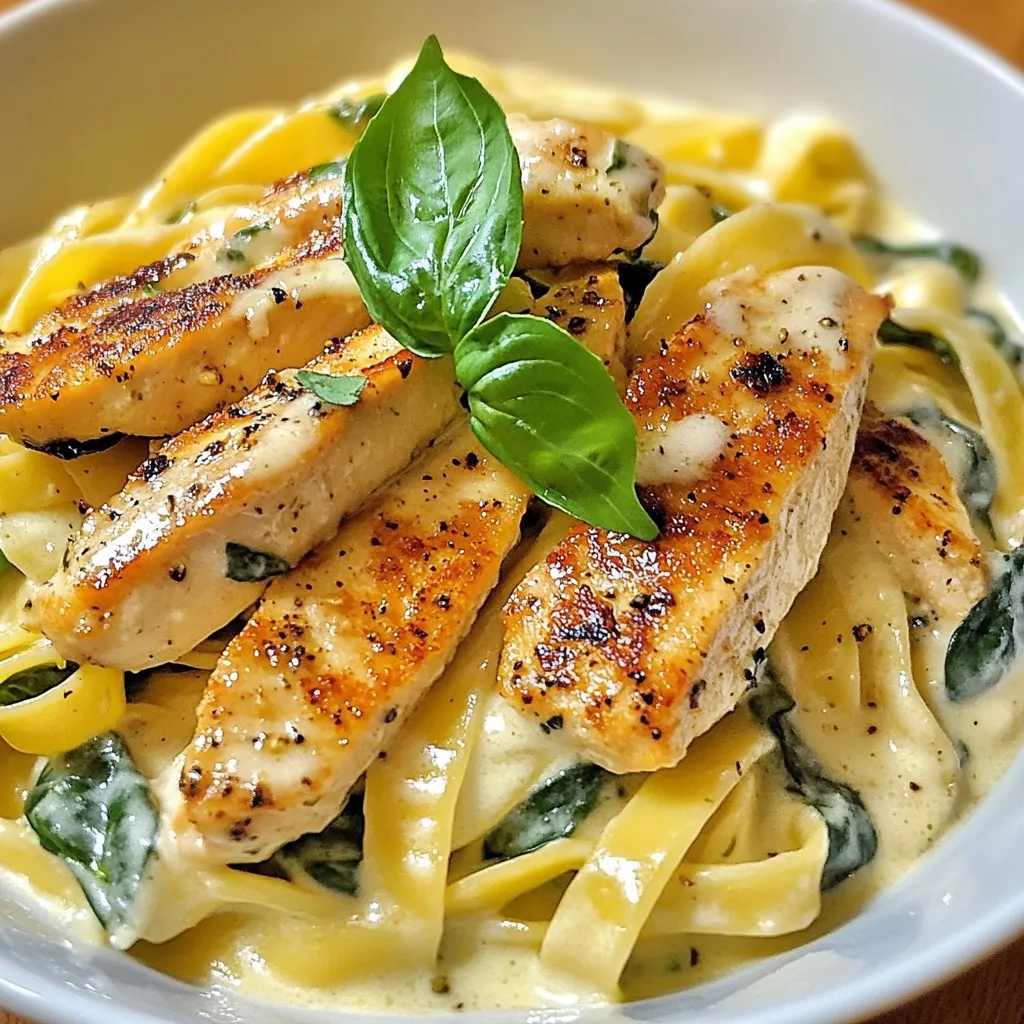 This dish features some simple yet flavorful components. Here’s what you need: - 12 ounces fettuccine pasta - 2 tablespoons olive oil - 2 boneless, skinless chicken breasts, sliced into 1-inch strips - Salt and freshly cracked black pepper to taste - 3 cloves garlic, minced - 4 cups fresh baby spinach - 1 cup heavy cream - 1 cup freshly grated Parmesan cheese - 1 teaspoon Italian seasoning blend - 1/2 teaspoon freshly grated nutmeg - Fresh basil leaves for garnish Each ingredient plays a key role in building great flavor. The chicken gives protein and heartiness, while the spinach adds color and nutrients. The heavy cream and Parmesan create a rich, creamy sauce that coats the pasta perfectly. For this recipe, you'll need a few key tools to make cooking easy: - Large pot for boiling pasta - Colander for draining - Large skillet for sautéing - Wooden spoon or spatula for mixing Using the right tools helps you cook efficiently. A large pot allows the pasta to move freely, ensuring it cooks evenly. A colander drains the pasta quickly, so you can move on to the next steps. You can make this dish even more special with some extra touches. Here are some ideas: - Extra Parmesan cheese for serving - Lemon zest for a fresh kick - Red pepper flakes for heat - Chopped fresh herbs like parsley or chives These additions can enhance the flavor profile and make the dish visually appealing. Feel free to experiment with what you have on hand! {{ingredient_image_2}} Start by boiling water in a large pot. Add salt to the water. Once it boils, add 12 ounces of fettuccine pasta. Cook according to the package, about 8-10 minutes, until it's al dente. Drain the pasta in a colander but save about 1/2 cup of the water. Set the pasta aside for later. Next, heat 2 tablespoons of olive oil in a large skillet over medium heat. Season 2 boneless, skinless chicken breasts, sliced into strips, with salt and pepper. When the oil shimmers, add the chicken. Cook for 5-7 minutes, turning often, until golden brown and cooked through. Remove the chicken and set it aside. In the same skillet, lower the heat to medium-low. Add 3 minced garlic cloves and sauté for 30 seconds. Make sure to stir so it won't burn. Next, toss in 4 cups of fresh baby spinach. Cook for about 2-3 minutes, stirring, until the spinach wilts down. Now, lower the heat to low. Pour in 1 cup of heavy cream and stir to mix with the spinach and garlic. Gradually add 1 cup of freshly grated Parmesan cheese. Stir continuously until the cheese melts and the sauce is smooth. Season with 1 teaspoon of Italian seasoning and 1/2 teaspoon of freshly grated nutmeg. Add salt and pepper to taste. Return the cooked chicken and fettuccine to the skillet. Gently toss everything together. Make sure the pasta and chicken are coated in the creamy Alfredo sauce. If the sauce is too thick, add a splash of the reserved pasta water to reach your desired consistency. Take the skillet off the heat. Serve the pasta on plates. For a nice touch, garnish with fresh basil leaves and a sprinkle of extra Parmesan. This adds both color and flavor to your dish. Enjoy your Chicken Spinach Alfredo Pasta! To make the best Alfredo sauce, start with heavy cream. This cream gives your sauce a rich and smooth texture. Use fresh, grated Parmesan cheese for the most flavor. Gradually add the cheese to the cream while stirring. This helps it melt well and prevents clumping. A dash of nutmeg adds warmth and depth. Use just a little, as too much can overpower the sauce. If the sauce is too thick, mix in a splash of reserved pasta water until it reaches the right consistency. For tender, juicy chicken, slice your chicken breasts into strips. This helps them cook evenly. Start by heating olive oil in your skillet until hot. Season the chicken with salt and pepper before adding it to the skillet. Don’t overcrowd the pan; cook in batches if needed. Let the chicken cook without moving it for a few minutes. This gives it a nice golden crust. Flip only when it is ready. Cook until no longer pink in the center. Remove the chicken and let it rest for a moment; it will stay juicy. Herbs and spices elevate the taste of your Chicken Spinach Alfredo Pasta. Use fresh garlic for a strong flavor. Sauté it until fragrant, but don’t let it burn. Italian seasoning blends well with the creamy sauce. Add a teaspoon to give your dish warmth. Fresh basil leaves as a garnish add brightness. You can also sprinkle some red pepper flakes for a little heat. These small touches make your pasta memorable and delicious. Pro Tips Perfect Pasta: Always cook your pasta al dente, as it will continue to cook slightly when combined with the sauce, ensuring it doesn't become mushy. Seasoning Matters: Don't forget to season every layer of your dish. Season the chicken, pasta water, and sauce for the best flavor. Cheese Quality: Use freshly grated Parmesan cheese for a creamier, more flavorful sauce. Pre-grated cheese may not melt as well. Make It Your Own: Feel free to customize this dish with additional ingredients like sun-dried tomatoes, mushrooms, or a splash of white wine for extra depth of flavor. {{image_4}} You can make this dish vegetarian by skipping the chicken. Use extra spinach or add mushrooms for a hearty texture. You might also add artichoke hearts or roasted red peppers for a burst of flavor. Substitute heavy cream with cashew cream or coconut milk for a creamy sauce. This keeps the dish rich while staying plant-based. If you need a gluten-free meal, use gluten-free fettuccine. Many brands offer pasta made from rice or quinoa. You can also try spiralized vegetables like zucchini or butternut squash as a pasta substitute. Just remember to check the labels for any hidden gluten. For a twist, consider using shrimp instead of chicken. Cook the shrimp in the same skillet until pink and tender. You can also use tofu if you want a plant-based protein. Press the tofu to remove excess water, then cube and sauté until golden. This adds a nice texture and absorbs the flavors well. To keep your Chicken Spinach Alfredo Pasta fresh, let it cool first. Place leftovers in an airtight container. This helps keep out air and moisture. Label the container with the date. Store it in the fridge for up to three days. When you're ready to eat, take out your pasta. You can reheat it on the stove or in the microwave. If using the stove, add a splash of water or cream to help it heat evenly. Stir often to prevent sticking. In the microwave, use a microwave-safe dish with a lid. Heat in short bursts, stirring in between, until warm. If you want to save some for later, freezing is a great option. Place cooled pasta in a freezer-safe container. Try to remove as much air as possible. Label it with the date and freeze for up to three months. When you’re ready to enjoy it, thaw overnight in the fridge before reheating. Yes, you can use other pasta types. Penne, rigatoni, or even gluten-free pasta work well. Just cook them according to package directions. The sauce will still taste great no matter the pasta shape. To make this dish dairy-free, swap heavy cream for coconut milk or a plant-based cream. Use nutritional yeast instead of Parmesan cheese for a cheesy flavor. This change keeps it creamy and delicious without dairy. This pasta pairs well with a green salad or garlic bread. You can also serve it with roasted vegetables for a balanced meal. A light white wine is a great drink choice to enjoy with this dish. Store fresh baby spinach in a plastic bag or container. Keep it in the fridge to stay crisp. Make sure to dry it well after washing to avoid sogginess. Use it within a week for the best flavor. Yes, this recipe is great for meal prep. Cook the pasta and chicken ahead of time, and store them in separate containers. You can reheat them together for a quick meal. Just add a splash of cream to refresh the sauce when warming. In this blog post, we explored how to make Chicken Spinach Alfredo Pasta. We covered key ingredients, cooking steps, and helpful tips. You learned about optional add-ins and variations for different diets. Remember, perfecting the Alfredo sauce and choosing the right cooking techniques makes all the difference. Store your leftovers properly to enjoy them later. This dish is easy to customize and sure to impress anyone at your table. Now, you have all the tools to create a tasty meal that suits your taste.