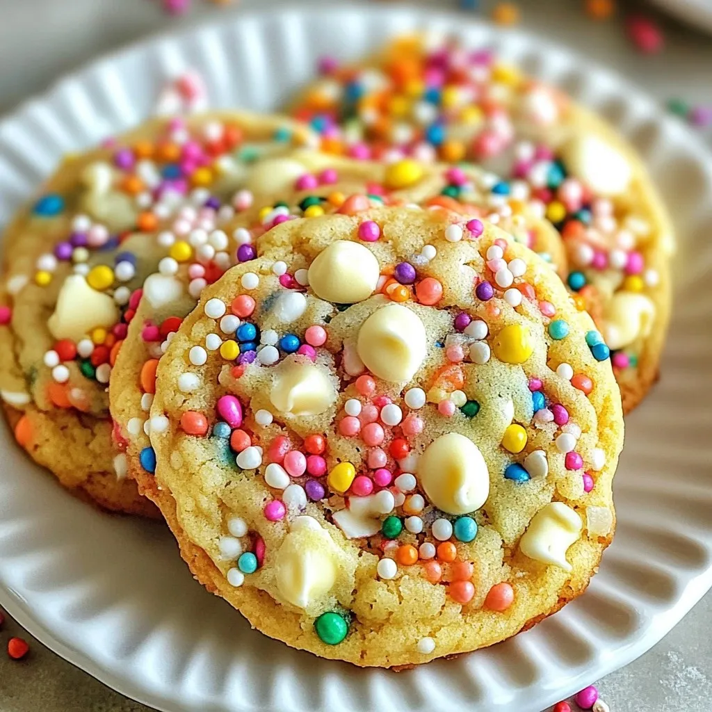 - 1 cup unsalted butter, softened - 1 cup granulated sugar - 1 cup brown sugar - 2 large eggs - 2 teaspoons pure vanilla extract - 3 cups all-purpose flour - 1 teaspoon baking soda - 1 teaspoon baking powder - 1/2 teaspoon salt - 1 cup rainbow sprinkles - 1/2 cup white chocolate chips (optional) Soft Funfetti Cookies start with simple ingredients that create a magical treat. First, the butter gives a rich flavor and helps the cookies stay soft. Use unsalted butter, as it lets you control the salt better. Granulated sugar and brown sugar blend together for sweetness. The white sugar adds a light crunch, while brown sugar brings moisture and chewiness. Eggs are key. They bind the dough and add moisture. Make sure they are at room temperature for best results. Pure vanilla extract adds a warm flavor that enhances the cookies. For the dry mix, you need all-purpose flour, baking soda, baking powder, and salt. The flour forms the base, while baking soda and baking powder help the cookies rise. Salt balances the sweetness. Rainbow sprinkles make these cookies fun and colorful. You can add white chocolate chips for extra sweetness. Gather these ingredients, and you’re ready to create delicious Soft Funfetti Cookies! {{ingredient_image_2}} 1. First, preheat your oven to 350°F (175°C). This step is key for even baking. 2. Prepare two baking sheets by lining them with parchment paper. This helps the cookies from sticking. 3. In a large bowl, mix 1 cup of softened butter with 1 cup of granulated sugar and 1 cup of brown sugar. Use an electric mixer on medium speed. Beat until the mix is light and fluffy, around 3-4 minutes. 1. Next, add the eggs to your butter mix, one at a time. Mix well after each egg. 2. Then, pour in 2 teaspoons of pure vanilla extract. Mix until combined. 1. In another bowl, whisk together 3 cups of all-purpose flour, 1 teaspoon of baking soda, 1 teaspoon of baking powder, and 1/2 teaspoon of salt. This ensures even mixing. 2. Gradually add this dry mix to your wet ingredients. Stir gently until just combined. Avoid overmixing to keep cookies soft. 1. Carefully fold in 1 cup of rainbow sprinkles. You can also add 1/2 cup of white chocolate chips if you like. This adds sweetness and fun colors. 2. Use a tablespoon or cookie scoop to drop rounded balls of dough onto the prepared sheets. Space them about 2 inches apart. 1. Press a few extra sprinkles on top of each dough ball before baking. This makes them look even prettier. 2. Bake the cookies for 10-12 minutes. Keep an eye on them. The edges should be lightly golden, and the centers should look a bit underbaked. This gives that chewy texture. 3. After baking, let them cool on the sheets for about 5 minutes. Then, move them to a wire rack to cool completely. To make soft funfetti cookies, do not overmix the dough. Overmixing adds air and makes cookies tough. Mix until the dry and wet ingredients just combine. This ensures a chewy texture. Bake your cookies at 350°F (175°C) for 10 to 12 minutes. Keep an eye on the edges; they should just turn golden. The centers should look slightly underbaked. This will give you that soft, chewy bite. Using room temperature ingredients is key. Softened butter and eggs blend better, giving your cookies a smooth texture. This also helps the sugars cream well, creating a fluffy mix. You can add fun twists to your cookies! Try mixing in nuts, chocolate chips, or even dried fruit. For a seasonal touch, add pumpkin spice in the fall or peppermint in winter. Each option brings a new flavor adventure. Serving your cookies is all about fun! Arrange them on a bright, colorful plate. Stack them high for a tower of joy or use a tiered stand for drama. Scatter extra sprinkles around the base for a festive look. For decoration, press sprinkles on top of each dough ball before baking. This adds a fun touch and makes them even more appealing. Let your creativity shine! Pro Tips Chill the Dough: For thicker cookies, refrigerate the dough for at least 30 minutes before baking. This helps prevent spreading and maintains a chewy texture. Use Fresh Sprinkles: Ensure your rainbow sprinkles are fresh for the brightest colors and best texture. Old sprinkles can lose their vibrancy and crunch. Experiment with Mix-Ins: Feel free to customize your cookies by adding nuts, dried fruits, or different types of chocolate chips for unique flavors. Check for Doneness: The cookies should look slightly underbaked in the center when you take them out. They'll continue to cook on the baking sheet as they cool. {{image_4}} You can switch up the funfetti cookies to create new flavors. One great option is chocolate funfetti cookies. To do this, simply add 1/2 cup of cocoa powder when mixing your dry ingredients. This will give you a rich and tasty chocolate base. Fold in the rainbow sprinkles as usual for that fun, colorful surprise! Another fun option is holiday-themed funfetti cookies. For Christmas, add red and green sprinkles. For Easter, use pastel colors. You can also mix in seasonal flavors, like peppermint extract for winter or orange zest for summer. The key is to have fun with it! If you need a gluten-free version, it’s easy to adapt this recipe. Start by substituting all-purpose flour with a gluten-free flour blend. Look for one that contains xanthan gum, as it helps bind the cookies. You may need to adjust other ingredients too. For example, if the dough feels too dry, add a splash of milk or an extra egg. Keep checking the dough's texture. It should be soft and slightly sticky for the best results. To make vegan funfetti cookies, swap out the butter and eggs. You can use coconut oil or vegan butter in the same amount as butter. For eggs, use flax eggs. Mix one tablespoon of ground flaxseed with three tablespoons of water. Let it sit for five minutes until it thickens. You may also want to tweak the sugar. Use coconut sugar for a deeper flavor. Adjust the baking time slightly, as vegan cookies can bake faster. Aim for a golden edge and a soft center. To keep your funfetti cookies fresh, store them in an airtight container. This helps keep moisture inside. I recommend using a cookie jar or a plastic container with a lid. You can also add a slice of bread to the container. The bread keeps the cookies soft and moist. You can freeze cookie dough for later use. Scoop the dough into balls and place them on a baking sheet. Freeze them for about an hour, then transfer them to a zip-top bag. This method keeps the dough fresh. When you’re ready to bake, no need to thaw. Just bake straight from the freezer! Add a minute or two to the baking time. These cookies stay fresh for about one week at room temperature. If you store them properly, they can last longer. Look for signs of staleness, like a dry or hard texture. If they lose their soft chewiness, it’s time to toss them out. Enjoy your funfetti cookies while they’re still fresh and tasty! Can I use different types of sprinkles? Yes, you can use any sprinkles you like. Try chocolate, seasonal, or themed sprinkles. They all add fun color and taste to your cookies. What can I substitute for white chocolate chips? You can use semi-sweet chocolate chips, milk chocolate chips, or even nuts. Each option gives a different twist to the cookies. How do I prevent cookies from spreading too much? Chill the cookie dough for at least 30 minutes before baking. This helps them hold their shape. You can also increase the flour slightly. Why are my cookies flat? Flat cookies often mean too little flour or too much sugar. Make sure to measure your ingredients correctly. Also, check your butter; it should be softened, not melted. What should I do if the dough is too dry? If your dough is too dry, add a little milk or water. Start with one tablespoon at a time until you reach the right consistency. How can I fix cookies that are too chewy? Overbaking can cause chewy cookies. Try lowering the baking time slightly. Also, make sure not to overmix the dough, as this can change the texture. You’ve learned how to make fun and delicious cookies. We covered the key ingredients, easy steps, and tips for perfecting your bake. Remember, the right mix of butter, sugar, and sprinkles makes all the difference. Try the variations for a new twist. Store your cookies smartly to keep them fresh. Baking cookies can be fun and rewarding. Enjoy sharing these treats with friends and family!